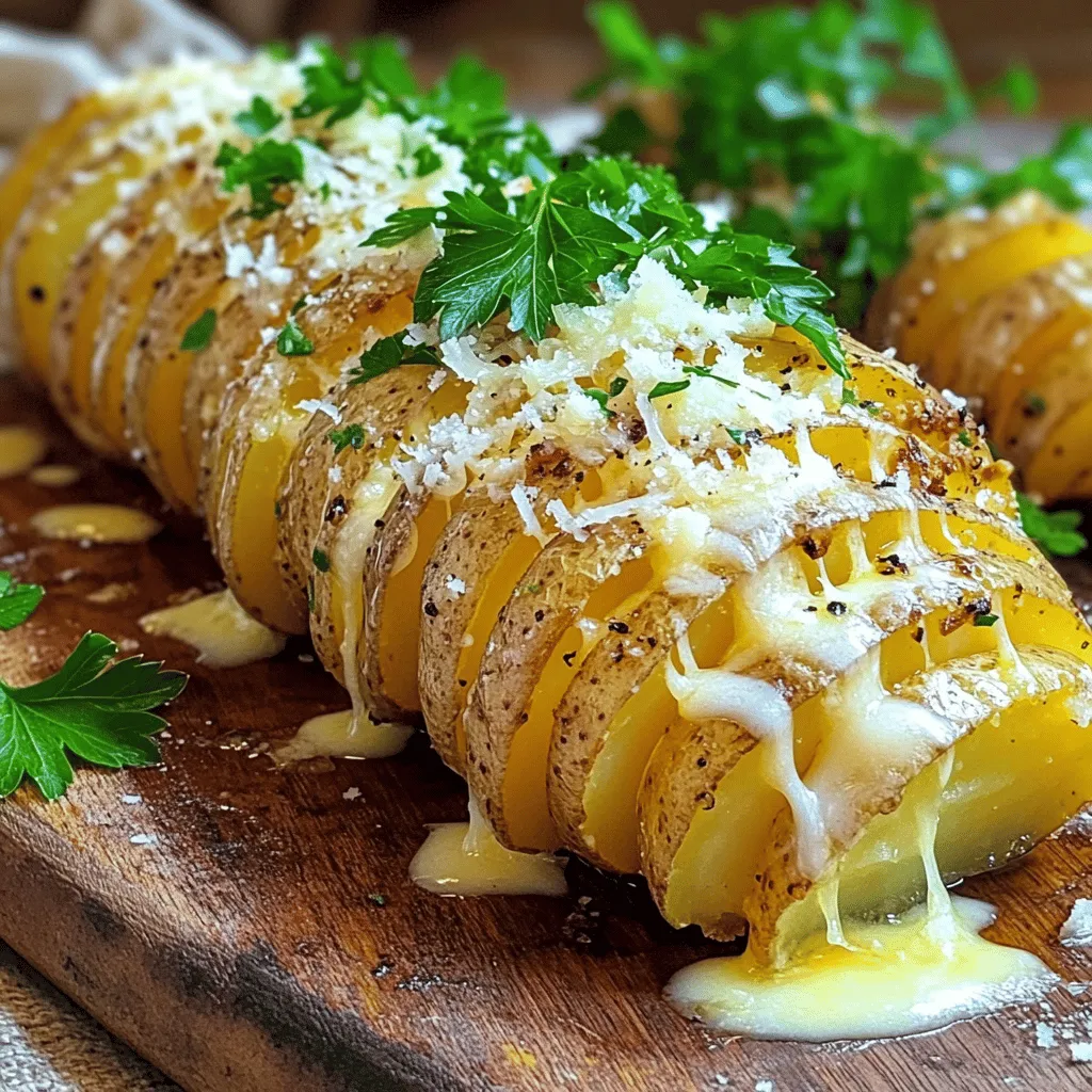 - 4 medium-sized russet potatoes - 4 tablespoons unsalted butter, melted - 4 cloves garlic, minced - 1 teaspoon dried thyme - 1 teaspoon paprika - 1 cup grated Parmesan cheese - 1 teaspoon sea salt - ½ teaspoon black pepper - 2 tablespoons fresh parsley, chopped (for garnish) I love using russet potatoes because they get crispy on the outside and fluffy inside. Use fresh garlic for the best taste. The butter adds richness, while thyme and paprika bring a warm flavor. Parmesan cheese gives a nice salty bite, and parsley adds a pop of color. - Additional herbs (e.g., rosemary, oregano) - Different cheese options (e.g., mozzarella, cheddar) Feel free to mix up the herbs. Rosemary gives a nice earthy taste. Oregano adds a hint of sweetness. You can also try different cheeses. Mozzarella melts beautifully, while cheddar adds sharpness. Experiment with what you like! 1. Preheat your oven to 425°F (220°C). This step is key for crispy skin. 2. Wash the russet potatoes under cold water. Make sure to scrub off any dirt. 3. Pat the potatoes dry with a towel. This helps the skin crisp up nicely. 1. To create the Hasselback look, place each potato between two chopsticks or wooden spoons. This stops you from cutting all the way through. 2. Carefully slice the potatoes into thin pieces. Aim for slices about 1/8 inch apart. Stop just before the bottom to keep them together. 1. In a small bowl, mix melted butter, minced garlic, dried thyme, paprika, sea salt, and black pepper. This blend will give your potatoes great flavor. 2. Use a brush to apply the garlic butter mixture. Make sure to get it between the slices of each potato. This adds flavor right where you want it. 1. Place the sliced potatoes on a baking sheet lined with parchment paper. Bake them for about 45 minutes. Baste them with the leftover garlic butter halfway through for extra flavor. 2. After 45 minutes, take the potatoes out. Sprinkle grated Parmesan cheese on top. Bake for an additional 10-15 minutes until the cheese is golden and crispy. These steps will lead you to a delicious Garlic Parmesan Hasselback Potato dish. Enjoy the process as much as the tasty result! To make the perfect Hasselback cut, you want to avoid cutting all the way through. Place each potato between two chopsticks or wooden spoons. This technique keeps your slices even and helps you stop at the bottom. It’s simple, but it works wonders. A sharp knife is key here. Use a thin, sharp knife for clean cuts. This way, you won’t squish the potato. To make your Garlic Parmesan Hasselback Potatoes pop, consider adding more spices. You can try rosemary or oregano for a fresh twist. For a little kick, add red pepper flakes. Adjust the saltiness by using low-sodium butter or cheese. If you like heat, sprinkle in some cayenne pepper. These small tweaks can elevate your dish and make it your own. Presentation makes a big impact. Serve your potatoes on a rustic wooden board or a simple white platter. This allows the golden cheese and green parsley to stand out. Drizzle any leftover garlic butter over the top for extra flavor. Pair the potatoes with a crisp salad or grilled veggies. These sides balance the rich flavors of the dish and create a complete meal. {{image_2}} You can take your Garlic Parmesan Hasselback Potatoes to another level. Try adding toppings like crispy bacon or creamy sour cream. The salty crunch of bacon pairs perfectly with the soft potato and rich garlic flavor. Just cook the bacon until crispy, chop it up, and sprinkle it over the potatoes before serving. For a creamy touch, add a dollop of sour cream on top. It adds a nice tang and makes each bite even more delicious. If you want a vegan twist, you can easily swap out the butter and cheese. Use olive oil instead of butter for a lighter taste. For the cheese, try nutritional yeast or a store-bought vegan cheese. These options give you that cheesy flavor without using dairy. Just mix the oil with the garlic and spices, then brush it on the potatoes as you would with the butter. Experimenting with herbs can change the whole dish. You can add fresh herbs like rosemary or oregano for a unique flavor. These herbs work well with the garlic and Parmesan. Simply chop them finely and mix them into your garlic butter. You can also try adding a pinch of chili flakes for a bit of heat. This way, each bite can have a new twist, making your Hasselback potatoes even more exciting! To store leftover Garlic Parmesan Hasselback Potatoes, let them cool first. Place them in an airtight container. This keeps them fresh and tasty. You can store them in the fridge for up to three days. Make sure to separate any extra garlic butter to use later. To reheat your leftovers, the oven works best. Preheat your oven to 350°F (175°C). Place the potatoes on a baking sheet. Cover them with foil to keep the moisture in. Heat for about 15-20 minutes. This method helps keep the potatoes crispy and tasty. You can also use a microwave, but the texture might change. You can freeze Hasselback potatoes, but they may lose some texture. After cooling, wrap each potato tightly in plastic wrap. Place them in a freezer bag to prevent freezer burn. They can stay frozen for up to a month. When ready to eat, thaw them in the fridge overnight. Then, reheat them in the oven for the best results. Hasselback potatoes are a special way to cut and bake potatoes. They have thin slices, but stay whole. This method started in Sweden at a restaurant called Hasselbacken. The name comes from there. The slices help the potatoes get crispy on the outside and soft on the inside. Yes, you can use other types of potatoes. While russet potatoes work well, you can try: - Yukon Gold potatoes for a creamier taste. - Red potatoes for a waxy texture that holds shape. - Sweet potatoes for a sweet twist. Each type gives a different flavor and texture. You’ll know when the potatoes are done by looking for these signs: - They should be golden brown and crispy on top. - A fork should slide in easily without resistance. - The cheese should be melted and slightly crispy. When you see these signs, your potatoes are ready to serve. Garlic Parmesan Hasselback potatoes go well with many dishes. Some great options include: - A fresh green salad for a light side. - Grilled chicken for protein. - Roasted vegetables for added flavor. These pairings create a complete and delicious meal. Hasselback potatoes are a fun and tasty side. You learned the needed ingredients, preparation steps, and tips for perfecting the cut. You can add variations, like loaded or vegan options. Storing leftovers is easy with the right techniques. Remember, making these potatoes can be a colorful experience. Try different herbs or spices for more flavor. Enjoy sharing this dish with family and friends. You'll impress them with your kitchen skills. Let your creativity shine; cooking should be fun! Enjoy every bite of your delicious creation.
