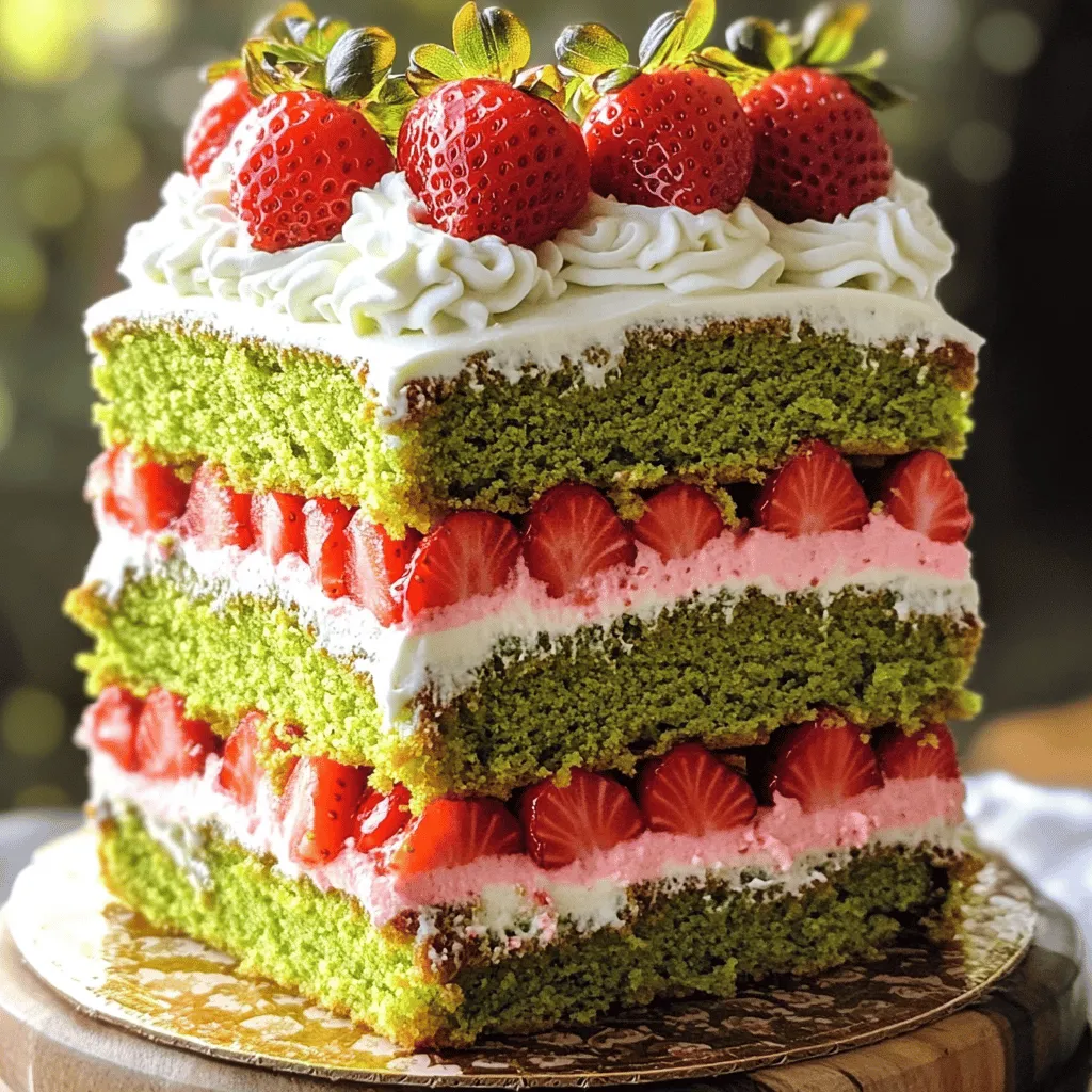 To start, you need 2 cups of all-purpose flour. This gives the cake its structure. Next, use 1 ½ cups of granulated sugar. This adds sweetness and helps the cake rise. You will also need ½ cup of unsalted butter, softened. This makes the cake rich and moist. You need 4 large eggs. They bind the cake together and add moisture. Use 1 cup of milk to keep the batter smooth and creamy. Use 2 tablespoons of matcha powder. This gives the cake its unique flavor and color. You will also need 1 tablespoon of baking powder to help the cake rise. Don’t forget 1 teaspoon of vanilla extract for extra flavor. Lastly, add ¼ teaspoon of salt to balance the sweetness. For the fruity taste, use 1 cup of fresh strawberries, finely chopped. They add sweetness and a vibrant color. For the frosting, you will need 1 cup of heavy whipping cream. This creates a light, fluffy texture. Add 2 tablespoons of powdered sugar to sweeten the whipped cream. Finally, keep extra fresh strawberries for garnish. They make your cake look pretty and fresh. - Prepping Your Cake Pans Start by preheating your oven to 350°F (175°C). Grease and flour three 8-inch round cake pans. This step helps the cake come out easily after baking. - Mixing Wet Ingredients In a large bowl, cream together ½ cup of softened unsalted butter and 1 ½ cups of granulated sugar. Mix until it looks light and fluffy. Add 4 large eggs one at a time. After each egg, mix well. Finally, stir in 1 teaspoon of vanilla extract. - Combining Dry Ingredients In another bowl, whisk together 2 cups of all-purpose flour, 2 tablespoons of matcha powder, 1 tablespoon of baking powder, and ¼ teaspoon of salt. This mix gives your cake a nice green color and flavor. - Baking at the Right Temperature Gradually add the dry mix to the wet mix. Alternate with 1 cup of milk. Start and end with flour. Mix until just combined. Then, gently fold in 1 cup of finely chopped strawberries. Divide the batter among the prepared pans. Bake for 25-30 minutes. Insert a toothpick in the center. If it comes out clean, your cake is ready. - Cooling Instructions Allow the cakes to cool in the pans for 10 minutes. Then, move them to a wire rack to cool completely. This step is key to avoid soggy layers. - Layering and Frosting Techniques Once the cakes are cool, place one layer on a serving plate. Spread whipped cream on top and add fresh strawberry slices. Repeat with the second layer. Top with the final cake layer. Frost the top and sides with the remaining whipped cream. - Garnishing with Fresh Strawberries Finish by garnishing with fresh strawberries on top. This adds a colorful touch and fresh flavor. Now, your Matcha Strawberry Layer Cake is ready to impress! Importance of Room Temperature Ingredients Using room temperature ingredients is crucial. It helps the butter and sugar blend well. This mix creates a light and fluffy batter. Cold eggs or milk can make the cake dense. So, take your eggs and milk out of the fridge an hour before you start. Mixing Techniques When mixing, be gentle. Over-mixing can lead to a tough cake. Combine the wet and dry ingredients until just mixed. Use a spatula to fold in strawberries carefully. This keeps the strawberries intact and adds lovely bursts of flavor. Best Practices for Incorporating Matcha Matcha is key to this cake. Sift the matcha powder with the dry ingredients. This helps break up clumps and spreads the flavor evenly. Taste as you go. If you want it stronger, add a bit more matcha. Strawberry Preparation Tips For the best flavor, use fresh strawberries. Wash and finely chop them. Toss them in a little sugar before adding to the batter. This draws out their natural juices and enhances their sweetness. Making Stiff Peaks with Whipping Cream For the frosting, use heavy whipping cream. Chill the bowl before whipping. Beat the cream until stiff peaks form. This means the cream holds its shape well. Add powdered sugar slowly for sweetness. Decorating Techniques When decorating, spread frosting evenly on the sides and top. Use a spatula for smooth edges. For a fun touch, place fresh strawberries on top. You can also create a pattern with leftover frosting. This adds a nice finish to your cake. {{image_2}} Alternative Fruit Options You can switch up the fruit in your cake. Try using blueberries, raspberries, or peaches. Each fruit adds a unique taste. Fresh fruit pairs well with matcha. You could even mix berries for a fun twist! Different Frosting Ideas While whipped cream is light and tasty, consider other frostings. Cream cheese frosting adds a tangy flavor. A chocolate ganache will make it rich and decadent. For a fruity touch, use strawberry or lemon frosting. Each option changes the cake's vibe! Gluten-Free Matcha Strawberry Layer Cake To make this cake gluten-free, swap the all-purpose flour. Use a gluten-free flour blend instead. This mix typically contains rice flour and starches, which work well. Ensure your baking powder is gluten-free too. Follow the same steps as in the original recipe! Vegan Version of the Cake For a vegan twist, replace eggs with flaxseed meal. Use 1 tablespoon of flaxseed with 3 tablespoons of water for each egg. Swap milk for almond or oat milk. Use coconut oil instead of butter. Stick to the original recipe steps for best results! To keep your matcha strawberry layer cake fresh, store it in the fridge. First, slice the cake into pieces. Then, place the slices in an airtight container. This helps keep the cake moist and tasty. If you don’t have a container, wrap the cake slices in plastic wrap. This keeps air out and moisture in. For longer storage, you can freeze the cake. Cut the cake into slices first. Wrap each piece in plastic wrap tightly. Then, place the wrapped slices in a freezer bag. Label the bag with the date. You can freeze the cake for up to three months. To enjoy, just thaw it in the fridge overnight. To reheat your cake, it’s best to do it gently. Preheat your oven to 350°F (175°C). Place the cake slices on a baking sheet. Cover them with foil to keep moisture in. Heat in the oven for about 10 minutes. This warms the cake while keeping it soft. If you want to serve it warm, you can use a microwave. Heat each slice for about 15-20 seconds. Check to see if it’s warm enough. Avoid overheating, as it can dry out the cake. Enjoy your delicious matcha strawberry layer cake even after storing! What can I substitute for matcha powder? You can use green tea powder if you can't find matcha. Other options include spirulina or cacao powder. These will change the taste and color, but they can still work. Can I use frozen strawberries in this recipe? Yes, you can use frozen strawberries. Just thaw and drain them well before adding. This helps keep the cake from getting too wet. How can I make the cake ahead of time? You can bake the cake a day before. Just wrap the cooled layers in plastic wrap and store them in the fridge. Frost the cake on the day you plan to serve it for the best taste. Why did my cake sink? A cake may sink due to too much liquid or not enough flour. Make sure to measure ingredients accurately. Also, avoid opening the oven too soon while baking. How do I know when the cake is fully baked? To check if the cake is done, insert a toothpick in the center. If it comes out clean, your cake is ready. If it has batter on it, bake a few more minutes. What can I do if my frosting is too runny? If your frosting is too runny, chill it in the fridge for a bit. Then, whip it again. You can also add more powdered sugar to thicken it up. You learned how to make a delicious Matcha Strawberry Layer Cake. We covered essential ingredients, preparation, baking, and assembly. Tips and tricks helped you achieve a great texture and flavor. Explore variations for special diets or different flavors. Now, you can store leftover cake and reheat it properly. Enjoy baking this cake and impress your friends and family. With these steps, you can create a treat everyone loves. Happy baking!