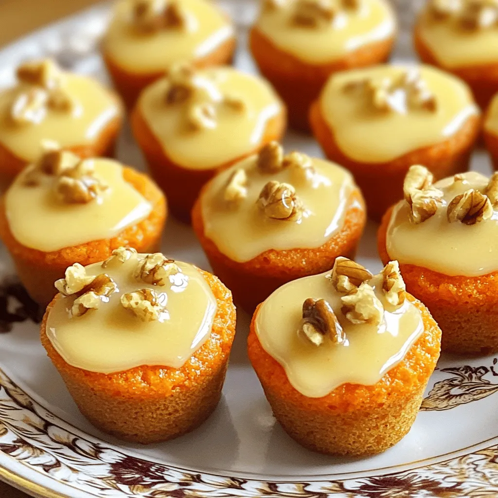 - 1 cup grated carrots - 1/2 cup all-purpose flour - 1/2 cup rolled oats - 1/3 cup maple syrup - 1/4 cup unsweetened applesauce These main ingredients create a base for tasty bites. Grated carrots add moisture and sweetness. The flour and oats give structure, making each bite chewy yet soft. Maple syrup adds a rich flavor, while applesauce keeps the bites tender. - 1/4 cup chopped walnuts - 1/2 teaspoon vanilla extract You can add chopped walnuts for crunch. They also bring a nutty taste that pairs well with carrots. A splash of vanilla extract brightens the flavor and adds warmth. Feel free to mix and match these add-ins based on your taste! - 1/2 cup cream cheese, softened - 2 tablespoons maple syrup - 1 tablespoon milk The glaze elevates these bites to a new level. Cream cheese provides creaminess and a slight tang. Maple syrup in the glaze adds sweetness and depth. A little milk helps to create a smooth, pourable consistency for drizzling over the bites. - Preheat your oven to 350°F (175°C). - Line a mini muffin tin with paper liners. - In a large bowl, mix the flour, oats, baking soda, cinnamon, nutmeg, and salt. Stir until well combined. - In another bowl, whisk together the grated carrots, maple syrup, applesauce, and vanilla until smooth. - Gradually fold the wet mixture into the dry ingredients. Stir gently until just combined. If you like, add chopped walnuts now. - Spoon the mixture into the mini muffin tin, filling each cup about three-quarters full. - Bake for 12-15 minutes. Use a toothpick to check if they are done. If it comes out clean, they’re ready. Cool in the pan for 5 minutes before transferring them to a wire rack. - While the bites cool, mix the cream cheese, 2 tablespoons of maple syrup, and milk in a bowl. Stir until smooth and creamy. - Once the bites are cool, drizzle or spread the maple glaze over each one. Enjoy your tasty treats! To check if your carrot cake bites are done, use a toothpick. Insert it into the center. If it comes out clean, they are ready. If not, bake them a bit longer. Common issues include bites that are too dry or too moist. If they are dry, try reducing the baking time. If they are too moist, ensure you mixed the batter well. These bites pair well with coffee or tea. They are great for brunch or snack time. For a fun twist, serve them with a scoop of vanilla ice cream. Presentation matters! Arrange the bites on a colorful plate. You can top them with chopped walnuts or shredded coconut for flair. Want to spice things up? Add a pinch of ginger or cloves for warmth. You can also mix in some orange zest for a fruity twist. For extra crunch, try adding sunflower seeds or extra walnuts to the batter. They will give your bites a nice texture. {{image_2}} You can make these bites gluten-free by using almond flour or coconut flour. Both options work well in this recipe. If you want to make the glaze vegan, try using coconut cream instead of cream cheese. You can mix it with maple syrup and a bit of almond milk for a creamy texture. Adding different nuts or fruits can change the flavor a lot. Chopped pecans or hazelnuts add a nice crunch. You can also mix in dried fruits like raisins or cranberries for extra sweetness. Adjusting sweetness is easy too. If you like it less sweet, reduce the maple syrup or add a bit of unsweetened applesauce. You can scale this recipe up or down based on your needs. For a party, double the batch to make 48 bites. If you want smaller bites, use a mini muffin tin and fill each cup halfway. For larger bites, fill each cup to the top and bake a bit longer. Enjoy the flexibility! To keep your maple glazed carrot cake bites fresh, use airtight containers. Glass or plastic containers work well. Make sure they seal tight. This helps keep moisture in and air out. You can refrigerate or freeze them for longer storage. - Refrigeration: Store the bites in the fridge for about a week. - Freezing: For longer storage, freeze them. Use freezer-safe bags or containers. They can last up to three months in the freezer. When stored properly, these carrot cake bites will last about a week in the fridge. If frozen, they stay good for three months. To tell if they are bad, watch for signs like mold or an off smell. If you see or smell something strange, throw them out. To enjoy your bites warm, reheat them gently. Use the microwave for quick warming. Heat for about 10-15 seconds at a time. Check them often to avoid overheating. You can also refresh the flavors by warming them in the oven. Set the oven to 300°F (150°C) for about 5-10 minutes. This method helps keep them nice and soft. How to make these bites more moist? To add moisture, use more applesauce. You can also add an extra tablespoon of maple syrup. This helps keep the bites tender and soft. Can I use frozen carrots? Yes, you can use frozen carrots. Just make sure to thaw and drain them first. This keeps excess water from making the batter too wet. What can be used instead of maple syrup? If you don’t have maple syrup, honey or agave syrup works well. Both will add sweetness and flavor to the bites. Can I replace the eggs in this recipe? Yes, you can replace eggs with flaxseed meal or chia seeds. Mix one tablespoon with three tablespoons of water. Let it sit for a few minutes to thicken. How to adjust baking time for different ovens? Every oven is different. Start checking your bites a few minutes early. Insert a toothpick in the center. If it comes out clean, they are ready. Recommendation for using larger muffin tins or other baking dishes If you use larger muffin tins, increase baking time by 5 to 10 minutes. Always check for doneness with a toothpick to ensure they are baked through. We explored how to make delicious carrot cake bites, starting with essential ingredients. I shared step-by-step instructions, handy tips, and creative variations. You can use gluten-free flour or vegan options to suit your needs. Proper storage ensures their freshness. If you want to switch things up, many flavor ideas allow you to customize your treats. Enjoy your baking adventure, and remember, these bites can brighten any occasion. Don’t hesitate to experiment and make them your own!