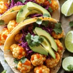 - 1 medium head of cauliflower, cut into florets - 1 cup all-purpose flour - 1 cup water - 1 teaspoon garlic powder - 1 teaspoon onion powder - 1 teaspoon smoked paprika - 1 teaspoon salt - 1/2 cup buffalo sauce (adjust to taste) - 8 small corn tortillas - 1 avocado, sliced - 1/2 cup red cabbage, finely shredded - 1/4 cup fresh cilantro, chopped - 1 lime, cut into wedges - Optional: Blue cheese or dairy-free cheese for topping Cauliflower florets are the star of this dish. They soak up flavors well and become crispy when baked. The all-purpose flour forms a batter that coats the cauliflower and adds crunch. Garlic powder, onion powder, smoked paprika, and salt give the batter a savory kick. You can customize toppings to your taste. Creamy avocado slices add richness. Shredded red cabbage gives a nice crunch and color. Fresh cilantro adds a burst of flavor. Don’t forget the lime wedges for a zesty finish. If you want more creaminess, try adding blue cheese or a dairy-free option. This mix of ingredients creates a delicious, plant-based taco that's packed with flavor. Try it out and enjoy every bite! 1. Prepping the oven and baking sheet First, preheat your oven to 450°F (230°C). Line a baking sheet with parchment paper. This step keeps the cauliflower from sticking and makes cleanup easier. 2. Creating the batter for the cauliflower In a large bowl, mix together 1 cup of all-purpose flour, 1 cup of water, 1 teaspoon of garlic powder, 1 teaspoon of onion powder, 1 teaspoon of smoked paprika, and 1 teaspoon of salt. Stir until smooth. The batter should coat the cauliflower well but not be too thick or lumpy. 3. Baking the cauliflower until crispy Take each cauliflower floret and dip it into the batter. Let the extra batter drip off. Place the florets in a single layer on the baking sheet. Bake for 20-25 minutes. Turn the cauliflower halfway through for even crispiness. The goal is a golden brown color. 1. Tossing cauliflower with buffalo sauce Once the cauliflower is crispy, take it out of the oven. Put it in a mixing bowl and pour 1/2 cup of buffalo sauce over the florets. Toss gently to make sure all pieces are covered well. 2. Warming the corn tortillas In a dry skillet, warm 8 small corn tortillas over medium heat for about 30 seconds on each side. This makes them soft and easy to fold. 3. Filling and garnishing the tacos Take the warmed tortillas and fill each with a good amount of buffalo cauliflower. Add sliced avocado, shredded red cabbage, and chopped cilantro on top. Serve with lime wedges on the side. Optionally, sprinkle with blue cheese or dairy-free cheese for extra flavor. To make the best buffalo cauliflower, focus on the batter. You need a thick batter that coats the cauliflower well. Mix one cup of flour with one cup of water. Add garlic powder, onion powder, smoked paprika, and salt. Whisk until it's smooth. If the batter is too thin, add more flour. If it’s too thick, add a little water. For crispy cauliflower, ensure the florets are well-coated but not dripping. Arrange them in one layer on the baking sheet. Bake them at 450°F for 20 to 25 minutes. Turn the florets halfway through to get an even crunch. The goal is to have a golden, crispy texture that holds the buffalo sauce well. Now, let’s talk toppings! Avocado slices add creaminess, while red cabbage gives a nice crunch. Fresh cilantro brightens the flavors. You can also sprinkle some blue cheese or dairy-free cheese on top for a rich taste. For side dishes, consider serving these tacos with a simple salad or some rice. A side of roasted veggies also pairs well. You can even offer extra lime wedges for a zesty kick. Enjoy your meal! {{image_2}} To make these Buffalo Cauliflower Tacos gluten-free, you can swap the all-purpose flour. Use gluten-free flour blends instead. These blends work well in the batter, keeping the taste and texture intact. If you want to avoid dairy, try using dairy-free cheese. Many brands offer great options that melt nicely. You can also leave out the cheese altogether. The tacos still taste amazing without it. You can spice up your tacos by adding more sauces. Try a drizzle of sriracha or a spicy ranch for an extra kick. You can also mix buffalo sauce with a bit of honey for a sweet and spicy combo. Consider using alternative veggies for filling. Roasted bell peppers or mushrooms add a nice twist. You can even add some black beans for extra protein and richness. These simple changes keep the dish fresh and exciting. To store leftover Buffalo Cauliflower Tacos, place them in an airtight container. This keeps them fresh and tasty. Make sure to cool the tacos before sealing the container. They will last in the fridge for 3 to 4 days. After that, the flavor and texture may change. To reheat, you want to keep that crispy texture. The best method is using an oven. Preheat your oven to 350°F (175°C). Place the tacos on a baking sheet and heat for about 10 minutes. If you want to reheat the tortillas, warm them in a dry skillet over low heat. This makes them soft again. Avoid using a microwave, as it can make them tough. Enjoy your tacos just like they were fresh! Yes, you can prepare the cauliflower earlier. Bake the cauliflower and toss it in buffalo sauce. Store it in the fridge. When you're ready to eat, warm it up and assemble the tacos. The flavor remains great, and it saves time. To add heat, use more buffalo sauce. You can mix in hot sauce or cayenne pepper too. If you like extra spice, try adding jalapeños or a sprinkle of chili flakes. Taste as you go to get your preferred heat level. If you don’t have buffalo sauce, try hot sauce mixed with melted vegan butter. You can also use a BBQ sauce for a different flavor. For a milder option, mix sriracha with a bit of lime juice. This gives a nice kick without overpowering. Absolutely! The recipe uses cauliflower and plant-based ingredients, making it a vegan meal. The batter has no eggs or dairy. You can use dairy-free cheese if you want to add a cheesy element. Enjoy a tasty vegan treat! In this article, we explored the ingredients for Buffalo Cauliflower Tacos, covering everything from the main ingredients to the perfect batter. I shared step-by-step instructions for prepping, baking, and assembling your tacos, along with tips to ensure crispiness. You now know some delicious variations and how to store leftovers. When made right, these tacos can be a fun and tasty meal. Enjoying creative food can spark joy in cooking. Dive in and try these tacos today!