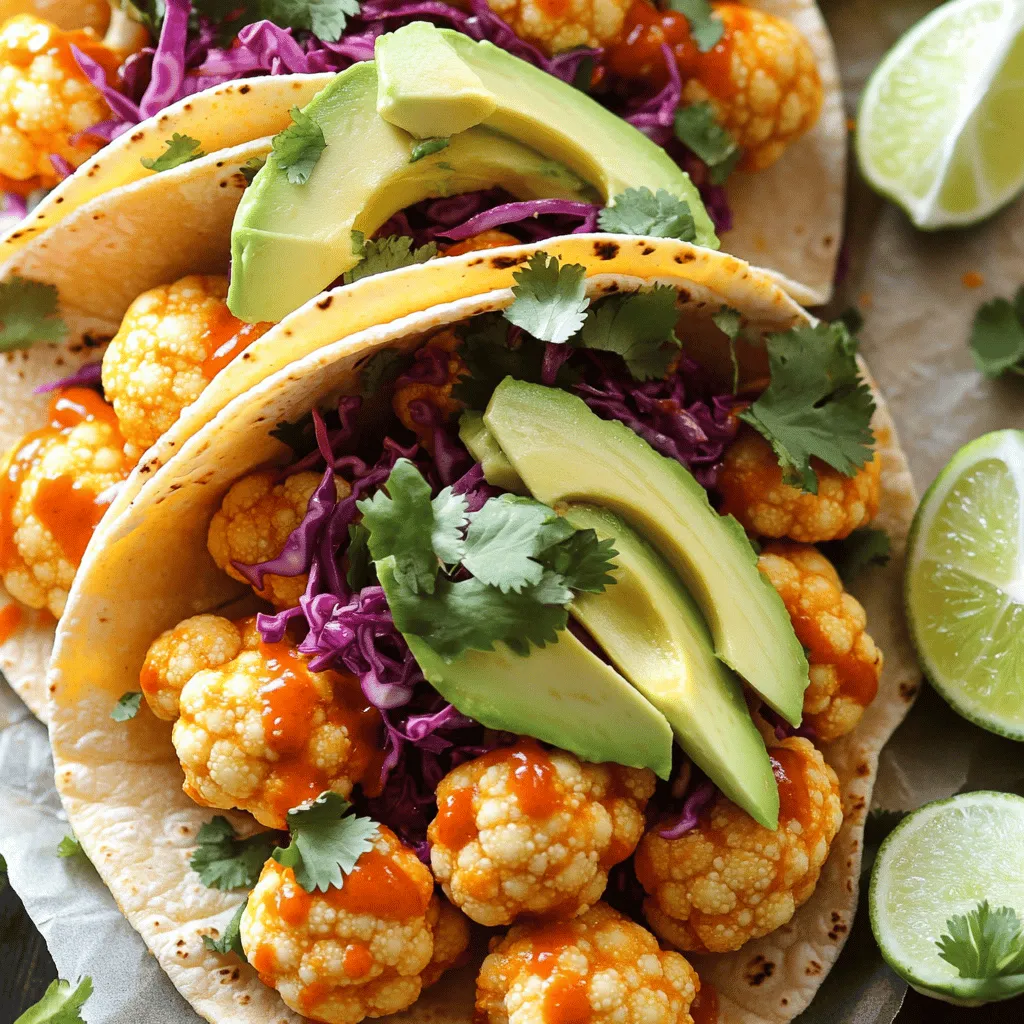 - 1 medium head of cauliflower, cut into florets - 1 cup all-purpose flour - 1 cup water - 1 teaspoon garlic powder - 1 teaspoon onion powder - 1 teaspoon smoked paprika - 1 teaspoon salt - 1/2 cup buffalo sauce Cauliflower is the star of this dish. It adds texture and absorbs flavors well. The batter, made from flour and water, gives the cauliflower a crispy coating. Garlic powder, onion powder, smoked paprika, and salt create a tasty spice mix. Finally, buffalo sauce brings the heat and zest. - 8 small corn tortillas - 1 avocado, sliced - 1/2 cup red cabbage, finely shredded - 1/4 cup fresh cilantro, chopped - Optional: Blue cheese or dairy-free cheese for topping Corn tortillas provide the perfect base for the tacos. Avocado adds creaminess, while red cabbage gives a nice crunch. Fresh cilantro brightens the dish with its herbaceous notes. If you like, you can add blue cheese or a dairy-free cheese for extra flavor. These ingredients come together to create a delicious and healthy taco experience. Enjoy the burst of flavors in each bite! First, preheat your oven to 450°F (230°C). Line a baking sheet with parchment paper. This step keeps the cauliflower from sticking. Next, grab a large bowl. In this bowl, whisk together the flour, water, garlic powder, onion powder, smoked paprika, and salt. Mix until you have a thick batter. It should not be lumpy and should coat the cauliflower well. Now it’s time to dip the cauliflower. Take each floret and dip it into the batter. Let the extra batter drip off. Place them in a single layer on the baking sheet. Bake in the oven for 20-25 minutes. The cauliflower should turn golden brown and crispy. Make sure to turn them halfway through for even cooking. Once baked, remove the cauliflower from the oven. Place it in a mixing bowl. Pour the buffalo sauce over the hot cauliflower and toss gently. Ensure each floret gets a good coating of sauce. While the cauliflower cools slightly, it’s time to warm the corn tortillas. Use a dry skillet over medium heat. Heat each tortilla for about 30 seconds on each side. They should be soft and pliable. Now, assemble your tacos! Place a generous amount of buffalo cauliflower in each tortilla. Add avocado slices, shredded red cabbage, and fresh cilantro on top. Serve your tacos with lime wedges on the side for squeezing over the top. If you like, sprinkle blue cheese or dairy-free cheese for extra flavor. To get that perfect crispy texture, follow these tips: - Baking Techniques: Preheat your oven to 450°F (230°C). Use parchment paper on your baking sheet. This helps the cauliflower brown evenly. - Batter Consistency: Make sure your batter is thick enough to coat the florets. If it’s too runny, add a bit more flour. This helps create a crunchy layer when baked. If you want to switch things up, try these ideas: - Alternative Sauces: Instead of buffalo sauce, you can use barbecue sauce or sriracha for a different kick. - Additional Spices: Add cayenne pepper for heat or cumin for earthiness. A little lemon zest can brighten the flavor, too. {{image_2}} You can easily adjust this buffalo cauliflower taco recipe. If you want a vegan dish, skip the cheese or use dairy-free cheese. For a gluten-free option, you can swap regular flour for gluten-free flour. This way, everyone can enjoy these tasty tacos. Feel free to change up the toppings too. Instead of avocado, try using guacamole for a creamier texture. You can also use radishes for a crunchy bite. Add pickled onions for a tangy twist. Each topping gives a new flavor experience. These tacos are great on their own. However, they pair well with side dishes. A fresh salad or corn on the cob complements the tacos nicely. You can also serve them with black beans or rice for a heartier meal. If you want to make it a fun meal, set up a taco bar! Offer different toppings like salsa, jalapeños, and lime wedges. Let everyone build their own tacos. This way, everyone can customize their meal and enjoy the flavors they like best. To keep your buffalo cauliflower tacos fresh, store leftovers in an airtight container. Place them in the fridge. They stay good for up to three days. When you reheat, use a skillet over medium heat. This method makes the cauliflower crispy again. You can also use an oven. Preheat it to 350°F (175°C) and heat for about 10 minutes. You can freeze the buffalo cauliflower for later use. First, allow it to cool completely. Then, place it in a freezer-safe bag or container. It can last for up to three months. When you’re ready to eat, thaw it in the fridge overnight. For reheating, bake it in the oven at 375°F (190°C) for about 15 minutes. This keeps the flavor and texture nice. Buffalo cauliflower is a fun twist on the classic buffalo chicken dish. It uses cauliflower florets instead of chicken. The cauliflower gets coated in a spicy, tangy buffalo sauce. The flavor is bold and spicy, with a hint of smokiness from the spices. You get a crispy texture from baking, which makes it satisfying. It tastes great in tacos, wraps, or even on its own as a snack. Yes, you can use frozen cauliflower for this recipe. Just make sure to thaw it first. Drain any excess water to avoid a soggy texture. This might slightly change the crispiness, but it still works well. Keep in mind that fresh cauliflower gives a better crunch. If you use frozen, adjust your cooking time so it cooks through. To adjust the spice in buffalo sauce, you can do a few simple things. If you like it milder, mix in some yogurt or sour cream. This will cool down the heat. For more spice, add a dash of cayenne pepper or hot sauce. Taste as you go. This way, you can find the perfect heat level for your tacos. This blog post shared a simple recipe for buffalo cauliflower tacos. We covered the main ingredients, step-by-step instructions, and helpful tips. You can easily customize these tacos with various toppings and sauces. Remember, you can make them vegan or gluten-free as well. Enjoy making these tasty tacos that are fun to share. With a few simple steps, you have a delicious meal. Enjoy your cooking and taste adventure!