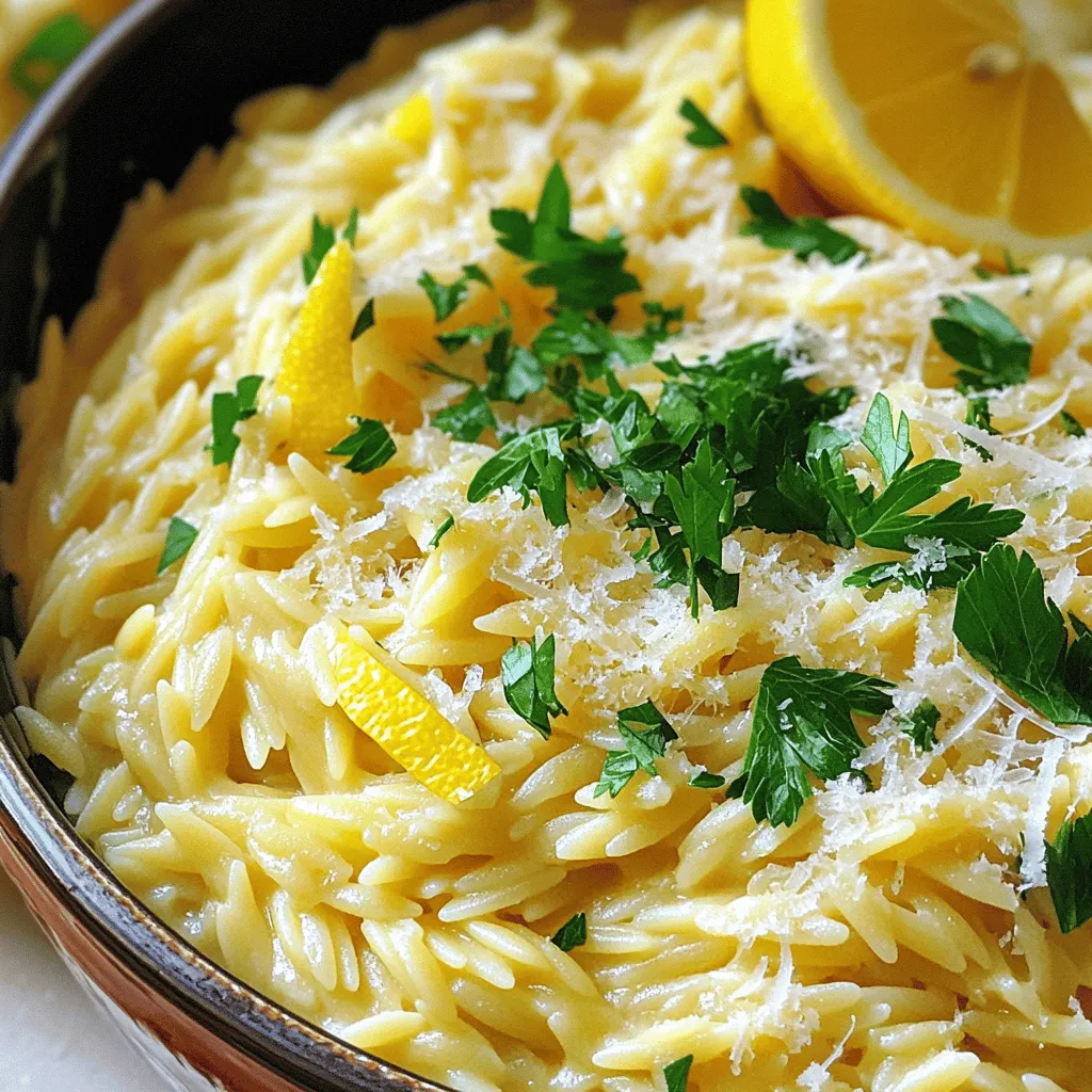 To make creamy lemon garlic orzo, gather these simple ingredients: - 1 cup orzo pasta - 2 tablespoons olive oil - 3 cloves garlic, minced - 1 cup vegetable broth - 1 cup heavy cream - Zest of 1 lemon - 2 tablespoons freshly squeezed lemon juice - 1/2 cup grated Parmesan cheese - Salt and pepper to taste - 1/4 cup fresh parsley, chopped (for garnish) These ingredients blend perfectly to create a rich and tasty dish. The orzo pasta absorbs the creamy sauce well, while the garlic and lemon add great flavor. You can add a few toppings for extra flair: - Extra grated Parmesan cheese - A slice of lemon - Crushed red pepper for heat - Toasted pine nuts for crunch These options let you customize your dish to fit your taste. They also add a nice touch to the presentation. Here’s a rough idea of what’s in each serving: - Calories: 400 - Protein: 12g - Fat: 25g - Carbohydrates: 35g - Fiber: 2g This dish is rich and filling, perfect for a cozy meal. The balance of flavors and nutrients helps you feel satisfied. Enjoy the creamy goodness while knowing you’re eating a tasty and hearty dish! To start, fill a medium pot with water. Bring it to a boil. Once boiling, add 1 cup of orzo pasta. Cook it for about 8 to 10 minutes. The orzo should be al dente. After cooking, drain it and set it aside. This step is crucial for a great texture. Next, take a large skillet and heat 2 tablespoons of olive oil over medium heat. Once hot, add 3 cloves of minced garlic. Sauté for about 1 to 2 minutes. You want the garlic to smell good, but not brown. This brings out its rich flavor. Now, pour in 1 cup of vegetable broth. Bring it to a simmer and let it reduce for about 3 to 4 minutes. Next, reduce the heat to low. Stir in 1 cup of heavy cream, the zest of 1 lemon, and 2 tablespoons of freshly squeezed lemon juice. Let it simmer for 2 to 3 minutes until it thickens slightly. This creates a creamy base. Add the cooked orzo to the skillet and mix well. Allow the orzo to soak up the creamy sauce. Finally, stir in 1/2 cup of grated Parmesan cheese. Season with salt and pepper to your taste. Remove the skillet from heat. Serve the creamy lemon garlic orzo in warm bowls. For a nice touch, top it with fresh parsley and extra Parmesan. A slice of lemon on the side looks great too. This dish is not just tasty; it also looks beautiful on your table! To avoid overcooking orzo, watch the time closely. Cook it just until al dente. This usually takes about 8 to 10 minutes. Stir the orzo a few times while it cooks. This helps it cook evenly and prevents sticking. When it's done, drain it right away and rinse with cold water. This stops the cooking process and keeps it firm. For a creamy sauce, use heavy cream and stir gently. Heat it slowly to avoid burning. Add lemon zest for brightness. Make sure to mix in the Parmesan cheese until it melts. This adds richness to the sauce. Taste as you go, adding salt and pepper as needed. If the sauce is too thick, add a splash of vegetable broth to loosen it. Here are some tools that make this dish easier: - Medium pot for boiling orzo - Large skillet for making the sauce - Measuring cups and spoons for accuracy - A sharp knife for garlic and lemon zest - A wooden spoon for stirring These tools help you cook efficiently and keep things organized. {{image_2}} You can add many veggies to your creamy lemon garlic orzo. Try spinach, peas, or zucchini. These vegetables add color and nutrients. You can sauté them with garlic for extra flavor. For a crunch, add bell peppers or broccoli. Just cook them until soft, then mix them in with the orzo. If you want to make this dish heartier, add protein. Grilled chicken or shrimp works great. Cook them separately and then toss them with the orzo. You can also use chickpeas for a plant-based option. They soak up the lemon flavor well and add a nice texture. For a dairy-free version, replace heavy cream with coconut milk or cashew cream. Both options keep the dish creamy while adding unique flavors. You can use nutritional yeast instead of Parmesan for a cheesy taste. This way, everyone can enjoy creamy lemon garlic orzo! To store your creamy lemon garlic orzo, let it cool first. Place it in an airtight container. Make sure to seal it well. Store it in the fridge for up to three days. If you want to keep it longer, consider freezing it. Reheat the orzo gently to keep it creamy. You can use a microwave or a skillet. If using a microwave, heat in short bursts. Stir between each burst until warm. If you use a skillet, add a splash of broth or cream. This helps restore its creamy texture. You can freeze creamy lemon garlic orzo for up to three months. Use a sturdy container or freezer bag. Remember to leave some space for expansion. When you’re ready to eat, thaw it in the fridge overnight. Reheat as mentioned above for the best taste. You can use coconut cream for a dairy-free option. Silken tofu blended until smooth also works. For a lighter choice, use Greek yogurt or sour cream. These options add creaminess and flavor, making your dish delightful. Yes, you can easily make this dish vegan. Replace heavy cream with coconut cream or cashew cream. Use vegetable broth instead of any chicken broth. Finally, switch the Parmesan cheese for a vegan alternative, or skip it altogether. Your orzo will still taste amazing! To boost the lemon flavor, add more lemon zest and juice. You can also mix in a splash of lemon extract. Fresh herbs like basil or thyme can add a bright touch too. Just taste as you add to find your perfect balance. Creamy lemon garlic orzo pairs well with grilled chicken or shrimp. A fresh garden salad also complements its flavors nicely. For a vegetarian option, serve with roasted vegetables. The creamy sauce makes it a delicious side or a main dish. This recipe covers all you need for creamy lemon garlic orzo. We talked about key ingredients, cooking tips, and variations. You learned how to store leftovers and heat them up. Final thoughts: Enjoy experimenting with the recipe. Make it yours with unique toppings or protein. This dish is great for any meal. Happy cooking!