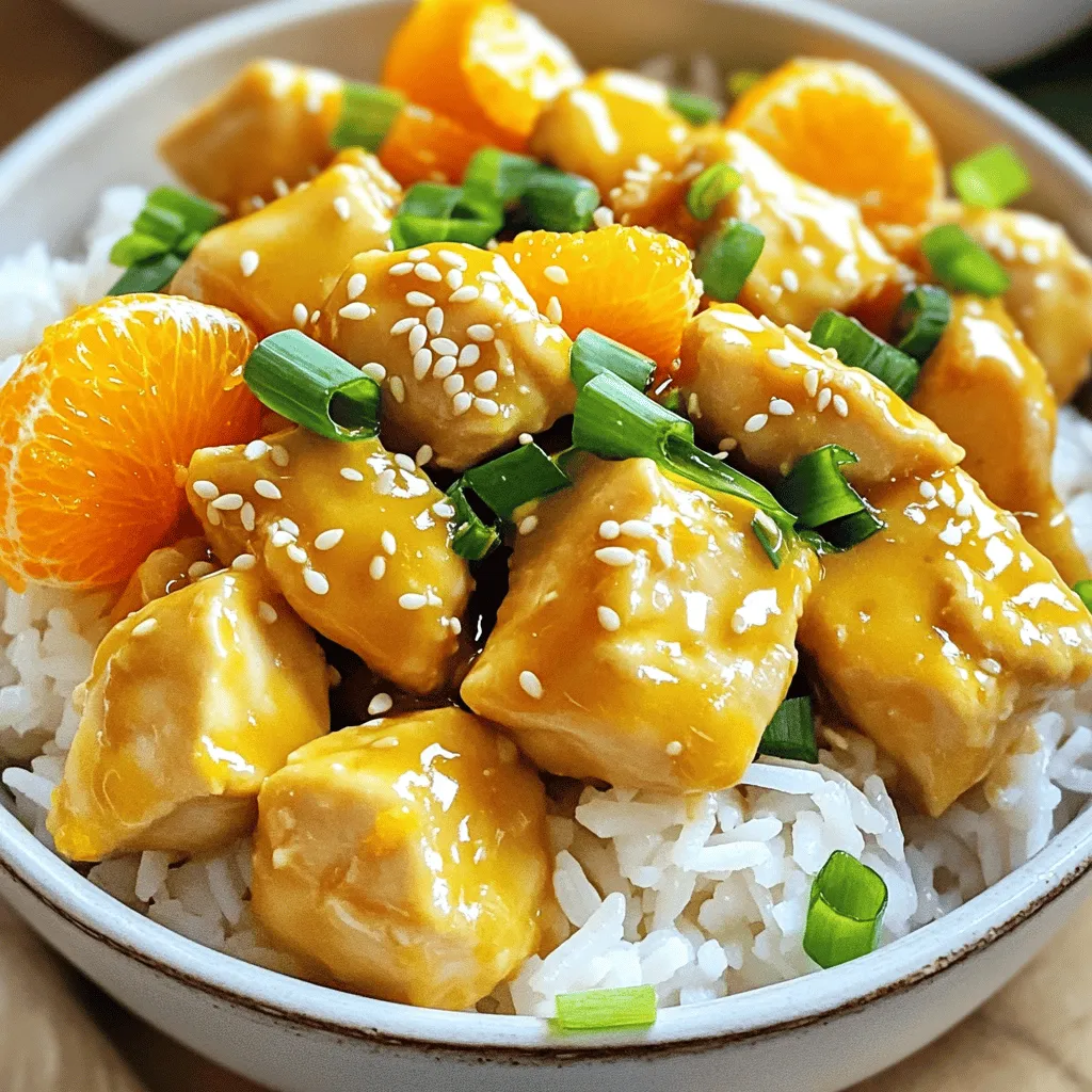 To make your Mandarin orange chicken rice bowls, you will need these key items: - 2 boneless, skinless chicken breasts, cubed - 1 cup mandarin orange segments, drained and juice reserved - 1 cup jasmine rice - 2 cups chicken broth - 1 tablespoon soy sauce - 1 tablespoon honey - 1 teaspoon fresh ginger, grated - 2 cloves garlic, minced - 1 tablespoon cornstarch mixed with 2 tablespoons water - 2 green onions, sliced - Salt and pepper to taste - Sesame seeds for garnish These ingredients work together to create a dish that is both tasty and satisfying. You can enhance the dish with some optional ingredients: - Red pepper flakes for heat - Bell peppers for crunch - Broccoli florets for color and nutrition - Peanuts for extra texture These additions can bring new flavors and fun textures to your bowls. Choosing the best ingredients matters for great taste. Here are some tips: - Chicken: Look for bright pink and firm chicken. Check the sell-by date. - Mandarin Oranges: Choose firm, shiny oranges. Avoid any that feel soft or look bruised. - Rice: Pick jasmine rice that is clean and free of debris. - Herbs and Veggies: Go for fresh herbs and veggies. They should be vibrant and crisp. Fresh ingredients can make your Mandarin orange chicken rice bowls shine! Start by rinsing the jasmine rice under cold water. Keep rinsing until the water runs clear. This step helps remove excess starch. Next, add the rinsed rice and chicken broth to a medium saucepan. Bring it to a boil over high heat. Once boiling, reduce the heat to low. Cover the pot and let it simmer for 15 minutes. After 15 minutes, the rice should be tender. Remove it from heat and let it sit for an extra 5 minutes, still covered. This resting time makes the rice fluffy. While the rice cooks, heat a large skillet over medium heat. Add a splash of oil or use non-stick spray. Once the skillet is hot, add the cubed chicken. Season it with salt and pepper to taste. Cook the chicken for about 5 to 7 minutes. It should turn golden brown and be cooked through. Stir occasionally to ensure even cooking. When the chicken is ready, it’s time to make the sauce. Add minced garlic and grated ginger directly to the skillet. Then, pour in soy sauce, honey, and the reserved mandarin orange juice. Don’t forget to add the mandarin orange segments too! Stir everything well and let it simmer for 2 to 3 minutes. This will build a deep, rich flavor. After simmering, it’s time to thicken the sauce. Take the cornstarch mixed with water and add it to the skillet. Stir continuously as the sauce begins to thicken. This should take about 1 to 2 minutes. The sauce will become glossy and coat the chicken nicely. Now comes the fun part! Fluff the cooked jasmine rice with a fork. Divide the rice into serving bowls. Next, spoon the mandarin orange chicken mixture over each bowl of rice. The bright colors will make the dish look inviting. To finish, slice the green onions and sprinkle them on top. Add a dash of sesame seeds for crunch. This simple garnish adds flavor and a nice texture contrast. Your Mandarin Orange Chicken Rice Bowls are now ready to enjoy! To cook chicken well, use medium heat. This helps it brown and cook through. Cut the chicken into small cubes for even cooking. Season the cubes with salt and pepper before cooking. Use a non-stick pan or add a bit of oil. Stir the chicken often to avoid burning. Cook it for about 5-7 minutes until it’s golden and no longer pink. For a great sauce, start with the right base. Add minced garlic and grated ginger to the pan with the cooked chicken. Then, pour in soy sauce, honey, and mandarin orange juice. Let this mix simmer for a few minutes. To thicken the sauce, use cornstarch mixed with water. Stir it in and wait about 1-2 minutes. The sauce should coat the chicken but not be too thick or too runny. To save time, you can make rice ahead. Rinse and cook it before you start on the chicken. You can also chop the chicken and prep the sauce in advance. Store them in the fridge until you are ready to cook. This way, your meal will come together quickly. If you cook extra rice, it can be used in other meals during the week. {{image_2}} You can switch out chicken for other proteins. Shrimp works great in this dish. Just cook the shrimp until pink and tender. Tofu is another good choice. Use firm tofu, cut into cubes. Cook it until golden for added flavor. You can also use pork for a different taste. Simply cube it and follow the same cooking steps. If you want a vegetarian or vegan version, skip the chicken and use tofu. Use firm tofu to keep its shape. For extra flavor, marinate the tofu in soy sauce before cooking. You can also add more veggies. Try bell peppers, broccoli, or snap peas. These add crunch and color to your bowl. You can also use cooked chickpeas for a hearty option. Jasmine rice is classic, but many grains work well here. Brown rice adds a nutty flavor and more fiber. Quinoa is a great gluten-free choice, packed with protein. Cauliflower rice is a low-carb option, perfect for those watching carbs. Simply cook it quickly in a pan for a light base. Each option brings a unique taste to your bowl. To keep your Mandarin orange chicken rice bowls fresh, store them in airtight containers. Let the bowls cool to room temperature first. This helps avoid moisture buildup, which can make your dish soggy. Place a piece of plastic wrap directly on the chicken and rice to seal in flavor. Store them in the fridge for up to three days. When you're ready to enjoy the leftovers, reheat them gently. I suggest using a microwave for quick results. Place the bowl in the microwave, cover it with a damp paper towel to keep moisture in, and heat for one to two minutes. Stir halfway to ensure even heating. If you prefer stovetop reheating, warm them in a skillet over low heat. Add a splash of chicken broth to keep everything moist and tasty. If you want to store your bowls for a longer time, freezing is a great option. First, let the chicken and rice cool completely. Then, place them in freezer-safe bags or containers. Squeeze out as much air as possible to prevent freezer burn. The bowls can stay in the freezer for up to three months. When you're ready to eat, thaw them overnight in the fridge and reheat as mentioned above. Yes, you can use different types of rice. Jasmine rice works best for its flavor and texture. You can also try basmati or long-grain rice. Just adjust the cooking time and liquid based on the rice type. If you don’t have mandarin oranges, you can use canned or fresh oranges. Pineapple can also add a sweet touch. Just make sure to adjust the juice to keep the sauce balanced. To add heat, you can sprinkle red pepper flakes into the sauce. You can also add sliced jalapeños while cooking the chicken. For a stronger kick, try a dash of hot sauce. Yes, this recipe is great for meal prep. The chicken and rice store well in the fridge. Just keep the sauce separate until you are ready to eat. This keeps everything fresh. Absolutely! Use gluten-free soy sauce or tamari instead of regular soy sauce. Ensure that your chicken broth is also gluten-free. This way, you can enjoy the dish without any gluten. You learned how to make Mandarin orange chicken rice bowls using fresh ingredients. We covered essential and optional ingredients, cooking tips, and step-by-step instructions. You also explored fun variations and storage tips. This dish is easy to customize and perfect for any meal prep. Try it out and enjoy!