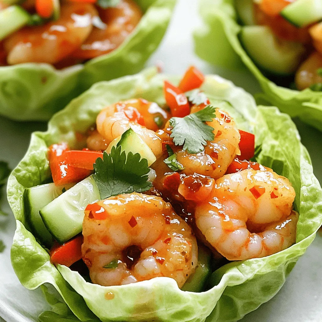 - 1 pound shrimp, peeled and deveined - 2 tablespoons sweet chili sauce - 2 cloves garlic, minced - 1 tablespoon soy sauce - 1 tablespoon lime juice - 1 teaspoon ginger, grated - 1 tablespoon vegetable oil - 1 head of butter lettuce or iceberg lettuce, leaves separated - 1 red bell pepper, diced - 1/2 cucumber, julienned - Fresh cilantro leaves, for garnish - Sliced scallions, for garnish - Avocado slices - Chopped peanuts - Additional veggies (e.g., shredded carrots) - Large skillet - Mixing bowl - Measuring spoons - Serving platter The main ingredients are fresh, simple items. Each one plays a big role in flavor. The shrimp is the star. Sweet chili sauce gives it a nice kick. Garlic adds depth. Soy sauce brings umami, while lime juice brightens the dish. Ginger adds warmth and a hint of spice. You can add more flavors with optional items. Avocado slices add creaminess. Chopped peanuts bring crunch. Extra veggies like shredded carrots boost the color and nutrition. For tools, a large skillet is key for cooking shrimp. A mixing bowl helps to prep the marinade. Measuring spoons ensure accuracy. Finally, a serving platter presents the dish beautifully. Every ingredient and tool matters in making these shrimp lettuce cups shine. - Rinse the shrimp under cold water and pat dry with a paper towel. - In a bowl, combine sweet chili sauce, minced garlic, soy sauce, lime juice, and grated ginger. Whisk until well mixed. - Add the shrimp to the bowl with the marinade. Toss to coat and let marinate for 15 minutes at room temperature. - Heat the vegetable oil in a large skillet over medium-high heat. Once hot, add the marinated shrimp in a single layer. Cook for 2-3 minutes per side or until they turn pink and opaque. - While the shrimp cooks, prepare the lettuce cups by washing and drying the leaves. Arrange them on a serving platter. - Divide the cooked shrimp evenly among the lettuce cups. Top with diced red bell pepper and julienned cucumber. - Sprinkle fresh cilantro and sliced scallions over the top for added flavor and color. - Use fresh shrimp for the best flavor. Fresh shrimp has a sweet taste and firm texture. - Avoid overcooking shrimp for tenderness. Cook shrimp for just 2-3 minutes per side. This keeps them juicy and soft. - Offer a variety of colorful toppings. Use red bell pepper, cucumber, and fresh herbs for a vibrant look. - Serve with lime wedges for added freshness. The lime juice brightens the dish and enhances the flavors. - Substitute low-sodium soy sauce. This cuts down on salt while keeping the taste. - Use more vegetables for a nutrient boost. Add carrots, radishes, or snap peas for crunch and vitamins. {{image_2}} You can make this dish suit your diet. If you need a gluten-free option, swap soy sauce with tamari sauce. This works well and keeps the flavor strong. For a vegan alternative, use plant-based shrimp. It has a similar texture and taste, making it a great choice. Want to spice things up? Add chili flakes or a dash of sriracha. This will give your shrimp an extra kick. If you like nuttiness, drizzle in some sesame oil. It adds depth and a warm flavor. For a heartier meal, serve these shrimp cups with rice. The rice complements the shrimp well. Another fun idea is to wrap the shrimp in corn tortillas. This makes a tasty taco-style dish that's easy to enjoy. Store leftover shrimp in an airtight container. This keeps them fresh and safe. You can refrigerate them for up to 2 days. If you plan to eat them later, ensure they are well sealed. Freeze cooked shrimp within 2 hours of cooking. This helps preserve their taste and texture. When you want to eat them again, thaw in the fridge before reheating. This way, they will stay tender and juicy. Keep garnishes separate until serving. This keeps them fresh and crunchy. When reheating shrimp, do it gently. This helps maintain their texture and flavor. Avoid high heat, as it can make them tough. Cook shrimp for 2-3 minutes per side until pink and opaque. You want to get that perfect texture. If you overcook them, they can turn tough. Keep an eye on them while they cook. Yes, thaw frozen shrimp before marinating and cooking. It’s easy to do! Just place them in the fridge overnight or run them under cold water. This keeps them juicy and tasty. Butter lettuce or iceberg lettuce works best for creating cups. Both types have soft leaves that hold the filling well. They also add a nice crunch to your dish. Choose what you like best! This blog post covered how to make tasty shrimp lettuce wraps. You learned about key ingredients like shrimp, sweet chili sauce, and fresh veggies. We discussed cooking tips and how to serve these wraps. Use options like avocado and peanuts for extra flavor. Remember to store leftovers properly to keep them fresh. Overall, these wraps offer a fun and healthy meal. Enjoy experimenting with different flavors and serve them with a smile!