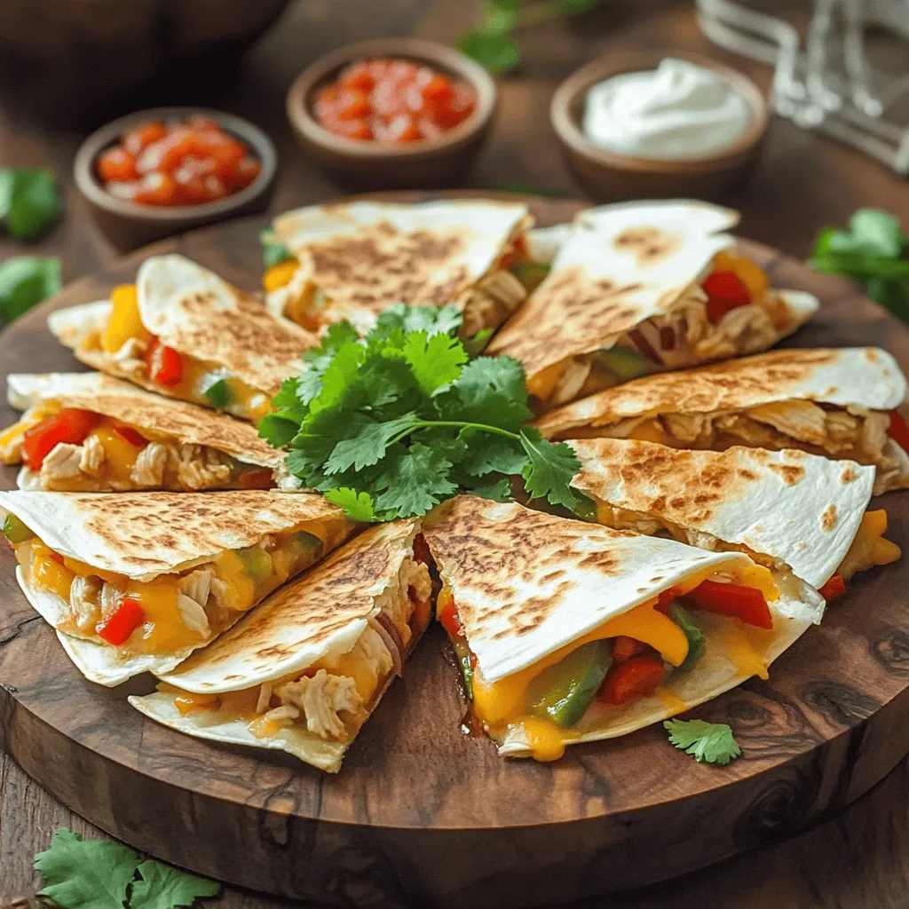 For this dish, you need: - 2 chicken breasts, diced - 1 tablespoon olive oil - 1 teaspoon garlic powder - 1 teaspoon cumin - 1 teaspoon smoked paprika - Salt and pepper, to taste These ingredients create a tasty base for the quesadillas. The chicken adds protein, while the spices bring warmth and depth. Olive oil helps cook the chicken and enhances flavor. You will need: - 1 cup pepper jack cheese, shredded - 4 large flour tortillas The pepper jack cheese melts beautifully and gives a spicy kick. Flour tortillas hold everything together and create a soft texture. Add some color and crunch with: - 1/2 cup bell peppers, sliced (mixed colors for visual appeal) - 1/2 cup red onion, thinly sliced - 1/4 cup fresh cilantro, chopped (for garnish) - Salsa and sour cream (for serving) Bell peppers add sweetness, and red onions give a sharp bite. Cilantro brightens the dish and looks lovely on top. Salsa and sour cream provide extra flavor and creaminess. First, heat one tablespoon of olive oil in a skillet over medium heat. After one minute, add two diced chicken breasts. Sprinkle one teaspoon of garlic powder, one teaspoon of cumin, one teaspoon of smoked paprika, and salt and pepper to taste. Sauté for about seven to ten minutes. Make sure the chicken is cooked through and no longer pink. Once done, remove the chicken from the skillet and set it aside. In the same skillet, add half a cup of sliced bell peppers and half a cup of thinly sliced red onion. Sauté this mixture for about three to four minutes. You want them to be slightly soft but still firm. After that, return the cooked chicken to the skillet with the veggies. Mix everything well and cook for an additional two to three minutes. Then, remove the skillet from the heat. Now, preheat a separate non-stick skillet or griddle over medium heat. Place one large flour tortilla in the pan. Sprinkle half of it with one cup of shredded pepper jack cheese. Next, add a generous portion of your chicken and vegetable mix over the cheese. Top it off with more cheese before folding the tortilla in half. Cook for three to four minutes until the bottom is golden brown and the cheese is melted. Carefully flip it and cook for another two to three minutes on the other side. Repeat this process with the remaining tortillas until all quesadillas are cooked. Cut them into wedges and garnish with fresh cilantro. Serve with salsa and sour cream on the side for a tasty finish. To make tasty quesadillas, use a non-stick skillet. This helps keep the quesadillas from sticking. Preheat your skillet to medium heat. This way, the tortillas get crispy and golden. Cook each side until it reaches a nice color. Don’t rush the cook time; it helps the cheese melt well. For the best cheese melt, use freshly shredded cheese. Pre-packaged cheese often has anti-caking agents that prevent melting. Sprinkle cheese on both sides of the chicken mix for extra gooeyness. Let the quesadilla cook until you see the cheese bubbling. This shows it’s melted and ready to enjoy! Make your quesadillas look great by cutting them into wedges. Arrange them on a large platter in a fan shape. Add colorful garnishes like fresh cilantro on top. Serve small bowls of salsa and sour cream on the side. This not only looks nice but also adds flavor. {{image_2}} You can switch up the cheese in your quesadillas. Try using mozzarella, cheddar, or gouda. Each cheese brings a unique taste. For a milder flavor, use mozzarella. Cheddar adds a sharpness, while gouda gives a creamy texture. Mixing cheeses can also create a fun flavor blend! Feel free to add more proteins to your quesadillas. Shrimp, beef, or even turkey work great. You can also use leftover rotisserie chicken for quick meals. If you want a smoky taste, try adding chorizo. Each protein gives a different twist to the classic dish. You can easily make these quesadillas vegetarian. Use black beans, lentils, or chickpeas instead of chicken. Adding more veggies like zucchini or mushrooms can boost flavor and nutrition. For a spicy kick, add jalapeños or a sprinkle of red pepper flakes. This way, everyone can enjoy a tasty meal! Store your leftover pepper jack chicken quesadillas in an airtight container. They will stay fresh in the fridge for about 3 days. If you want to keep them longer, consider freezing them. Just make sure they are cooled down before storage. To reheat, use a skillet over medium heat. Place the quesadilla in the pan for about 3-4 minutes on each side. This will keep them crispy. You can also use the microwave, but the quesadillas may turn soft. Heat them for 30-60 seconds, checking to avoid overheating. To freeze, wrap each quesadilla in plastic wrap and then place them in a freezer-safe bag. They can last for up to 2 months. When ready to eat, thaw them in the fridge overnight. Reheat them in the skillet for the best results. To make your quesadillas crispy, use a hot skillet. Heat the skillet before adding the tortilla. Use enough oil to coat the pan. Cook the quesadilla longer on each side. Aim for a golden brown color before flipping. This keeps the inside warm and cheesy. Yes, you can use whole wheat tortillas. Whole wheat adds a nutty flavor and extra fiber. They may be a bit less pliable, but they work well. Just make sure to warm them first. This helps them bend without breaking. Serve pepper jack chicken quesadillas with salsa and sour cream. They add a nice cool contrast. You can also include guacamole for creaminess. A side salad or rice pairs well too. These options brighten up the meal and add fresh flavors. In this post, I covered how to make delicious chicken quesadillas. We looked at the best ingredients, like fresh chicken and tasty toppings. I shared step-by-step instructions to cook and assemble them. Tips helped you master cooking techniques and cheese melting. We also explored variations, storage info, and answered common questions. Enjoy making these quesadillas any way you like. They're easy, fun, and full of flavor!
