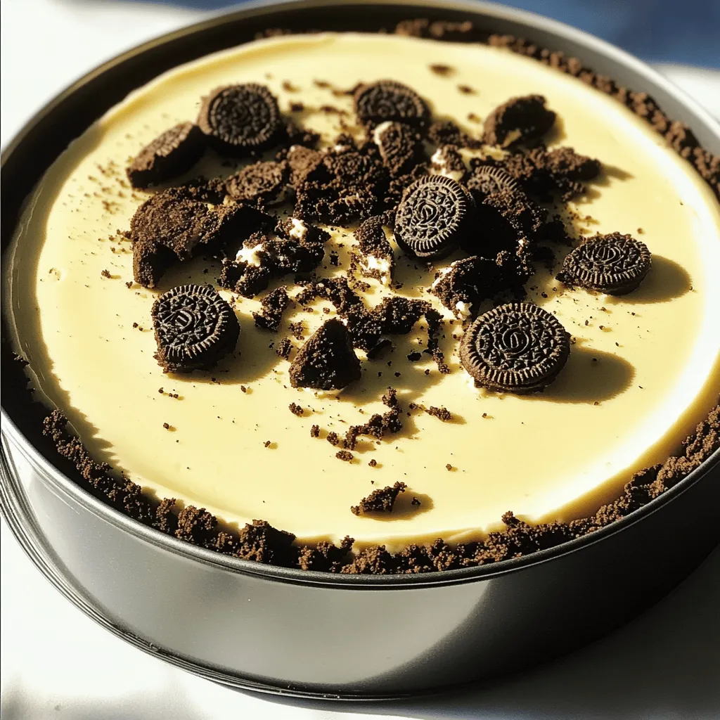 To make a No Bake Oreo Cheesecake, you will need the following ingredients: - 24 Oreo cookies, crushed - 4 tablespoons unsalted butter, melted - 16 oz cream cheese, softened - 1 cup powdered sugar - 1 teaspoon vanilla extract - 1 cup heavy whipping cream - 12 Oreo cookies, roughly chopped for filling - 6 Oreo cookies, crushed for topping - Optional: Chocolate shavings for garnish These ingredients combine to create a rich and creamy dessert. The Oreos give a great flavor and crunch. Using unsalted butter helps control the saltiness. Cream cheese adds a smooth texture, while powdered sugar sweetens the mix. Vanilla extract enhances the cheesecake's flavor. Heavy whipping cream makes it light and fluffy. Chopped Oreos throughout the filling add more cookie goodness. Crushed Oreos on top provide a nice finish. If you want to get fancy, add chocolate shavings for garnish. To make the crust, start by crushing 24 Oreo cookies. You can use a food processor or place them in a bag and crush them with a rolling pin. Next, melt 4 tablespoons of unsalted butter. Mix the crushed cookies with the melted butter until it looks like wet sand. This mixture is key to a tasty crust. Now, take a 9-inch springform pan. Press the Oreo mixture into the bottom of the pan. Use the back of a measuring cup to pack it tightly. This helps the crust hold together. Once you finish, put the pan in the fridge while you make the filling. Chilling it will keep the crust firm. In a large bowl, beat 16 ounces of softened cream cheese. Use an electric mixer set to medium speed. Mix until it is smooth and creamy. This step is important for a rich filling. Then, slowly add in 1 cup of powdered sugar and 1 teaspoon of vanilla extract. Continue mixing until everything is well combined. In a separate bowl, whip 1 cup of heavy cream on high speed. Whip until stiff peaks form. This means when you lift the beaters, the cream holds its shape. Gently fold the whipped cream into the cream cheese mixture. Be careful not to deflate the whipped cream. This keeps the filling light and fluffy. Finally, stir in 12 roughly chopped Oreo cookies. They add a nice texture to the filling. Take the crust out of the fridge. Pour the filling over the chilled crust. Spread it evenly across the surface. Tap the springform pan on the counter a few times. This helps remove any air bubbles. For a final touch, sprinkle 6 crushed Oreo cookies on top of the cheesecake. This adds a delicious decoration. Cover the cheesecake with plastic wrap. Refrigerate it for at least 4 hours, or overnight if you can wait. This allows the cheesecake to set properly. After it's firm, carefully remove the sides of the springform pan. If you want, add chocolate shavings as a garnish. Enjoy your no-bake Oreo cheesecake! To get the best texture for your No Bake Oreo Cheesecake, use cream cheese at room temperature. Cold cream cheese can make lumps in your filling. Softened cream cheese mixes in smoothly. This gives your cheesecake a creamy base. Folding is key to making your filling light and airy. After you whip the cream, gently fold it into the cream cheese mix. Use a spatula and move in a circular motion. Be careful not to stir too hard. You want to keep the air in the whipped cream. For toppings, sprinkle crushed Oreo cookies on top. You can also add chocolate shavings for extra flair. These toppings not only look good but also add more flavor. Pair your cheesecake with a glass of cold milk or a cup of coffee. The rich flavors of the cheesecake work well with these drinks. If you want something sweet, serve it with chocolate ice cream. This makes a great dessert combo that everyone will love. {{image_2}} You can easily change the flavor of your No Bake Oreo Cheesecake. One fun way is to use different cookies. For example, try using Golden Oreos instead of regular ones. This will give your cheesecake a sweeter and lighter taste. You can also add mint extract to the filling. Just a teaspoon will make your dessert fresh and cool. If you want a richer flavor, consider adding a bit of espresso powder. This enhances the chocolate taste of the Oreos. You can adjust the recipe to fit any gathering size. If you have a small group, you can cut the recipe in half. This way, you still enjoy this treat without leftovers. For larger gatherings, simply double the ingredients. This will ensure everyone gets a slice. Another fun idea is to make mini cheesecakes. Use a muffin tin or small cups. Just layer the crust and filling in each cup. This makes perfect individual servings. Plus, they are easy to share and even easier to eat! To keep your No Bake Oreo Cheesecake fresh, wrap it well. Use plastic wrap to cover the cheesecake. This helps prevent it from drying out. You can also use an airtight container. When stored correctly, it lasts up to five days in the refrigerator. Always place it on a flat surface to avoid bumps. If you have leftovers, you can freeze them. Cut the cheesecake into slices first. Wrap each slice in plastic wrap, then place them in a freezer-safe bag. This way, you can enjoy a piece later. To thaw, remove a slice from the freezer and place it in the fridge overnight. This keeps the texture nice and creamy. Enjoy your cheesecake at its best! Yes, you can use light cream cheese in this recipe. However, it may change the taste and texture. Light cream cheese is less rich and creamy. Your cheesecake might be less thick and not as silky. If you want a lighter option, this can work. Just keep in mind the taste may be different. The cheesecake needs to set for at least 4 hours. This time helps it firm up nicely. For the best results, I suggest chilling it overnight. This way, all the flavors blend together well. The longer it chills, the better it tastes! Yes, you can make this cheesecake gluten-free! Look for gluten-free Oreo cookies. There are brands that offer these options. You can also use gluten-free chocolate sandwich cookies. They work just as well in the crust and filling. Enjoy a delicious treat without the gluten! This blog post covered how to make a delicious cheesecake. We went through the ingredients, step-by-step instructions, and tips to get the texture just right. You can even modify the recipe for different flavors or serving sizes. Storing your cheesecake properly ensures it stays fresh. Remember to check the FAQs for common questions and answers. By following these steps, you'll create a cheesecake everyone will love. Enjoy experimenting and sharing your tasty treats!