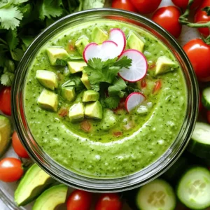 - 2 large cucumbers, peeled and chopped - 2 ripe avocados, diced - 1 cup ripe cherry tomatoes, halved - 1 small red onion, chopped - 2 cloves garlic, minced - 2 cups vegetable broth (chilled) - 2 tablespoons lime juice - 1 tablespoon olive oil - Salt and pepper to taste - Fresh cilantro or parsley, for garnish - Sliced radishes, for garnish When choosing cucumbers, look for firm ones with smooth skin. Avoid any with soft spots. For avocados, pick ones that yield slightly when pressed. This means they are ripe and ready to use. Cherry tomatoes should be bright and firm. Select red onions that feel heavy and have no soft spots. Fresh garlic should smell strong and be free of sprouts. Each serving of Cucumber Avocado Gazpacho provides a great balance. You get about 150 calories, with healthy fats from avocados. It contains 3 grams of protein and 10 grams of carbs. This soup is low in calories but high in vitamins and minerals. It is rich in vitamin C, potassium, and healthy fats. This makes it a perfect summer dish for light meals. To start, gather your ingredients. You need: - 2 large cucumbers, peeled and chopped - 2 ripe avocados, diced - 1 cup ripe cherry tomatoes, halved - 1 small red onion, chopped - 2 cloves garlic, minced - 2 cups vegetable broth (chilled) - 2 tablespoons lime juice - 1 tablespoon olive oil - Salt and pepper to taste - Fresh cilantro or parsley, for garnish - Sliced radishes, for garnish First, take a high-speed blender. Place the chopped cucumbers, diced avocados, halved cherry tomatoes, chopped red onion, and minced garlic into it. Make sure to pack them in well. Next, pour in the chilled vegetable broth. Then, add the lime juice and olive oil. When you blend, start on low speed. Gradually increase to high. Blend until the mixture is smooth and creamy. If it feels thick, do not worry. You can add more vegetable broth until it reaches your preferred consistency. After blending, taste the gazpacho. Add salt and pepper as needed. Blend again briefly to mix in the seasonings. This gives your soup a great flavor. Once blended, transfer the gazpacho to a large bowl or pitcher. Cover it well and place it in the refrigerator. Chill for at least 30 minutes. This step is key. It allows the flavors to meld nicely together. When you are ready to serve, stir the gazpacho well. Ladle it into bowls and garnish with fresh cilantro or parsley and slices of radish. Enjoy this refreshing summer soup! To make your gazpacho pop, use fresh ingredients. Fresh herbs like cilantro or parsley add a bright taste. Use lime juice for a zesty kick. Taste as you go; add salt and pepper slowly. This way, you can perfect the balance of flavors. You can also boost flavor with a dash of hot sauce if you like spice. For a smoother texture, blend your gazpacho longer. If you want some bite, blend less. You can also save some diced cucumber and avocado to fold in after blending. This gives you that creamy base with nice texture. If it’s too thick, add more chilled vegetable broth. Serve your gazpacho in chilled bowls for a cool touch. Garnish with fresh herbs and radish slices for color. A drizzle of olive oil on top adds a nice shine. You can even add a sprinkle of chili flakes for flair. Serve with crusty bread for a full meal that friends will love. {{image_2}} You can easily change this gazpacho to fit your diet. If you want a vegan option, use vegetable broth, as shown in the recipe. For a low-carb version, skip the tomatoes, or use fewer of them. You can also swap in green onions for the red onion to add a different taste. If you prefer a spicy kick, add jalapeño or a few dashes of hot sauce. Garnishing is fun and can make your dish pop. Fresh herbs like cilantro or parsley add color and flavor. You can also use sliced radishes to give a nice crunch. Try crumbled feta or goat cheese for a creamy finish. A drizzle of olive oil on top can enhance the look and taste, too. Want to make this dish heartier? Add cooked shrimp or crab meat for protein. You could also mix in black beans for a plant-based option. For a unique twist, blend in fresh mint or basil. A splash of coconut milk can give a tropical flair. Each option changes the flavor, making it fun to try new things! To store leftover gazpacho, pour it into an airtight container. Make sure it cools to room temperature first. Seal it tightly and put it in the fridge. This will keep it fresh for about two days. If you have extra, consider dividing it into smaller containers for easy access. You can freeze gazpacho for longer storage. Pour it into freezer-safe bags or containers. Leave some space at the top for expansion. When you're ready to eat it, thaw it in the fridge overnight. It’s best to eat frozen gazpacho within three months for the best taste. The gazpacho tastes best when fresh. It can last in the fridge for two days. After that, the flavors may fade. If you freeze it, be mindful of the texture. Frozen and thawed gazpacho may be a bit watery. Blend it again after thawing to make it smooth once more. Gazpacho is a cold soup from Spain, made from fresh veggies. It often includes tomatoes, peppers, onions, and cucumbers. Traditionally, people serve it in bowls or cups, often with toppings like croutons or diced vegetables. It’s a refreshing dish, perfect for hot weather. You can enjoy it as a starter or a light meal. My Cucumber Avocado Gazpacho adds a creamy twist with avocado and is easier to make! Yes, you can make Cucumber Avocado Gazpacho ahead of time. In fact, chilling it for a few hours helps the flavors blend better. I recommend making it the day before you plan to serve it. Just keep it in the fridge in a sealed container. Before serving, give it a good stir. If it looks thick, add a little broth to loosen it up. Each ingredient in Cucumber Avocado Gazpacho brings great health benefits. Here’s a quick look: - Cucumbers: Hydrating and low in calories, they help keep you cool. - Avocados: Packed with healthy fats, they support heart health and provide fiber. - Cherry Tomatoes: Rich in vitamins and antioxidants, they boost your immune system. - Red Onion: Contains anti-inflammatory properties and adds flavor. - Garlic: Known for its health benefits, it can help lower blood pressure. - Vegetable Broth: Offers hydration and adds depth to the soup. - Lime Juice: Full of vitamin C, it helps with digestion and adds zest. - Olive Oil: Good for heart health and adds richness to the soup. This gazpacho is not just tasty; it’s also a nutritious choice for summer dining! Cucumber Avocado Gazpacho is fresh, easy, and healthy. We covered each ingredient and how to choose quality produce. You learned step-by-step how to prepare, blend, and chill for the best taste. We explored tips for seasoning and presented variations to match your diet. Lastly, we discussed storage and answered common questions. Enjoy making this gazpacho, and feel free to customize it. Your taste buds will love it!