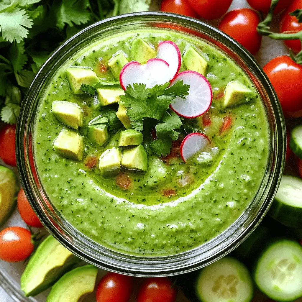 - 2 large cucumbers, peeled and chopped - 2 ripe avocados, diced - 1 cup ripe cherry tomatoes, halved - 1 small red onion, chopped - 2 cloves garlic, minced - 2 cups vegetable broth (chilled) - 2 tablespoons lime juice - 1 tablespoon olive oil - Salt and pepper to taste - Fresh cilantro or parsley, for garnish - Sliced radishes, for garnish When choosing cucumbers, look for firm ones with smooth skin. Avoid any with soft spots. For avocados, pick ones that yield slightly when pressed. This means they are ripe and ready to use. Cherry tomatoes should be bright and firm. Select red onions that feel heavy and have no soft spots. Fresh garlic should smell strong and be free of sprouts. Each serving of Cucumber Avocado Gazpacho provides a great balance. You get about 150 calories, with healthy fats from avocados. It contains 3 grams of protein and 10 grams of carbs. This soup is low in calories but high in vitamins and minerals. It is rich in vitamin C, potassium, and healthy fats. This makes it a perfect summer dish for light meals. To start, gather your ingredients. You need: - 2 large cucumbers, peeled and chopped - 2 ripe avocados, diced - 1 cup ripe cherry tomatoes, halved - 1 small red onion, chopped - 2 cloves garlic, minced - 2 cups vegetable broth (chilled) - 2 tablespoons lime juice - 1 tablespoon olive oil - Salt and pepper to taste - Fresh cilantro or parsley, for garnish - Sliced radishes, for garnish First, take a high-speed blender. Place the chopped cucumbers, diced avocados, halved cherry tomatoes, chopped red onion, and minced garlic into it. Make sure to pack them in well. Next, pour in the chilled vegetable broth. Then, add the lime juice and olive oil. When you blend, start on low speed. Gradually increase to high. Blend until the mixture is smooth and creamy. If it feels thick, do not worry. You can add more vegetable broth until it reaches your preferred consistency. After blending, taste the gazpacho. Add salt and pepper as needed. Blend again briefly to mix in the seasonings. This gives your soup a great flavor. Once blended, transfer the gazpacho to a large bowl or pitcher. Cover it well and place it in the refrigerator. Chill for at least 30 minutes. This step is key. It allows the flavors to meld nicely together. When you are ready to serve, stir the gazpacho well. Ladle it into bowls and garnish with fresh cilantro or parsley and slices of radish. Enjoy this refreshing summer soup! To make your gazpacho pop, use fresh ingredients. Fresh herbs like cilantro or parsley add a bright taste. Use lime juice for a zesty kick. Taste as you go; add salt and pepper slowly. This way, you can perfect the balance of flavors. You can also boost flavor with a dash of hot sauce if you like spice. For a smoother texture, blend your gazpacho longer. If you want some bite, blend less. You can also save some diced cucumber and avocado to fold in after blending. This gives you that creamy base with nice texture. If it’s too thick, add more chilled vegetable broth. Serve your gazpacho in chilled bowls for a cool touch. Garnish with fresh herbs and radish slices for color. A drizzle of olive oil on top adds a nice shine. You can even add a sprinkle of chili flakes for flair. Serve with crusty bread for a full meal that friends will love. {{image_2}} You can easily change this gazpacho to fit your diet. If you want a vegan option, use vegetable broth, as shown in the recipe. For a low-carb version, skip the tomatoes, or use fewer of them. You can also swap in green onions for the red onion to add a different taste. If you prefer a spicy kick, add jalapeño or a few dashes of hot sauce. Garnishing is fun and can make your dish pop. Fresh herbs like cilantro or parsley add color and flavor. You can also use sliced radishes to give a nice crunch. Try crumbled feta or goat cheese for a creamy finish. A drizzle of olive oil on top can enhance the look and taste, too. Want to make this dish heartier? Add cooked shrimp or crab meat for protein. You could also mix in black beans for a plant-based option. For a unique twist, blend in fresh mint or basil. A splash of coconut milk can give a tropical flair. Each option changes the flavor, making it fun to try new things! To store leftover gazpacho, pour it into an airtight container. Make sure it cools to room temperature first. Seal it tightly and put it in the fridge. This will keep it fresh for about two days. If you have extra, consider dividing it into smaller containers for easy access. You can freeze gazpacho for longer storage. Pour it into freezer-safe bags or containers. Leave some space at the top for expansion. When you're ready to eat it, thaw it in the fridge overnight. It’s best to eat frozen gazpacho within three months for the best taste. The gazpacho tastes best when fresh. It can last in the fridge for two days. After that, the flavors may fade. If you freeze it, be mindful of the texture. Frozen and thawed gazpacho may be a bit watery. Blend it again after thawing to make it smooth once more. Gazpacho is a cold soup from Spain, made from fresh veggies. It often includes tomatoes, peppers, onions, and cucumbers. Traditionally, people serve it in bowls or cups, often with toppings like croutons or diced vegetables. It’s a refreshing dish, perfect for hot weather. You can enjoy it as a starter or a light meal. My Cucumber Avocado Gazpacho adds a creamy twist with avocado and is easier to make! Yes, you can make Cucumber Avocado Gazpacho ahead of time. In fact, chilling it for a few hours helps the flavors blend better. I recommend making it the day before you plan to serve it. Just keep it in the fridge in a sealed container. Before serving, give it a good stir. If it looks thick, add a little broth to loosen it up. Each ingredient in Cucumber Avocado Gazpacho brings great health benefits. Here’s a quick look: - Cucumbers: Hydrating and low in calories, they help keep you cool. - Avocados: Packed with healthy fats, they support heart health and provide fiber. - Cherry Tomatoes: Rich in vitamins and antioxidants, they boost your immune system. - Red Onion: Contains anti-inflammatory properties and adds flavor. - Garlic: Known for its health benefits, it can help lower blood pressure. - Vegetable Broth: Offers hydration and adds depth to the soup. - Lime Juice: Full of vitamin C, it helps with digestion and adds zest. - Olive Oil: Good for heart health and adds richness to the soup. This gazpacho is not just tasty; it’s also a nutritious choice for summer dining! Cucumber Avocado Gazpacho is fresh, easy, and healthy. We covered each ingredient and how to choose quality produce. You learned step-by-step how to prepare, blend, and chill for the best taste. We explored tips for seasoning and presented variations to match your diet. Lastly, we discussed storage and answered common questions. Enjoy making this gazpacho, and feel free to customize it. Your taste buds will love it!