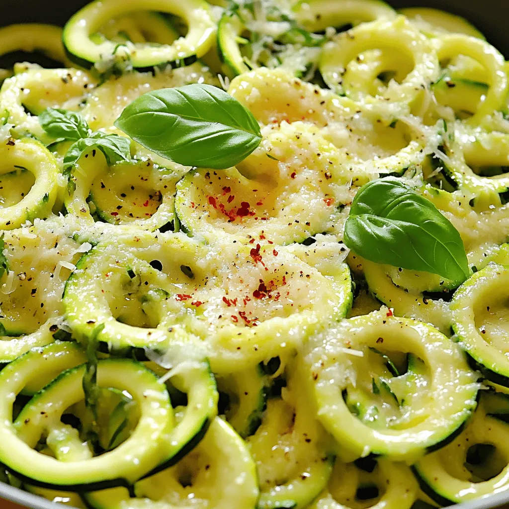 - 4 medium zucchini, spiralized into noodles - 4 cloves garlic, minced - 3 tablespoons olive oil - ½ teaspoon red pepper flakes - ½ cup grated Parmesan cheese - Salt and pepper to taste - Fresh basil leaves for garnish - Lemon zest for garnish (optional) Zucchini is great for making noodles. It's low in calories and full of water. Choose firm zucchinis with smooth skin. They should feel heavy for their size. Garlic adds a strong flavor. Use fresh garlic for the best taste. Olive oil brings richness to the dish. It helps cook the garlic without burning. Red pepper flakes add a bit of heat. You can adjust this to your taste. Parmesan cheese is key for creaminess. Use fresh grated cheese for better flavor. Basil leaves add freshness. They brighten the dish. Lemon zest gives a lovely citrus note. This is optional but worth trying for extra flavor. One serving of Garlic Parmesan Zucchini Noodles has about: - Calories: 150 - Protein: 6g - Fat: 12g - Carbohydrates: 6g - Fiber: 2g - Sugar: 3g This dish is healthy and satisfying. It fits well in many diets, especially low-carb ones. Enjoy this tasty meal knowing it’s good for you! Start by prepping your zucchini. You need four medium zucchinis. Use a spiralizer to make long, thin strands. If you don't have one, a vegetable peeler works too. Just peel the zucchini into ribbons. After spiralizing, set the noodles aside. This step takes about five minutes. Next, heat three tablespoons of olive oil in a large skillet. Set the heat to medium. Once the oil is hot, add four minced garlic cloves. Sauté them for about one minute. You want the garlic fragrant but not brown. Now, add the spiralized zucchini noodles to the skillet. Toss them gently in the garlic oil. Cook for about three to four minutes. You want the noodles tender but still firm. They should have a little bite to them. After that, sprinkle in half a teaspoon of red pepper flakes, salt, and pepper. Mix well to combine all the flavors. When the noodles are cooked, remove the skillet from heat. Stir in half a cup of grated Parmesan cheese. The cheese will melt and coat the noodles evenly. For a fresh touch, garnish with basil leaves. You can also add a sprinkle of lemon zest for extra flavor. This dish is now ready to serve! When picking zucchini, look for firm and smooth skin. The best ones are bright green. Avoid large zucchinis; they can be watery and seedy. Aim for medium-sized ones, about 6 to 8 inches long. They have a sweeter taste and better texture. Don't forget to check for blemishes or soft spots, as these can affect the flavor. To get the best garlic flavor, use fresh cloves. Mince them just before cooking. This keeps their strong taste. Sauté the garlic in olive oil over medium heat. Watch it closely; cook until fragrant but not brown. Brown garlic can taste bitter. If you want more heat, add red pepper flakes with the garlic. This adds a nice kick to the dish. Zucchini noodles cook quickly. Aim to sauté them for just 3 to 4 minutes. You want them tender but not mushy. If you overcook them, they will lose their bite. Toss the noodles gently in the skillet. This helps them stay intact. If you want extra crunch, try serving them raw or lightly sautéed. {{image_2}} You can swap zucchini for other low-carb veggies. Try using spaghetti squash. It has a similar texture. You can also use shirataki noodles. These noodles are made from konjac yam and are very low in calories. Both options keep the dish light and healthy. Want to spice things up? Add cooked chicken or shrimp for protein. You can also toss in sun-dried tomatoes for a sweet touch. If you love heat, add more red pepper flakes. A splash of balsamic vinegar can also boost the flavor. Don't forget fresh herbs like thyme or oregano for extra zest! Serve your garlic Parmesan zucchini noodles as a side dish. They pair well with grilled chicken or fish. You can also top them with a fried egg for a filling meal. For a fun twist, serve them in a bowl with your favorite sauce. The options are endless, making it easy to enjoy this dish any day! To keep your Garlic Parmesan Zucchini Noodles fresh, store them in an airtight container. Make sure to cool them to room temperature first. Place them in the fridge if you plan to eat them within three days. If you want them for later, consider freezing them. When you’re ready to enjoy your leftovers, heat them gently. Use a skillet over medium heat. Add a splash of olive oil and toss the noodles for about 3-4 minutes. This will help them warm up without losing their texture. You can also microwave them for 1-2 minutes, but this may make them a bit soft. Freezing zucchini noodles is easy. Start by blanching them in boiling water for 1-2 minutes. Then, drain and cool them quickly in ice water. Once cooled, pat them dry and place them in freezer bags. Remove as much air as you can before sealing. They can last up to three months in the freezer. When ready to use, just cook them directly from frozen. Yes, you can use other veggies. Try using carrots, sweet potatoes, or squash. These will add different flavors and textures. Each option brings its own charm. Carrots add sweetness, while squash provides a creamy feel. You can also mix zucchini with these veggies for a fun twist. To spiralize zucchini, you can use a spiralizer. This tool creates long, noodle-like strands. If you don’t have one, a vegetable peeler works too. Just peel long strips, then stack and slice them. Aim for thin strands to cook evenly. Make sure to choose firm, fresh zucchini for the best results. To make Garlic Parmesan Zucchini Noodles vegan, skip the cheese. Instead, use nutritional yeast for a cheesy flavor. You can also add a splash of plant-based cream for richness. For added depth, include sautéed mushrooms or sun-dried tomatoes. These swap-outs ensure the dish remains tasty and satisfying without dairy. This blog post covered all you need for perfect zucchini noodles. We discussed key ingredients, their nutrition, and how to prepare and cook them. I provided tips on choosing the best zucchini and ensuring great texture and flavor. You learned about tasty variations, storage options, and common questions. Zucchini noodles are easy to make and serve well in many dishes. Enjoy trying these tips and recipes for a healthy meal!