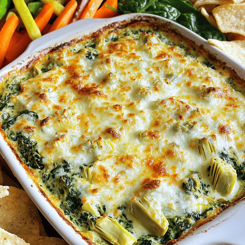 To make the best creamy spinach artichoke dip, you need these key items: - 2 cups fresh spinach, chopped - 1 cup canned artichoke hearts, drained and chopped - 1 cup cream cheese, softened - 1 cup sour cream - 1/2 cup mayonnaise - 1 cup shredded mozzarella cheese - 1/2 cup grated Parmesan cheese - 2 cloves garlic, minced - 1 teaspoon onion powder - Salt and pepper to taste You can change up the dip with these fun additions: - 1/2 teaspoon red pepper flakes for some heat - Fresh herbs like parsley or basil for extra flavor - A squeeze of lemon juice for a zesty twist Choosing the right ingredients makes a big difference. I recommend: - Fresh spinach over frozen for the best taste and texture - Full-fat cream cheese for creaminess - Real Parmesan cheese instead of the powdered kind, as it adds more flavor - Use fresh garlic instead of garlic powder for a stronger taste 1. Preheat your oven to 350°F (175°C). This helps the dip bake evenly. 2. In a large bowl, mix the softened cream cheese, sour cream, and mayonnaise. Use a hand mixer or a spoon to blend until smooth and creamy. 3. Next, add the chopped spinach and artichoke hearts. Don’t forget the minced garlic, onion powder, and optional red pepper flakes. Stir until everything is mixed well. 4. Gently fold in the shredded mozzarella and grated Parmesan cheese. This gives the dip its cheesy goodness. 5. Season with salt and pepper to your taste. Remember, you can always add more later. 1. Transfer the dip mixture into an oven-safe baking dish. Spread it out evenly. 2. Place the dish in your preheated oven. Bake for about 25 to 30 minutes. Look for the dip to be hot and bubbly with a lightly golden top. 3. Once done, carefully remove it from the oven. Let it sit for 5 minutes. This will help it firm up a bit before serving. - Use softened cream cheese: This makes mixing easier and helps avoid lumps. - Don’t overbake: Keep an eye on it. Overbaking can make the dip dry. - Add a splash of milk: If the dip seems too thick, a little milk can help smooth it out. - Experiment with cheese: Mixing different cheeses can create unique flavors and textures. When making creamy spinach artichoke dip, avoid using cold cream cheese. Cold cheese clumps up. Instead, let it soften first. Don’t skip draining the artichokes well. Extra liquid makes your dip runny. Also, watch your baking time. Overbaking can dry it out. If the top isn't golden after 30 minutes, check it. Use a wooden spoon for mixing. Metal spoons can scratch your bowls. You can prepare this dip a day before. Just mix the ingredients as usual. Then, cover it and chill in the fridge. When ready to bake, remove it from the fridge. Let it sit for about 30 minutes to warm up. This helps it bake evenly. Remember, you can also freeze it. Just thaw it in the fridge overnight before baking. To reheat, place the dip in an oven-safe dish. Preheat your oven to 350°F (175°C). Cover it with foil to keep it moist. Bake for 15-20 minutes. Check it often to avoid burning. Stir halfway through for even heat. You can also microwave it. Heat in short bursts, stirring in between. This helps it stay creamy and not dry. {{image_2}} To make a spicy version of this dip, add some heat. You can toss in 1 or 2 diced jalapeños. These peppers add a nice crunch and spicy kick. For even more heat, sprinkle in extra red pepper flakes. Adjust the spice to your taste. This version works great with tortilla chips or on a spicy wrap. You can easily make this dip vegan. Swap the cream cheese for a dairy-free alternative. Use cashew cream or a tofu blend instead. Replace sour cream and mayonnaise with vegan versions. Nutritional yeast adds a cheesy flavor without dairy. This way, everyone can enjoy the dip, no matter their diet. Feel free to get creative with flavors. Sun-dried tomatoes add a rich, sweet taste. If you love herbs, try adding fresh basil or dill. For a smoky flavor, mix in some smoked paprika. Each variation offers a new taste experience. Experiment with what you have on hand to find your favorite mix. To store leftovers, let the dip cool first. Place it in an airtight container. This keeps it fresh for up to three days in the fridge. Always cover it tightly to prevent drying out. When ready to eat, just open the container and dig in. You can freeze this dip too! First, let it cool completely. Then, put it in a freezer-safe container. Make sure to leave some space at the top. This allows for expansion. You can freeze it for up to three months. When you are ready to enjoy it, thaw it in the fridge overnight. To reheat the dip, place it in an oven-safe dish. Preheat your oven to 350°F (175°C). Bake it for about 15-20 minutes. Keep an eye on it to avoid burning. Stir it halfway through for even heating. If you want a quick method, use the microwave. Heat it in short bursts, stirring in between. Enjoy your creamy dip warm! You can serve this dip with many tasty options. Here are some ideas: - Pita chips - Sliced baguette - Fresh veggies like carrots and cucumbers - Tortilla chips - Crackers These pairings add crunch and freshness. They also help scoop up that creamy goodness. Yes, you can make this dip in a slow cooker! Start by mixing all the ingredients in the slow cooker. Set it on low heat for about 2 to 3 hours. Stir occasionally to keep it smooth and creamy. This method is great for parties, as it keeps the dip warm. You can add many spices to enhance the flavor. Here are some great options: - Smoked paprika for a smoky taste - Italian seasoning for a herby flavor - Cayenne pepper for extra heat - Lemon zest for brightness Feel free to experiment with these spices. Adjust them to your taste, and enjoy the new flavors! We explored how to make the perfect spinach artichoke dip. You learned about key ingredients, step-by-step baking, and tips for a smooth texture. We discussed common mistakes and how to store your dip properly. You can even customize this dip with spicy or vegan options. My final thought: enjoy making this recipe your own, and share it with friends!