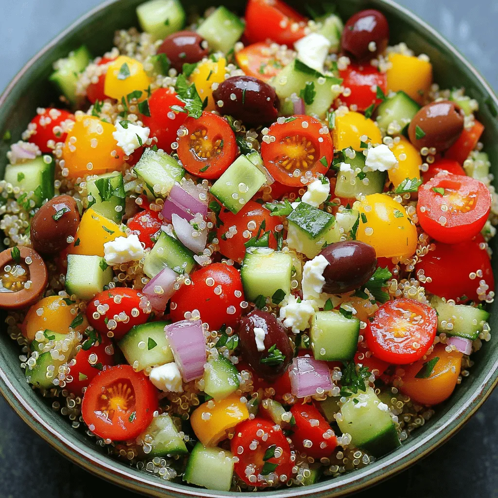 - 1 cup quinoa, rinsed - 2 cups water or vegetable broth - 1 cup cherry tomatoes, halved - 1 cucumber, diced - 1 bell pepper (red or yellow), diced - 1/2 red onion, finely chopped - 1/2 cup kalamata olives, pitted and sliced - 1/2 cup feta cheese, crumbled - 1/4 cup fresh parsley, chopped - 1/4 cup olive oil - 3 tablespoons lemon juice - 1 teaspoon dried oregano - Salt and pepper, to taste Quinoa is a great source of protein and fiber. It helps keep you full. Tomato is rich in vitamins A and C. It gives a fresh taste. Cucumbers are hydrating and low in calories. They add crunch. Bell peppers are high in vitamin C. They support your immune system. Red onion contains antioxidants. It may help with heart health. Kalamata olives add healthy fats. They give a salty flavor. Feta cheese offers calcium and protein. It adds creaminess. Parsley is full of vitamins. It helps with digestion. Olive oil is heart-healthy. It contains good fats. Lemon juice adds vitamin C. It brightens the salad. Oregano has anti-inflammatory properties. It enhances the flavor. You can swap quinoa for couscous or farro for a different base. Use any broth you prefer, like chicken broth. If you don’t like cherry tomatoes, use diced regular tomatoes. Instead of cucumber, try zucchini or radishes. You can use any color bell pepper you have. For a milder flavor, use green onions instead of red onion. If you want a different type of olive, try green olives. If you can't find feta, try goat cheese. Fresh herbs like cilantro or basil can replace parsley. Use avocado oil if you want a different flavor. For a zesty twist, use lime juice instead of lemon juice. To start, rinse 1 cup of quinoa under cold water. This step helps remove any bitterness. Next, combine the rinsed quinoa with 2 cups of water or vegetable broth in a medium pot. Bring this mix to a boil over high heat. Once it boils, reduce the heat to low, cover the pot, and let it simmer. Cook for 15 minutes or until the liquid is gone. After that, remove it from heat and let it sit for 5 minutes, covered. Fluff the quinoa with a fork and let it cool to room temperature. In a large mixing bowl, it's time to bring the salad together. Add the cooled quinoa to the bowl. Next, toss in 1 cup of halved cherry tomatoes, 1 diced cucumber, and 1 diced bell pepper. You can use red or yellow bell pepper, whichever you prefer. Also, add 1/2 finely chopped red onion, 1/2 cup of pitted and sliced kalamata olives, 1/2 cup of crumbled feta cheese, and 1/4 cup of chopped fresh parsley. Mix all the ingredients gently until they are well combined. For the dressing, take a small bowl. Whisk together 1/4 cup of olive oil, 3 tablespoons of lemon juice, and 1 teaspoon of dried oregano. Add salt and pepper to taste. Once mixed, pour the dressing over the quinoa salad. Toss everything gently to coat the salad evenly with the dressing. After tasting, adjust the seasoning if you need to. Cover the salad and chill it in the refrigerator for at least 30 minutes. This chill time lets the flavors blend nicely. To get the best texture, rinse your quinoa well. This removes bitter saponins. Use a medium pot for cooking. Combine 1 cup of quinoa with 2 cups of water or broth. Bring it to a boil, then lower the heat. Cover and let it simmer for 15 minutes. After cooking, let it sit for 5 minutes. This helps it become fluffy. Fluff it gently with a fork. Let it cool to room temperature before mixing. Add flavor with fresh herbs and spices. I love using parsley and oregano. They brighten the salad. You can also add fresh lemon juice for a zesty kick. Drizzle olive oil to give it richness. For a touch of saltiness, include feta and kalamata olives. Taste your salad before serving. Adjust seasoning with salt and pepper as needed. Serve your Mediterranean quinoa salad in a large bowl. Garnish it with extra parsley and whole olives. This adds color and makes it look nice. Drizzle a bit more olive oil just before serving for added flavor. You can enjoy it as a main dish or a side. Pair it with grilled chicken or fish for protein. This salad is great for picnics and potlucks! {{image_2}} You can easily make this salad vegetarian or vegan. To keep it vegetarian, just leave out the feta cheese. It adds creaminess but isn’t essential. For a vegan option, swap feta for vegan cheese or avocado. Avocado gives a rich texture and healthy fats. This way, you still enjoy a fresh and tasty salad. Want to add protein? Grilled chicken works well. It adds a nice flavor and keeps the dish hearty. If you prefer plant-based options, use chickpeas. They are full of protein and blend perfectly with the salad. You can also use canned chickpeas for easy prep. Just rinse and toss them in! Change the salad with the seasons! In summer, add fresh corn or zucchini. Both bring sweetness and crunch. In fall, try roasted sweet potatoes or butternut squash. These veggies add warmth and depth to the dish. You can mix and match ingredients to suit your taste! Explore these options to keep your Mediterranean quinoa salad fresh and exciting. To keep your Mediterranean Quinoa Salad fresh, store it in an airtight container. This helps lock in flavor and keep ingredients crisp. If you have extra dressing, store it separately. This way, the salad won’t get soggy. When stored properly, your quinoa salad lasts about 3 to 5 days in the fridge. You can enjoy the flavors for several days. Just make sure to check for any signs of spoilage before eating. You can serve this salad cold or at room temperature. If you prefer it warmed, gently heat it in a pan on low. Be careful not to overheat, as it can change the texture. Many enjoy it cold right from the fridge, especially on hot days. Yes, you can make this salad ahead of time. I often prepare it a day before serving. It tastes even better after it sits. The flavors mix well and develop more depth. Just store it in an airtight container in the fridge. When ready, give it a quick stir before serving. The dressing in this recipe is perfect. It combines olive oil, lemon juice, and oregano. This mix adds a bright and fresh taste. You can also try a balsamic vinaigrette for a different twist. Both dressings enhance the salad’s vibrant flavors. Yes, this salad is gluten-free. Quinoa is a great grain choice for gluten-free diets. All the other ingredients, like vegetables and feta cheese, are also gluten-free. This makes it a safe option for those with gluten sensitivities. Enjoy this fresh and tasty salad worry-free! This post covered key points for making Mediterranean Quinoa Salad. We explored essential ingredients and their health benefits. I shared tips to enhance flavor and texture. You learned substitutions, storage methods, and serving ideas. These quick recipes offer great options for any meal. Enjoy experimenting with variations to suit your taste and diet. Make this dish your own, and savor every bite!