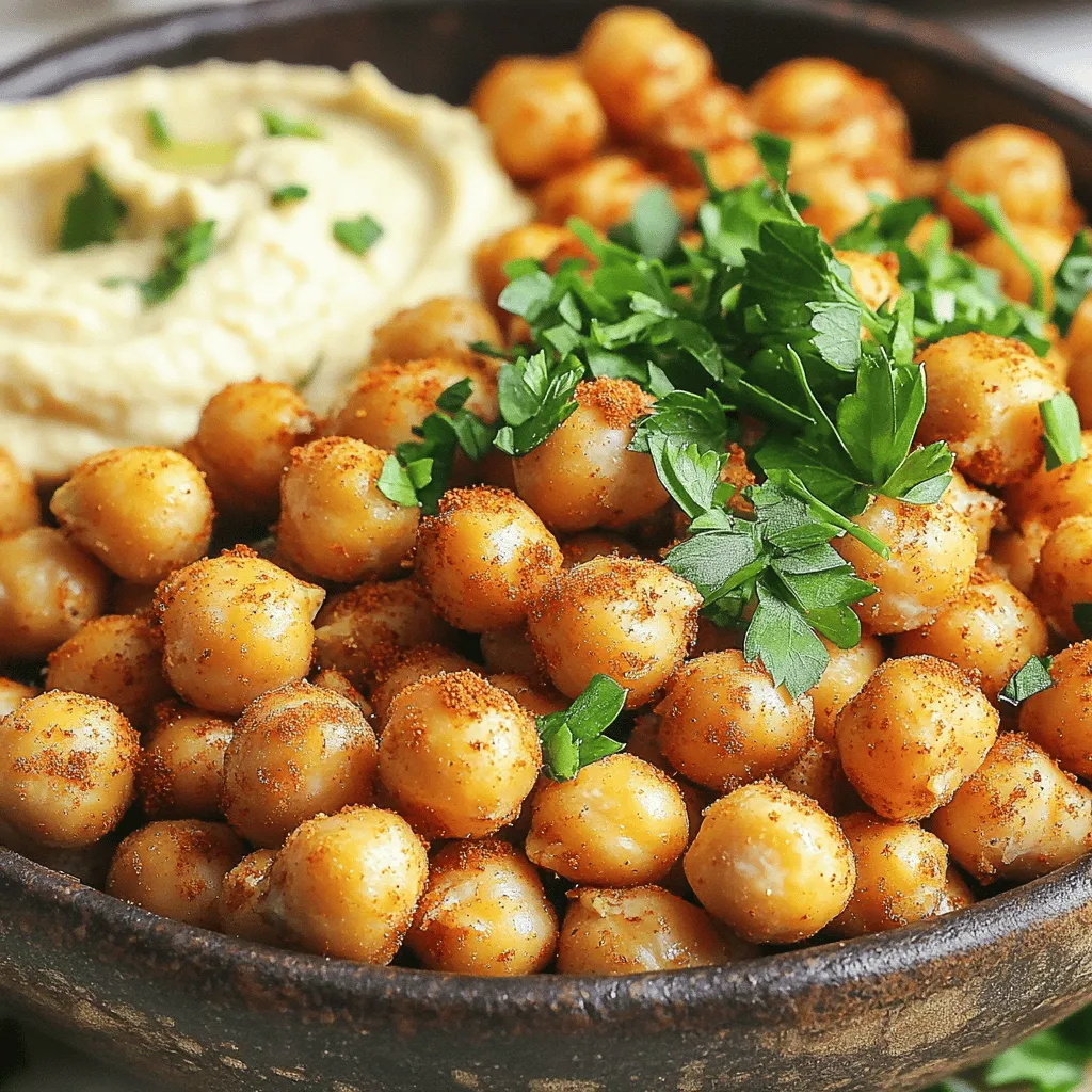 For crispy air fryer chickpeas, you need these key ingredients: - 1 can (15 oz) chickpeas, drained and rinsed - 1 tablespoon olive oil - 1 teaspoon garlic powder - 1 teaspoon smoked paprika - ½ teaspoon cumin - ½ teaspoon salt - ¼ teaspoon black pepper - ¼ teaspoon cayenne pepper (optional, for heat) - Fresh parsley, chopped (for garnish) These simple items create a tasty snack. The chickpeas give you protein and fiber. Olive oil adds healthy fat and helps them crisp up. The spices bring flavor and a bit of heat. Feel free to mix in some extra seasonings for more flavor. Here are a few ideas: - Lemon zest for brightness - Onion powder for depth - Chili powder for a kick - Parmesan cheese for a savory touch Experimenting with these can make your chickpeas even better. Each addition brings its own twist to the taste. You can easily swap ingredients to fit your dietary needs: - Use avocado oil instead of olive oil for a different flavor and health benefits. - If you need a low-sodium option, skip or reduce the salt. - For a gluten-free choice, rest assured chickpeas are naturally gluten-free. These swaps allow everyone to enjoy crispy chickpeas. Tailor the recipe to your liking and dietary needs. To start, preheat your air fryer to 400°F (200°C). This step warms it up for even cooking. Next, take a can of chickpeas and drain it. Rinse the chickpeas well under cold water. This removes extra salt and helps the flavor. After rinsing, dry the chickpeas thoroughly. Use a clean kitchen towel to pat them dry. The drier they are, the crispier they will become. In a mixing bowl, add the dry chickpeas. Pour in 1 tablespoon of olive oil. This oil helps them crisp up nicely. Next, add 1 teaspoon of garlic powder, 1 teaspoon of smoked paprika, and ½ teaspoon each of cumin and salt. Don’t forget ¼ teaspoon of black pepper and cayenne pepper if you like heat! Toss everything well so the chickpeas are coated evenly. This gives them great flavor. Now, it's time to cook! Place the seasoned chickpeas in the air fryer basket in a single layer. Avoid overcrowding them. This lets hot air flow around each chickpea. Air fry for 15 to 20 minutes. Shake the basket halfway through to ensure even cooking. Keep an eye on them. You want them golden brown and crispy. When they finish, let them cool for a few minutes. They will get even crispier as they cool. If you want, garnish with fresh parsley before serving. Enjoy your healthy snack! To get the best crispy chickpeas, you must dry them well. After rinsing, use a clean towel to pat them dry. The drier they are, the crispier they get. Use just the right amount of olive oil. Too much will make them soggy. One tablespoon is perfect. Coat them evenly with spices for great flavor. Shake the basket halfway through cooking to help them crisp on all sides. A common mistake is overcrowding the air fryer. This leads to uneven cooking. Always spread the chickpeas out in a single layer. Another mistake is not drying the chickpeas enough. If they are wet, they won’t get crispy. Keep an eye on them towards the end of cooking. If they start to brown too much, take them out. Garnish your crispy chickpeas with fresh parsley for a pop of color. You can also add a squeeze of lemon juice for a fresh taste. For more flavor, try serving them with dips like hummus or yogurt. This adds a nice touch and makes them even more enjoyable. {{image_2}} You can change the flavor of your crispy chickpeas easily. Here are some ideas: - Italian Style: Use Italian herbs like oregano and basil. - Spicy Sriracha: Toss with sriracha before air frying for heat. - Sweet Cinnamon: Mix chickpeas with cinnamon and a touch of sugar for a sweet snack. - BBQ Twist: Use your favorite BBQ seasoning for a smoky taste. These flavors can make your snack fun and new each time! If you do not have an air fryer, no worries! You can make crispy chickpeas in the oven: - Oven Method: Preheat your oven to 400°F (200°C). Place the seasoned chickpeas on a baking sheet. Bake for 25-30 minutes, shaking the pan halfway through. You can also try using a stovetop skillet: - Skillet Method: Heat a little oil in a pan. Add the chickpeas and cook on medium heat, stirring often until they are crispy. Each method gives you a tasty treat! These crispy chickpeas work for any time. Here are some serving ideas: - Game Day Snack: Serve with a spicy dip and veggies. - Movie Night: Pair with popcorn for a fun mix. - Salad Topping: Add them to salads for extra crunch. - Party Appetizer: Serve in small bowls with dips like hummus or yogurt. These ideas make your crispy chickpeas a great addition to any gathering! To keep your crispy chickpeas fresh, store them in an airtight container. This prevents moisture from making them soggy. Let them cool completely before sealing. For best results, use the chickpeas within a few days. If you don't have an airtight container, use a zip-top bag. Just make sure to press out as much air as possible. Reheating crispy chickpeas can be tricky. To regain their crunch, use your air fryer. Set it to 350°F (175°C) for about 5 minutes. This method brings back their crunch without drying them out. You can also use the oven. Spread them on a baking sheet and heat for 10 minutes. Keep an eye on them to avoid burning. Cooked chickpeas last for about 3 to 5 days in the fridge. If you notice any changes in color or smell, toss them out. For longer storage, freeze them. Place cooled chickpeas in a freezer bag and remove all air. They can stay good for up to 3 months in the freezer. Just remember to reheat them for the best crunch! Yes, you can use dried chickpeas. However, you must cook them first. Soak the dried chickpeas overnight in water. Then, boil them until soft. After cooking, follow the same steps as you would with canned chickpeas. Remember to dry them well before seasoning. This extra step takes time but can give a fresher taste. You can roast chickpeas in your oven for a crunchy snack. Start by preheating your oven to 400°F (200°C). Drain and rinse your chickpeas, then dry them well. Spread them on a baking sheet in a single layer. Toss with olive oil and your favorite spices. Roast them for 25-30 minutes, shaking the pan halfway. Keep an eye on them to avoid burning. Crispy chickpeas go well with many dips. Hummus is a classic choice. You can also try yogurt-based dips or guacamole. For a spicy kick, serve with a sriracha mayo. These dips add creaminess and flavor, making your snack even better. You learned how to make crispy chickpeas using an air fryer. We covered key ingredients, seasoning options, and easy steps to crisp them perfectly. Remember to avoid common mistakes for the best results. Explore flavor variations and serving ideas to keep things fun. Finally, know how to store leftovers and reheat them for crunch. Crispy chickpeas are tasty, healthy, and easy to make. Enjoy your cooking and share these tips with friends!