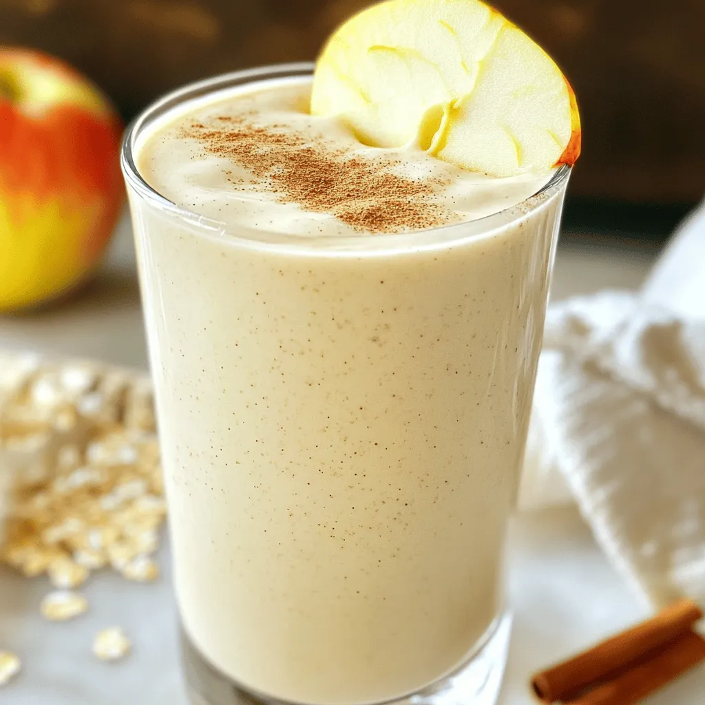 - 1 medium apple, cored and diced (Fuji or Honeycrisp works best) - 1/2 cup rolled oats - 1 cup almond milk (or your favorite milk) - 1 tablespoon almond butter or peanut butter - 1 teaspoon cinnamon - 1/2 teaspoon vanilla extract - 1/2 cup Greek yogurt (for creaminess) - 1/4 teaspoon nutmeg (optional) - Ice cubes (optional, for a chilled smoothie) For the apple, I recommend using sweet varieties like Fuji or Honeycrisp. These apples add a nice sweetness to the smoothie. You can also use other apples, but avoid tart ones. When it comes to milk, almond milk is a great choice. However, you can use cow's milk, oat milk, or any milk you like. Each will give a different taste and texture. - 1 tablespoon maple syrup or honey (for added sweetness) - Additional spices like ginger or cloves for flavor - A banana for extra creaminess and sweetness If you want a sweeter smoothie, add maple syrup or honey. You can also customize the flavors by adding spices like ginger or cloves. A banana can make your smoothie thicker and sweeter. 1. Start by preparing your apple. Core and dice the apple, leaving the skin on. The skin has fiber and adds texture. 2. In a blender, combine the diced apple, rolled oats, and almond milk. Add almond butter, cinnamon, vanilla extract, and Greek yogurt. If you like, include nutmeg and ice cubes. Make sure to blend on high speed. This helps to mix everything well and gets a smooth texture. 1. Taste your smoothie. If it needs more sweetness, add more maple syrup or honey. 2. Pour the smoothie into clear glasses. This shows off its creamy, apple-infused hue. Top with a sprinkle of cinnamon or a thin apple slice for garnish. These final touches make your smoothie look great and add extra flavor. Enjoy! To get the best texture, blend for at least 30 seconds. This time allows the oats to break down and mix well. If you prefer a creamier smoothie, add Greek yogurt and almond butter. These ingredients help create a rich, smooth feel that makes each sip delightful. Adding spices can boost your smoothie’s flavor. Cinnamon brings warmth and sweetness, while nutmeg adds a cozy touch. You can also pair ingredients for a richer taste. For example, using a sweet apple like Fuji or Honeycrisp enhances the flavor. Almond milk adds creaminess, making every sip enjoyable. To keep your leftover smoothie fresh, pour it into a sealed container. You can store it in the fridge for up to 24 hours. Shake or stir it well before drinking again. If you want to save it longer, freezing is a great option. Use ice cube trays to freeze small portions. Once frozen, move the cubes to a freezer bag. This way, you can blend them later for a quick treat. Smoothies are best cold. If you prefer to enjoy them warm, heat it gently on the stove. Do not boil it, as high heat can change the taste. Stir it often while warming to keep it smooth. You can also blend the smoothie again with some warm almond milk to bring back the creamy texture. Enjoy your tasty apple pie smoothie any time! {{image_2}} - Each serving has about 300 calories. - The macronutrient mix includes 10g of protein, 12g of fat, and 40g of carbs. The apple pie smoothie uses whole, healthy ingredients. Each item adds unique benefits. - Apples provide vitamin C and antioxidants. They help boost your immune system. - Rolled oats offer fiber. Fiber keeps you full and helps digestion. - Almond milk is low in calories and good for dairy-free diets. - Greek yogurt adds protein and creaminess. It supports muscle health and gut function. Fiber is key for a healthy diet. It helps with digestion and keeps blood sugar steady. This smoothie has a good amount of fiber from apples and oats. Enjoying this smoothie can help you feel full and satisfied. Yes, you can prepare this smoothie ahead of time. To store it, follow these tips: - Use an airtight container: This keeps the smoothie fresh. - Refrigerate it: It stays good for up to 24 hours. - Stir before drinking: Ingredients may settle, so give it a shake. - Avoid freezing: The texture changes when thawed, losing creaminess. If you need a substitute, try these dairy-free options: - Silken tofu: It adds creaminess without dairy. - Coconut yogurt: This gives a nice flavor and texture. - Almond yogurt: A great choice for nut lovers. These alternatives may change the taste slightly but can still make a tasty smoothie. To achieve a thicker smoothie, consider these tips: - Add more oats: They absorb liquid and add texture. - Include frozen fruit: Frozen apples or bananas work well. - Use less liquid: Start with a smaller amount of milk and add more as needed. Experiment with these options to find your perfect thickness! This blog post covers how to make a delicious apple smoothie. You learned about key ingredients like apple varieties and types of milk. I shared optional items for extra flavor and sweetness. You received step-by-step instructions to prepare and blend. We discussed tips for the perfect texture and flavor enhancements you can try. Lastly, I explained how to store leftovers and the health benefits of the ingredients. Try making this smoothie your own with different fruits. Enjoy the taste and health rewards!