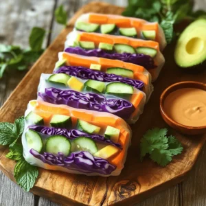 - 8 rice paper wrappers - 1 cup purple cabbage, thinly sliced - 1 cup carrots, julienned - 1 cup cucumber, julienned - 1 ripe avocado, sliced - 1 red bell pepper, thinly sliced - 1 cup fresh mint leaves - 1 cup fresh cilantro leaves - 1 cup vermicelli noodles, cooked - ¼ cup peanut or almond butter (for the dipping sauce) - 2 tablespoons soy sauce (or tamari for gluten-free) - 1 tablespoon maple syrup (or honey) - 1 tablespoon lime juice To make rainbow veggie spring rolls, you need fresh and colorful ingredients. The rice paper wrappers form the base for these rolls. They hold all the vibrant veggies and herbs together. Choose bright vegetables like carrots, cucumber, and red bell pepper for a rainbow effect. Purple cabbage adds a nice crunch, while avocado brings creaminess. Fresh mint and cilantro elevate the flavor. For the dipping sauce, combine peanut or almond butter with soy sauce, maple syrup, and lime juice. This mix adds a tasty kick to your rolls. Gather these ingredients before you start. It makes the whole process easy and fun. To start, gather your vegetables and herbs. You want vibrant colors for the best spring rolls. 1. How to julienne and chop vegetables: - For carrots, peel and cut them into thin strips. - For cucumber and red bell pepper, slice them into long, thin pieces. - Thinly slice the purple cabbage for a crunchy texture. 2. Cooking vermicelli noodles: - Boil water and add your vermicelli noodles. - Cook them according to package instructions, usually for about 3 minutes. - Drain and rinse the noodles under cold water to stop the cooking. 3. Preparing avocado slices: - Cut the avocado in half and remove the pit. - Scoop the flesh out and slice it into thin pieces. Creating a tasty sauce is simple and adds flavor. 1. Mixing ingredients for a smooth consistency: - In a bowl, combine ¼ cup of peanut or almond butter, 2 tablespoons of soy sauce, 1 tablespoon of maple syrup, and 1 tablespoon of lime juice. - Stir well until the mix is smooth and creamy. 2. Adjusting thickness of the sauce: - If the sauce is too thick, add a little water. - Mix again until it reaches the desired thickness. Now comes the fun part—putting everything together! 1. Soaking and preparing rice paper wrappers: - Fill a shallow dish with warm water. - Dip one rice paper wrapper for about 10-15 seconds until it softens. - Lay it flat on a clean surface. 2. Layering fillings properly: - At the bottom third of the wrapper, add a small handful of vermicelli noodles. - Then, layer your sliced veggies: cabbage, carrot, cucumber, avocado, and bell pepper. - Finish with a few mint and cilantro leaves. 3. Techniques for rolling spring rolls tightly: - Fold the sides of the rice paper over the filling. - Start rolling from the bottom, keeping the fillings compact. - Roll it up tightly, like a burrito. Repeat these steps for the rest of your ingredients. Enjoy your fresh and colorful rainbow veggie spring rolls! To keep your rainbow veggie spring rolls fresh, store them in an airtight container. Place a damp paper towel between layers to prevent sticking. You can serve them on a colorful platter for a fun look. Add extra herbs or slices of lime for decoration. One common mistake is overfilling the rolls. This makes them hard to roll and can cause tearing. Another mistake is not softening the rice paper enough. The wrappers should be pliable but not too soggy. You can add spices like chili flakes or garlic to your dipping sauce for extra kick. If you have dietary needs, swap out ingredients. Try using zucchini or bell pepper instead of avocado. This way, everyone can enjoy these tasty rolls! {{image_2}} You can change up the veggies in your spring rolls. Try adding bright bell peppers, crunchy radishes, or sweet snap peas. Seasonal choices like zucchini in summer or butternut squash in fall work great too. Mixing colors keeps it fun and tasty. You can also add leafy greens like spinach or arugula for extra crunch. Dipping sauces can add a new twist. You can use different nut butters like cashew or sunflower seed butter. For a spicy kick, add sriracha to your sauce. There are also gluten-free options like tamari or coconut aminos, which taste great. You can mix in some herbs or garlic to make your sauce unique. Want to boost your spring rolls? Add some protein! Cooked shrimp or chicken can fit well. Just slice them thin. If you prefer plant-based options, tofu is a great choice. You can marinate it for more flavor. Adding protein makes your meal filling and nutritious! To keep your leftover spring rolls fresh, wrap them in a damp paper towel. Place them in an airtight container. This helps prevent the rice paper from drying out. Store the container in the fridge. Enjoy them within two days for the best taste. For the dipping sauce, store it in a small jar or container with a lid. You can keep it in the fridge for up to a week. If the sauce thickens, add a bit of water to loosen it before serving. You can freeze spring rolls to enjoy later. Place them on a baking sheet in a single layer. Freeze until solid, then transfer to a freezer bag. This way, they won’t stick together. They can last in the freezer for about three months. To thaw and reheat, remove the spring rolls from the freezer. Let them sit in the fridge overnight. For reheating, use a skillet over medium heat for a few minutes on each side. This keeps the rice paper crisp. Once prepared, the ingredients last a few days in the fridge. The veggies stay fresh for about three days, while the rice paper wrappers can last a few months if unopened. Always check for any signs of spoilage before using. You can use lettuce leaves as wrappers. Butter lettuce or romaine works well. You can also use thin tortillas or nori sheets. These options add unique flavors and textures. Yes, you can prep the rolls a few hours before serving. Wrap them in damp paper towels to keep them fresh. Store in an airtight container in the fridge. Enjoy them cold or at room temperature. You can dip spring rolls in the sauce. Hold the roll in one hand and dip it. You can also cut them in half for easy sharing. They are great as appetizers or snacks. Yes, they are very healthy! They are packed with fresh veggies. Each roll has fiber, vitamins, and minerals. The avocado adds healthy fats. The dipping sauce offers a tasty boost, too. You learned how to make fresh, colorful spring rolls with rice paper. I shared easy steps for prepping ingredients and making a tasty dipping sauce. Remember to store them right to keep them fresh. Avoid overfilling to ensure a tight roll. You can even customize the fillings and sauces to fit your taste. Making spring rolls at home is fun and lets you enjoy healthy snacks. Enjoy the process and share these delicious rolls with friends!
