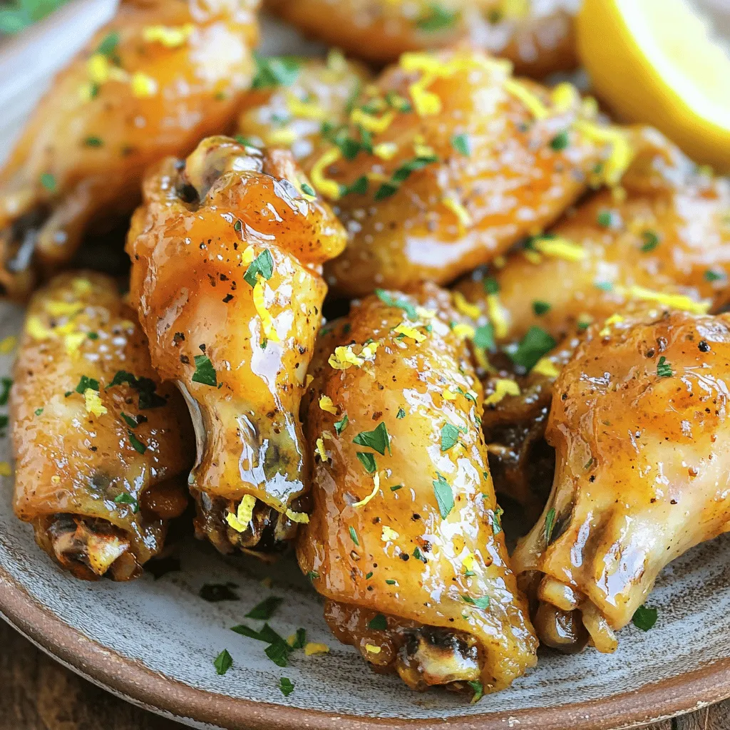 To make Crispy Lemon Pepper Wings, you need the following items: - 2 lbs chicken wings - 2 tablespoons baking powder - 1 teaspoon salt - 1 teaspoon black pepper - 1 teaspoon garlic powder - 2 tablespoons lemon pepper seasoning - 3 tablespoons olive oil - Zest of 1 lemon - 2 tablespoons fresh lemon juice - Fresh parsley, chopped (for garnish) Using good ingredients makes a big difference. Fresh chicken wings give the best flavor. Always choose wings that look plump and have no bad spots. Look for high-quality lemon pepper seasoning. It should have a strong lemon flavor and just the right spice. Fresh lemons for zest and juice will brighten the dish. Always check the parsley for freshness. It should be bright green and crisp. If you don’t have chicken wings, you can use drumsticks or thighs. Baking powder is key for crispiness, but you can try cornstarch if needed. For the lemon pepper seasoning, a mix of lemon zest and black pepper works well. If you want a milder taste, use less seasoning. Olive oil can be swapped for another oil, like vegetable oil, if you're in a pinch. First, you need to preheat your oven to 425°F (220°C). This high heat helps make the wings crispy. Next, grab a baking sheet and line it with aluminum foil. This makes cleanup easy later. Place a wire rack on top of the baking sheet. The rack lets air circulate around the wings, which helps them crisp up nicely. Now, take a large bowl and add the chicken wings. Sprinkle in the baking powder, salt, black pepper, and garlic powder. Toss the wings well until they are fully coated. This dry mix is key to achieving that crispy texture. Next, drizzle the olive oil over the wings. Toss them again to ensure every wing is coated. You want them to be shiny and ready for the oven. Spread the wings out in a single layer on the wire rack. Make sure they do not touch each other. This gives each wing room to cook evenly and become golden brown. Bake the wings in your preheated oven for 40-45 minutes. Remember to turn them halfway through. This will help them cook evenly. When they are done, they should look crispy and delicious. To get those wings super crispy, use baking powder. The baking powder helps dry out the skin. This gives a nice crunch when baked. Make sure to spread the wings out on the wire rack. They should not touch each other. This lets hot air flow all around each wing. Bake them at 425°F (220°C) for the best results. You can prep these wings ahead. Mix the dry spices with the wings and store them in the fridge. This lets the flavors soak in. When you are ready, just coat them with oil and bake. You can also bake them earlier and reheat them. This saves time when you want to serve them. Serve these wings hot and fresh for the best taste. Garnish with chopped parsley for color. You can also add lemon wedges on the side. These wings pair well with creamy dips like ranch or blue cheese. Enjoy them with a side of celery sticks for a crunchy bite. {{image_2}} You can change the flavor of your crispy lemon pepper wings easily. Try adding different spices to the mix. For a spicy kick, add cayenne pepper or chili powder. If you enjoy herbs, consider using Italian seasoning or dried oregano. You can also mix in some paprika for a smoky flavor. Each spice adds a unique taste to your wings. Experiment with what you like best! You can cook your wings in an air fryer or an oven. Both methods yield crispy wings, but they differ in time and texture. The air fryer cooks faster, usually in about 25-30 minutes. It uses hot air to make the wings crispy without much oil. The oven takes longer, around 40-45 minutes, but can handle more wings at once. If you have a big group, the oven is a great choice. Pair your crispy lemon pepper wings with tasty dips. Classic choices include ranch or blue cheese dressing. For a zesty touch, try a honey mustard sauce. You can even make a spicy sriracha dip for some heat. Feel free to let your guests choose their favorites. These dips complement the wings well and make them even more fun to eat! To store leftover crispy lemon pepper wings, let them cool first. Place the wings in an airtight container. Make sure to seal it well to keep the wings fresh. They will last in the fridge for about three days. If you want to enjoy them later, freezing is a great option. To reheat the wings and keep them crispy, use the oven. Preheat your oven to 375°F (190°C). Place the wings on a baking sheet. Bake them for about 10 to 15 minutes. This will help them regain their crunch. You can also use an air fryer for reheating. Set it to 350°F (175°C) and heat for around 5 to 7 minutes. If you want to freeze the wings, wrap them well in foil or plastic wrap. You can also use freezer bags. Make sure to push out as much air as you can. They can stay fresh in the freezer for up to three months. When you're ready to eat them, just thaw in the fridge overnight before reheating. The best temperature for baking chicken wings is 425°F (220°C). This hot temperature helps the wings cook quickly and get crispy. The high heat allows the fat to render out, making the skin nice and crunchy. Plus, it gives a golden color that looks great on your plate. Always use an oven thermometer to check your oven’s accuracy. You should bake crispy lemon pepper wings for 40 to 45 minutes. Start checking at the 40-minute mark. Flip the wings halfway through to ensure even cooking. Look for a golden brown color and crispy skin. Using a wire rack helps air circulate, leading to better results. Yes, you can make these wings without baking powder. Baking powder helps create a crispy texture. If you skip it, the wings may not be as crunchy. You can try using cornstarch as a substitute or simply bake them without any leavening agent. Just make sure to coat them well with oil and seasonings for flavor. You now have all the key steps for making crispy lemon pepper wings. We covered essential ingredients, tips for crispiness, and delicious variations to try. Remember, using high-quality ingredients makes a big difference. You can also prepare these wings ahead of time for a quick meal. Lastly, don’t forget to store or freeze leftovers for later enjoyment. Follow these tips, and you’ll have tasty wings to share anytime! Enjoy your cooking!