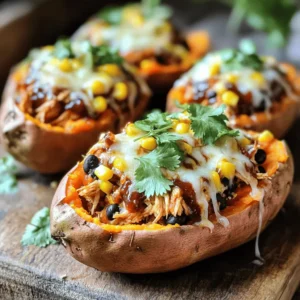 - 4 medium sweet potatoes - 2 cups cooked shredded chicken - 1 cup BBQ sauce (your favorite kind) - 1 cup corn (fresh, canned or frozen) - 1/2 cup black beans, rinsed and drained - 1/2 cup red onion, diced - 1 cup shredded cheese (cheddar or Monterey Jack) - 2 tablespoons olive oil - Salt and pepper to taste - Fresh cilantro or parsley for garnish - Jalapeños for heat - Sour cream for creaminess - Avocado for extra flavor - Green onions for a fresh crunch Each serving of BBQ chicken stuffed sweet potatoes is packed with nutrients. Here’s a breakdown: - Calories: Around 450 - Protein: 25 grams - Carbohydrates: 60 grams - Fat: 15 grams - Fiber: 10 grams These sweet potatoes are a great source of vitamins, especially A and C. The chicken adds protein, while the beans and corn boost fiber. Enjoy these tasty and healthy bites! First, preheat your oven to 400°F (200°C). Next, wash the sweet potatoes well. Use a fork to poke holes in each potato. This helps them cook evenly. Rub each potato with olive oil and sprinkle salt on top. Place them on a baking sheet. Bake for 45 to 60 minutes, until they feel soft when you poke them with a fork. While the sweet potatoes bake, you can make the filling. In a medium bowl, mix 2 cups of cooked shredded chicken with 1 cup of your favorite BBQ sauce. Add 1 cup of corn, 1/2 cup of rinsed black beans, and 1/2 cup of diced red onion. Stir everything together until it is well combined. This mix will bring great flavor to your stuffed potatoes. Once the sweet potatoes are done, take them out of the oven and let them cool for a few minutes. Carefully slice each potato lengthwise to create a pocket for the filling. Use a fork to fluff the insides of each sweet potato. Fill each one with the BBQ chicken mixture you made earlier. Top with 1 cup of shredded cheese. Return them to the oven for 10 to 15 minutes. Bake until the cheese is melted and bubbly. Finally, garnish with fresh cilantro or parsley before serving. To bake sweet potatoes, start by washing them well. Use a fork to pierce each potato several times. This helps steam escape and keeps them from bursting. Rub the sweet potatoes with olive oil and sprinkle with salt for added flavor. Place them on a baking sheet and bake at 400°F for 45-60 minutes. Check for doneness by piercing them with a fork. They should be soft all the way through. To boost flavor in your BBQ chicken stuffed sweet potatoes, try adding spices or herbs. Smoked paprika adds a nice depth. Chili powder gives a nice kick. You can also add garlic powder for a savory touch. Fresh herbs like cilantro or parsley brighten the dish. If you like it sweet, drizzle some honey or maple syrup over the filling. Mixing in some diced jalapeños adds a spicy twist. Choosing the right cheese can make your stuffed sweet potatoes even better. Cheddar melts well and has a sharp flavor. Monterey Jack is mild and creamy. For something different, try pepper jack for a spicy kick. Feta cheese gives a tangy twist. Vegan cheese options are available if you prefer dairy-free. No matter what you choose, sprinkle the cheese on top and let it melt for a tasty finish. {{image_2}} You can swap chicken for other meats. Try pulled pork or turkey. Both options taste great with BBQ sauce. If you prefer beef, use shredded brisket. Each meat brings a different flavor. Just ensure they are cooked and shredded before mixing them with the BBQ sauce. For a vegetarian version, use cooked lentils or chickpeas. These protein-packed options work well in the filling. You can also add grilled veggies like bell peppers or zucchini. For a vegan choice, use plant-based BBQ sauce and skip the cheese or choose a dairy-free option. This way, you can enjoy the same great taste without animal products. BBQ sauce can change the whole dish. You might like a sweet sauce or a spicy one. Try a smoky chipotle sauce for heat. A tangy mustard sauce offers a unique twist. You can even make your own BBQ sauce using simple ingredients. This lets you control flavors and sweetness to match your taste. You can store leftovers in an airtight container. Let the stuffed sweet potatoes cool first. Keep them in the fridge for up to three days. If you have extra BBQ chicken filling, store that separately. It will keep for the same time. To reheat, place the stuffed sweet potatoes on a microwave-safe plate. Heat for about 2-3 minutes. Check if they are warm inside. You can also reheat in the oven. Preheat to 350°F (175°C) and bake for about 15 minutes. This keeps the skin crispy. If you want to freeze, wrap each stuffed sweet potato tightly in foil. Place them in a freezer bag or container. They can last for up to three months. To enjoy later, thaw in the fridge overnight. Reheat as described above when ready to eat. Yes, you can make BBQ chicken stuffed sweet potatoes ahead of time. Prepare the sweet potatoes and filling as directed, but do not bake them right away. Store the cooked filling in the fridge for up to three days. You can bake the sweet potatoes and fill them just before serving. This way, you save time on busy days. BBQ chicken stuffed sweet potatoes pair well with many sides. Try a fresh garden salad for crunch. Coleslaw adds a creamy touch. You could also serve corn on the cob for a sweet bite. Baked beans are a hearty option, too. These sides balance the flavors and make your meal even more enjoyable. Yes, you can use different types of potatoes. Russet or Yukon gold potatoes work well, too. They have a nice, fluffy texture. Just remember that cooking times may vary. Adjust the baking time as needed to get them tender. Experimenting with different potatoes lets you find your favorite flavor and texture. In this article, we explored how to make BBQ chicken stuffed sweet potatoes. We covered ingredients, preparation, and baking steps. I shared tips for perfecting your dish and variations for different diets. You can store leftovers easily, and I answered common questions about prep and serving. These delicious stuffed sweet potatoes are simple and fun to make. Enjoy your tasty meals while trying out new flavors!