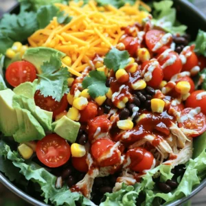 - 2 cups shredded cooked chicken - 1 cup BBQ sauce (select your favorite brand or homemade) - 4 cups mixed lettuce (romaine, arugula, and spinach) - 1 cup cherry tomatoes, halved - 1 cup corn, cooked (fresh or canned) - 1/2 cup black beans, drained and rinsed - 1/2 red onion, thinly sliced - 1 avocado, diced - 1 cup shredded cheese (cheddar or a Mexican blend) - 1/2 cup ranch dressing - Fresh cilantro - Extra BBQ sauce - Optional seasoning The BBQ Ranch Chicken Salad is packed with flavor and color. The main ingredients form a hearty base. Shredded cooked chicken provides protein and pairs well with BBQ sauce. I love to use my favorite BBQ sauce, whether it's sweet, spicy, or tangy. The mixed lettuce gives you a fresh crunch. I use a blend of romaine, arugula, and spinach. This mix keeps the salad interesting and full of nutrients. Next, we have the additional ingredients that add layers of flavor. Halved cherry tomatoes bring sweetness. I often add corn for its juicy bite. Black beans boost the fiber and protein content. Thin slices of red onion add a nice bite, while diced avocado offers creaminess. A sprinkle of shredded cheese ties everything together. I prefer cheddar or a Mexican blend for a tasty finish. Finally, ranch dressing adds a creamy touch that balances the BBQ flavor. For those who want more, consider optional garnishes. Fresh cilantro brightens the dish. A drizzle of extra BBQ sauce adds depth and flavor. You can also add seasoning based on your taste. All these ingredients combine for a vibrant, satisfying meal. Enjoy the fresh and bold flavors of this easy-to-make salad! To start, take 2 cups of shredded cooked chicken. Put it in a medium bowl. Next, add 1 cup of your favorite BBQ sauce. Mix well until the chicken is fully coated in the sauce. You want every bit of chicken to soak up that sweet and smoky flavor. Now, grab a large salad bowl. Layer 4 cups of mixed lettuce as your base. I like using romaine, arugula, and spinach for a fresh taste. Once the lettuce is ready, spread the BBQ chicken mixture evenly over it. This adds great flavor to the greens. Then, top the chicken with cherry tomatoes, corn, black beans, red onion, and diced avocado. Each ingredient adds its own special touch. Next, sprinkle 1 cup of shredded cheese over the salad. This adds creaminess and richness. Drizzle ranch dressing on top to taste. You can use about 1/2 cup or more if you like. Season with salt and pepper if needed. Gently toss all the ingredients together to mix the flavors. Lastly, if you want, garnish with fresh cilantro. This adds a nice pop of color and flavor. To make a great BBQ Ranch Chicken Salad, start with the chicken. Ensure it is fully coated in BBQ sauce. Use a medium bowl to mix 2 cups of shredded cooked chicken and 1 cup of your favorite BBQ sauce. This step gives your salad rich flavor. Next, layer the mixed lettuce as your base. Use 4 cups of mixed lettuce for a good crunch and color. When serving, use large bowls or plates. This makes your salad look inviting. Drizzle extra BBQ sauce and ranch dressing on top for a beautiful finish. Toss a few cilantro leaves for a pop of green. This small touch adds a fresh look and taste. You can swap out ingredients for dietary needs. If you need a lighter option, try using grilled chicken instead. If you want more flavor, add toppings like sliced jalapeños or crunchy tortilla strips. You could also use different beans or veggies to fit your taste. {{image_2}} You can make this dish even tastier by grilling the chicken first. Grilling gives it a smoky flavor. Simply marinate the chicken in BBQ sauce for a few hours. After that, grill it until it's juicy and slightly charred. Then shred the chicken and mix it with more BBQ sauce. Layer this grilled chicken over your salad for an extra kick. No chicken? No problem! You can easily make this salad vegetarian. Use grilled tempeh or chickpeas instead of chicken. Both options add protein and flavor. Toss the chickpeas with BBQ sauce for a smoky taste. For a fresh twist, add roasted sweet potatoes. They give a sweet and savory balance to the salad. Do you like spice? Add some heat to your salad! You can mix in sliced jalapeños or a spicy BBQ sauce. This will give the salad a nice kick. If you want it even spicier, add a dash of hot sauce to the ranch dressing. This will make every bite burst with flavor! To keep your BBQ Ranch Chicken Salad fresh, store it in an airtight container. Place it in the fridge. It lasts about three days. If you notice any wilting or off smells, toss it. Keep the dressing separate to maintain crispness. You can enjoy this salad cold or warm. If you like it warm, heat the chicken in the microwave. Use a low power setting to avoid overcooking. Don’t heat the veggies or dressing; they taste best fresh. Add the dressing right before serving for the best flavor. Making this salad ahead is easy. Cook and shred the chicken in advance. Mix it with BBQ sauce, then store it separately. Chop the veggies and keep them in a container. On the day you want to eat, just combine everything. This way, you save time and enjoy fresh flavors! For this salad, you can use store-bought or homemade BBQ sauce. I like a sweet and smoky sauce, but pick what you enjoy. If you want to make your own, mix ketchup, brown sugar, vinegar, and spices. This gives you control over the flavor. Look for sauces with no high-fructose corn syrup for a healthier choice. Yes, you can use frozen chicken! Just make sure to thaw it first. You can do this overnight in the fridge or use the microwave. Once thawed, cook it until it’s fully done. Shred the chicken and mix it with BBQ sauce as usual. This method saves time and is great for meal prep. To reduce calories, use less cheese or substitute it with a lighter option. You can also swap ranch dressing for yogurt or a light vinaigrette. Choose low-calorie BBQ sauce to cut back on sugar. Adding more veggies, like cucumbers or bell peppers, helps keep it filling without many calories. This BBQ Ranch Chicken Salad is easy and fun to make. You learned about key ingredients like chicken, BBQ sauce, and mixed lettuce. I shared tips for layering and how to present the dish nicely. You can customize it based on your taste, whether you want it spicy or vegetarian. Lastly, proper storage keeps leftovers fresh for later. Enjoy trying out these ideas to create your perfect salad!