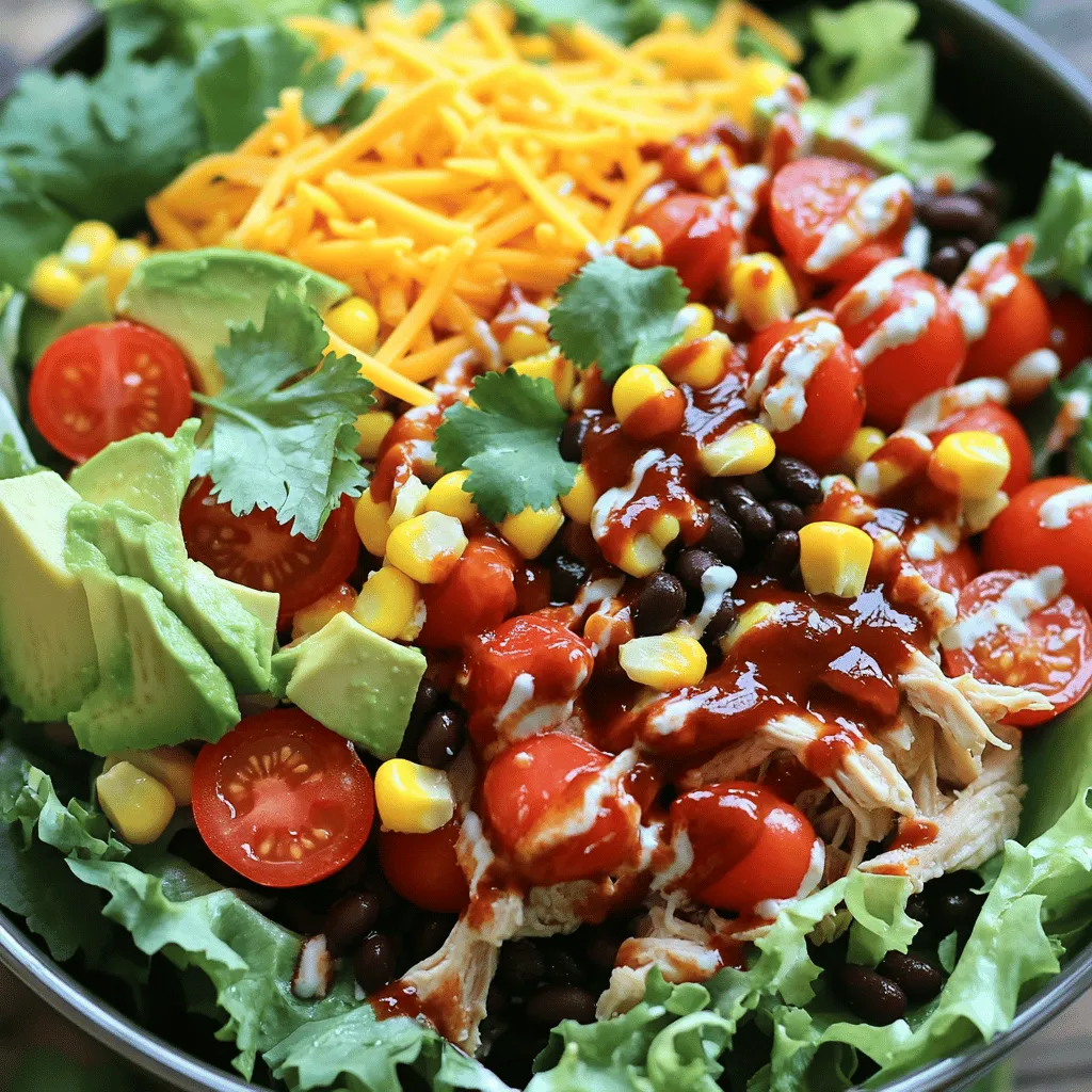 - 2 cups shredded cooked chicken - 1 cup BBQ sauce (select your favorite brand or homemade) - 4 cups mixed lettuce (romaine, arugula, and spinach) - 1 cup cherry tomatoes, halved - 1 cup corn, cooked (fresh or canned) - 1/2 cup black beans, drained and rinsed - 1/2 red onion, thinly sliced - 1 avocado, diced - 1 cup shredded cheese (cheddar or a Mexican blend) - 1/2 cup ranch dressing - Fresh cilantro - Extra BBQ sauce - Optional seasoning The BBQ Ranch Chicken Salad is packed with flavor and color. The main ingredients form a hearty base. Shredded cooked chicken provides protein and pairs well with BBQ sauce. I love to use my favorite BBQ sauce, whether it's sweet, spicy, or tangy. The mixed lettuce gives you a fresh crunch. I use a blend of romaine, arugula, and spinach. This mix keeps the salad interesting and full of nutrients. Next, we have the additional ingredients that add layers of flavor. Halved cherry tomatoes bring sweetness. I often add corn for its juicy bite. Black beans boost the fiber and protein content. Thin slices of red onion add a nice bite, while diced avocado offers creaminess. A sprinkle of shredded cheese ties everything together. I prefer cheddar or a Mexican blend for a tasty finish. Finally, ranch dressing adds a creamy touch that balances the BBQ flavor. For those who want more, consider optional garnishes. Fresh cilantro brightens the dish. A drizzle of extra BBQ sauce adds depth and flavor. You can also add seasoning based on your taste. All these ingredients combine for a vibrant, satisfying meal. Enjoy the fresh and bold flavors of this easy-to-make salad! To start, take 2 cups of shredded cooked chicken. Put it in a medium bowl. Next, add 1 cup of your favorite BBQ sauce. Mix well until the chicken is fully coated in the sauce. You want every bit of chicken to soak up that sweet and smoky flavor. Now, grab a large salad bowl. Layer 4 cups of mixed lettuce as your base. I like using romaine, arugula, and spinach for a fresh taste. Once the lettuce is ready, spread the BBQ chicken mixture evenly over it. This adds great flavor to the greens. Then, top the chicken with cherry tomatoes, corn, black beans, red onion, and diced avocado. Each ingredient adds its own special touch. Next, sprinkle 1 cup of shredded cheese over the salad. This adds creaminess and richness. Drizzle ranch dressing on top to taste. You can use about 1/2 cup or more if you like. Season with salt and pepper if needed. Gently toss all the ingredients together to mix the flavors. Lastly, if you want, garnish with fresh cilantro. This adds a nice pop of color and flavor. To make a great BBQ Ranch Chicken Salad, start with the chicken. Ensure it is fully coated in BBQ sauce. Use a medium bowl to mix 2 cups of shredded cooked chicken and 1 cup of your favorite BBQ sauce. This step gives your salad rich flavor. Next, layer the mixed lettuce as your base. Use 4 cups of mixed lettuce for a good crunch and color. When serving, use large bowls or plates. This makes your salad look inviting. Drizzle extra BBQ sauce and ranch dressing on top for a beautiful finish. Toss a few cilantro leaves for a pop of green. This small touch adds a fresh look and taste. You can swap out ingredients for dietary needs. If you need a lighter option, try using grilled chicken instead. If you want more flavor, add toppings like sliced jalapeños or crunchy tortilla strips. You could also use different beans or veggies to fit your taste. {{image_2}} You can make this dish even tastier by grilling the chicken first. Grilling gives it a smoky flavor. Simply marinate the chicken in BBQ sauce for a few hours. After that, grill it until it's juicy and slightly charred. Then shred the chicken and mix it with more BBQ sauce. Layer this grilled chicken over your salad for an extra kick. No chicken? No problem! You can easily make this salad vegetarian. Use grilled tempeh or chickpeas instead of chicken. Both options add protein and flavor. Toss the chickpeas with BBQ sauce for a smoky taste. For a fresh twist, add roasted sweet potatoes. They give a sweet and savory balance to the salad. Do you like spice? Add some heat to your salad! You can mix in sliced jalapeños or a spicy BBQ sauce. This will give the salad a nice kick. If you want it even spicier, add a dash of hot sauce to the ranch dressing. This will make every bite burst with flavor! To keep your BBQ Ranch Chicken Salad fresh, store it in an airtight container. Place it in the fridge. It lasts about three days. If you notice any wilting or off smells, toss it. Keep the dressing separate to maintain crispness. You can enjoy this salad cold or warm. If you like it warm, heat the chicken in the microwave. Use a low power setting to avoid overcooking. Don’t heat the veggies or dressing; they taste best fresh. Add the dressing right before serving for the best flavor. Making this salad ahead is easy. Cook and shred the chicken in advance. Mix it with BBQ sauce, then store it separately. Chop the veggies and keep them in a container. On the day you want to eat, just combine everything. This way, you save time and enjoy fresh flavors! For this salad, you can use store-bought or homemade BBQ sauce. I like a sweet and smoky sauce, but pick what you enjoy. If you want to make your own, mix ketchup, brown sugar, vinegar, and spices. This gives you control over the flavor. Look for sauces with no high-fructose corn syrup for a healthier choice. Yes, you can use frozen chicken! Just make sure to thaw it first. You can do this overnight in the fridge or use the microwave. Once thawed, cook it until it’s fully done. Shred the chicken and mix it with BBQ sauce as usual. This method saves time and is great for meal prep. To reduce calories, use less cheese or substitute it with a lighter option. You can also swap ranch dressing for yogurt or a light vinaigrette. Choose low-calorie BBQ sauce to cut back on sugar. Adding more veggies, like cucumbers or bell peppers, helps keep it filling without many calories. This BBQ Ranch Chicken Salad is easy and fun to make. You learned about key ingredients like chicken, BBQ sauce, and mixed lettuce. I shared tips for layering and how to present the dish nicely. You can customize it based on your taste, whether you want it spicy or vegetarian. Lastly, proper storage keeps leftovers fresh for later. Enjoy trying out these ideas to create your perfect salad!
