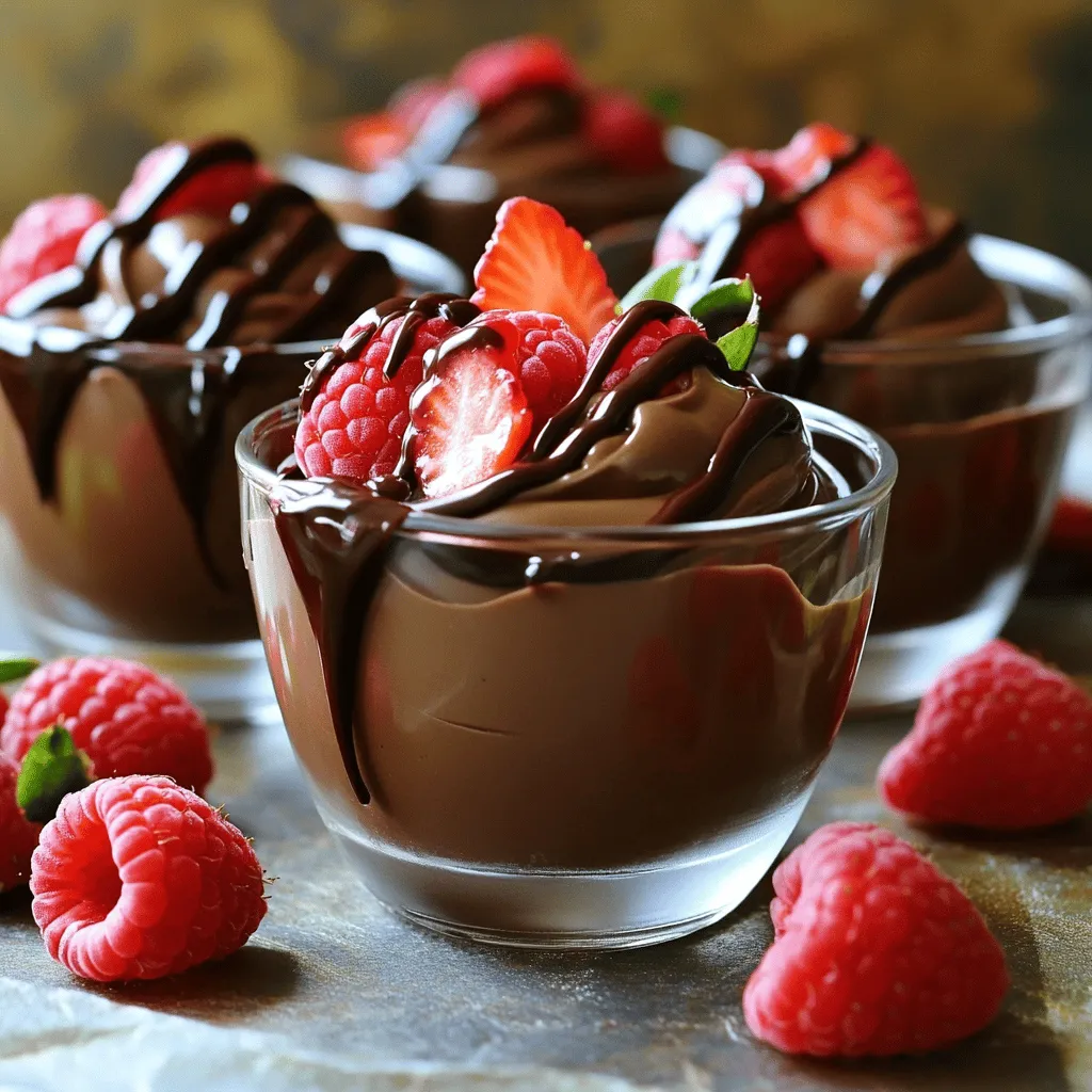 To make the Vegan Chocolate Avocado Mousse, you need a few simple ingredients. Here’s what you will need: - 2 ripe avocados - 1/4 cup unsweetened cocoa powder - 1/4 cup maple syrup - 1/4 cup almond milk - 1 teaspoon vanilla extract - Pinch of sea salt - 1/4 cup dark chocolate chips for garnish - Fresh berries for garnish These ingredients work together to create a rich and creamy treat. The avocados give the mousse a smooth texture, while cocoa powder adds a deep chocolate flavor. Maple syrup sweetens it perfectly, and almond milk keeps it light. The vanilla extract enhances the taste, and a pinch of sea salt balances the sweetness. After making the mousse, you can garnish it with melted dark chocolate and fresh berries. They add color and a burst of flavor. Each ingredient plays a key role, making this mousse not just tasty but also healthy. Enjoy creating this delightful dessert! - Start by slicing the ripe avocados in half. - Use a knife to carefully remove the pits. - Scoop the creamy flesh into a blender or food processor. - Add 1/4 cup of unsweetened cocoa powder. - Pour in 1/4 cup of maple syrup for sweetness. - Add 1/4 cup of almond milk, 1 teaspoon of vanilla extract, and a pinch of sea salt. - Blend until smooth and creamy. Scrape down the sides to mix well. - You want a silky texture, so blend until there are no lumps. - Taste the mousse and adjust sweetness with more maple syrup if needed. Blend again to combine. - Transfer the mousse into serving dishes or glasses. - Refrigerate for at least 30 minutes to set and chill. - To serve, melt 1/4 cup of dark chocolate chips in the microwave or double boiler. - Drizzle the melted chocolate over the mousse. - Garnish with fresh berries for a pop of color and flavor. - Serve in clear glass cups for a lovely presentation. - You can swap maple syrup for agave syrup or coconut sugar. - Almond milk works well, but you can try soy, oat, or coconut milk too. - Use a high-speed blender for the best results. - If you find lumps, blend longer and scrape the sides. - Add a pinch of cinnamon or a drop of almond extract for extra flavor. - Top with melted dark chocolate and fresh berries for a beautiful finish. {{image_2}} You can easily add fresh mint or peppermint extract for a refreshing twist. Start by blending in a handful of fresh mint leaves with your other ingredients. If you prefer, use a few drops of peppermint extract instead. This will bring a lovely coolness to your mousse. Mint pairs well with chocolate, making each bite more exciting. For a unique kick, incorporate a hint of cayenne or chili powder. Add just a pinch to the blender when mixing your mousse. This small change can create a fun contrast between the rich chocolate and the heat. It’s perfect for those who love a bit of spice in their dessert. You can also blend in bananas or berries for fruity flavors. Adding a ripe banana will make your mousse even creamier and sweeter. If you like berries, toss in some frozen or fresh ones while blending. They will add natural sweetness and a pop of color. This option makes the mousse fruity and delightful, perfect for summer. To keep your mousse fresh, use airtight containers. Glass jars work great for this. Make sure the lid is on tight. Store the mousse in the fridge. It will stay good for a few days. The mousse stays fresh for up to three days in the fridge. After that, it may lose its creamy texture. Always check for any off smell or change in color before eating. Yes, you can freeze the mousse! Pour it into freezer-safe containers and leave some space at the top. The mousse may change texture when thawed, but it will still taste good. To use, thaw it in the fridge overnight before serving. Yes, Vegan Chocolate Avocado Mousse is quite healthy. It uses ripe avocados, which are full of good fats. These fats help your heart and keep you full. The cocoa powder adds antioxidants, which are great for your body. Maple syrup gives a natural sweetness without refined sugar. Almond milk is low in calories and high in vitamins. Together, these ingredients create a treat that is both tasty and nutritious. Yes, you can make this mousse ahead of time. It stays fresh in the fridge for up to three days. Just prepare the mousse, place it in an airtight container, and chill. This way, you can enjoy a quick dessert whenever you want. If you want it extra cold, chill it for about 30 minutes before serving. If you don’t have avocados, you can use silken tofu. Silken tofu gives a creamy texture like avocado. You can also try using banana, but it will change the flavor. Another option is to use coconut cream, which adds a rich taste. Choose what you have on hand to still make a creamy dessert. You learned how to make a delicious vegan chocolate avocado mousse. This recipe uses simple, healthy ingredients like avocados and cocoa powder. I walked you through each step, from preparing the avocados to blending the flavors together. Remember to chill the mousse for the best taste and texture. Feel free to experiment with variations and toppings. Enjoy this creamy treat packed with nutrients. Your friends and family will love it, and so will you!