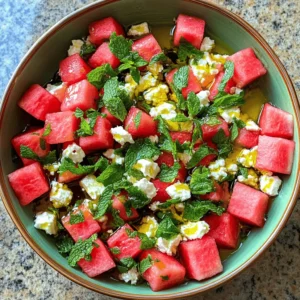 For this refreshing salad, you need: - 4 cups watermelon, cubed - 1 cup feta cheese, crumbled - 1/2 cup fresh mint leaves, chopped - 1 tablespoon olive oil - 2 tablespoons balsamic vinegar - Salt and pepper to taste You can make it more special by adding: - 1/4 cup red onion, thinly sliced Red onion gives a nice crunch and tang. It adds a great flavor boost. If you don’t have something, try these swaps: - Use goat cheese instead of feta for a creamier taste. - Swap balsamic vinegar for lemon juice for a zestier kick. - Replace fresh mint with basil for a different herbal note. These options keep the salad fresh and fun! Start by gathering your ingredients. You will need: - 4 cups watermelon, cubed - 1 cup feta cheese, crumbled - 1/2 cup fresh mint leaves, chopped - 1 tablespoon olive oil - 2 tablespoons balsamic vinegar - Salt and pepper to taste - Optional: 1/4 cup red onion, thinly sliced Next, cut the watermelon into small cubes. Aim for bite-sized pieces. If you choose to use red onion, slice it thinly. Chop the mint leaves finely. This helps release the mint's fresh flavor. Crumble the feta cheese into small pieces. In a large bowl, combine the cubed watermelon and crumbled feta cheese. If you added red onion, toss it in now. In a smaller bowl, whisk together the olive oil and balsamic vinegar. Pour this dressing over the watermelon and feta mix. Now, add the chopped mint leaves. Season with salt and pepper to taste. Gently toss all the ingredients together. You want to coat everything evenly. Allow the salad to sit for about 10 minutes. This lets the flavors blend well. For extra flavor, consider these tips: - Use fresh, ripe watermelon for the best taste. - Choose high-quality feta cheese for creaminess. - Experiment with different herbs, like basil or cilantro. - Add a squeeze of lime for a citrus twist. These simple changes can elevate your salad. Enjoy the refreshing taste of your watermelon feta mint salad! Serve the watermelon feta mint salad in a shallow bowl. It looks beautiful this way. For a fun twist, arrange watermelon cubes in a circle. Place the crumbled feta in the middle. This makes a great centerpiece for any table. You can add extra mint leaves on top for color. Serve it cold for the best taste. Pair it with grilled chicken or fish for a full meal. Choose ripe watermelon for the best flavor. Look for a firm, heavy melon with a uniform shape. The skin should be a deep green color. Fresh feta cheese adds creaminess to the salad. Buy feta from a deli or specialty store for quality. Fresh mint leaves should be bright green and fragrant. Avoid limp or yellowed leaves. If you add red onion, choose a fresh one that is firm and crisp. Store leftover salad in an airtight container. This keeps the flavors fresh and prevents sogginess. Place it in the fridge and eat it within one day. The watermelon may release some juice, so drain it before serving again. If you want to keep the mint fresh, add it just before serving. This way, it stays bright and vibrant. {{image_2}} You can make this salad heartier by adding protein. Grilled chicken works well. Just slice it thin and mix it in. Shrimp is another great choice. Cook it quickly in a pan with some olive oil. Toss it into the salad for extra flavor and texture. Tofu can be a good option too, especially for a vegetarian twist. Just cube it and add it in. While the olive oil and balsamic vinegar are tasty, try other dressings too. A honey-lime dressing adds sweetness and zing. Just mix honey, lime juice, and a bit of olive oil. For a spicy kick, use a chili-lime vinaigrette. It pairs well with the sweet watermelon. You can also try yogurt-based dressings for creaminess. Switch up your fruits and herbs based on the season. In summer, add peaches or berries for extra sweetness. In fall, try diced apples or pears for crunch. Fresh basil can replace mint in late summer. It gives a different flavor but still tastes great. You can even mix in some citrus slices in winter for a bright touch. A serving of watermelon feta mint salad has about 150 calories. This comes mainly from the watermelon and feta cheese. Watermelon provides hydration and natural sugars, while feta adds flavor and protein. The olive oil dressing adds a small amount of healthy fats. - Watermelon: Full of water, it keeps you hydrated. It's low in calories and rich in vitamins A and C. - Feta Cheese: Offers protein and calcium. It adds a creamy texture and salty taste to the salad. - Mint: Aids digestion and adds a fresh flavor. It can help with nausea and headaches. - Olive Oil: Contains healthy fats and antioxidants. It can support heart health when used in moderation. - Balsamic Vinegar: Low in calories and can help balance blood sugar levels. This salad is gluten-free and vegetarian. It’s perfect for many diets. You can easily make it vegan by omitting feta or using a plant-based cheese. If you have nut allergies, check the olive oil brand. This dish supports many healthy eating plans and is great for summer picnics. This salad tastes best fresh. If you store it, it lasts about 1 to 2 days in the fridge. The watermelon may lose some crunch and get watery. To keep it fresh, store it in an airtight container. You can prepare the salad a few hours in advance. Just add the dressing right before serving. This keeps the salad crisp and fresh. If you make it too early, the watermelon may get soggy. Cutting watermelon can be easy with the right steps. Here are some tips: - Use a sharp knife. A dull knife can slip and cause accidents. - Start by cutting the watermelon in half. Place it flat on the cutting board. - Cut each half into quarters for easier handling. - Slice the quarters into wedges. You can then cube the wedges. - For cubes, slice down and then across. These steps will help you cut watermelon safely and quickly. Enjoy your watermelon prep! In this blog post, we explored the key ingredients for your salad, how to prepare them, and tips for serving and storing. I shared fun ways to adjust the recipe and boost its nutrition. Remember, using fresh ingredients makes all the difference in flavor. Feel free to get creative with add-ins and dressings to match your taste. With these steps, you can enjoy a tasty and healthy salad anytime. Happy salad making!