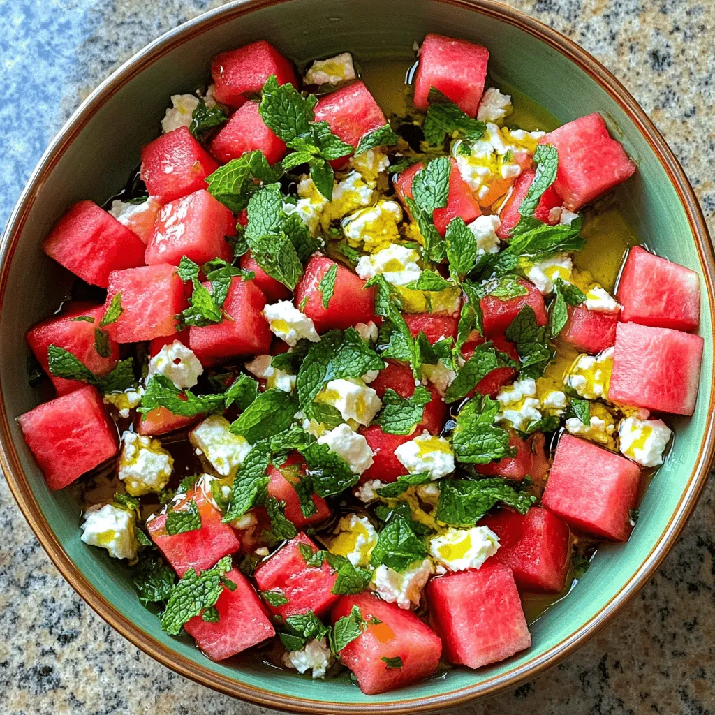 For this refreshing salad, you need: - 4 cups watermelon, cubed - 1 cup feta cheese, crumbled - 1/2 cup fresh mint leaves, chopped - 1 tablespoon olive oil - 2 tablespoons balsamic vinegar - Salt and pepper to taste You can make it more special by adding: - 1/4 cup red onion, thinly sliced Red onion gives a nice crunch and tang. It adds a great flavor boost. If you don’t have something, try these swaps: - Use goat cheese instead of feta for a creamier taste. - Swap balsamic vinegar for lemon juice for a zestier kick. - Replace fresh mint with basil for a different herbal note. These options keep the salad fresh and fun! Start by gathering your ingredients. You will need: - 4 cups watermelon, cubed - 1 cup feta cheese, crumbled - 1/2 cup fresh mint leaves, chopped - 1 tablespoon olive oil - 2 tablespoons balsamic vinegar - Salt and pepper to taste - Optional: 1/4 cup red onion, thinly sliced Next, cut the watermelon into small cubes. Aim for bite-sized pieces. If you choose to use red onion, slice it thinly. Chop the mint leaves finely. This helps release the mint's fresh flavor. Crumble the feta cheese into small pieces. In a large bowl, combine the cubed watermelon and crumbled feta cheese. If you added red onion, toss it in now. In a smaller bowl, whisk together the olive oil and balsamic vinegar. Pour this dressing over the watermelon and feta mix. Now, add the chopped mint leaves. Season with salt and pepper to taste. Gently toss all the ingredients together. You want to coat everything evenly. Allow the salad to sit for about 10 minutes. This lets the flavors blend well. For extra flavor, consider these tips: - Use fresh, ripe watermelon for the best taste. - Choose high-quality feta cheese for creaminess. - Experiment with different herbs, like basil or cilantro. - Add a squeeze of lime for a citrus twist. These simple changes can elevate your salad. Enjoy the refreshing taste of your watermelon feta mint salad! Serve the watermelon feta mint salad in a shallow bowl. It looks beautiful this way. For a fun twist, arrange watermelon cubes in a circle. Place the crumbled feta in the middle. This makes a great centerpiece for any table. You can add extra mint leaves on top for color. Serve it cold for the best taste. Pair it with grilled chicken or fish for a full meal. Choose ripe watermelon for the best flavor. Look for a firm, heavy melon with a uniform shape. The skin should be a deep green color. Fresh feta cheese adds creaminess to the salad. Buy feta from a deli or specialty store for quality. Fresh mint leaves should be bright green and fragrant. Avoid limp or yellowed leaves. If you add red onion, choose a fresh one that is firm and crisp. Store leftover salad in an airtight container. This keeps the flavors fresh and prevents sogginess. Place it in the fridge and eat it within one day. The watermelon may release some juice, so drain it before serving again. If you want to keep the mint fresh, add it just before serving. This way, it stays bright and vibrant. {{image_2}} You can make this salad heartier by adding protein. Grilled chicken works well. Just slice it thin and mix it in. Shrimp is another great choice. Cook it quickly in a pan with some olive oil. Toss it into the salad for extra flavor and texture. Tofu can be a good option too, especially for a vegetarian twist. Just cube it and add it in. While the olive oil and balsamic vinegar are tasty, try other dressings too. A honey-lime dressing adds sweetness and zing. Just mix honey, lime juice, and a bit of olive oil. For a spicy kick, use a chili-lime vinaigrette. It pairs well with the sweet watermelon. You can also try yogurt-based dressings for creaminess. Switch up your fruits and herbs based on the season. In summer, add peaches or berries for extra sweetness. In fall, try diced apples or pears for crunch. Fresh basil can replace mint in late summer. It gives a different flavor but still tastes great. You can even mix in some citrus slices in winter for a bright touch. A serving of watermelon feta mint salad has about 150 calories. This comes mainly from the watermelon and feta cheese. Watermelon provides hydration and natural sugars, while feta adds flavor and protein. The olive oil dressing adds a small amount of healthy fats. - Watermelon: Full of water, it keeps you hydrated. It's low in calories and rich in vitamins A and C. - Feta Cheese: Offers protein and calcium. It adds a creamy texture and salty taste to the salad. - Mint: Aids digestion and adds a fresh flavor. It can help with nausea and headaches. - Olive Oil: Contains healthy fats and antioxidants. It can support heart health when used in moderation. - Balsamic Vinegar: Low in calories and can help balance blood sugar levels. This salad is gluten-free and vegetarian. It’s perfect for many diets. You can easily make it vegan by omitting feta or using a plant-based cheese. If you have nut allergies, check the olive oil brand. This dish supports many healthy eating plans and is great for summer picnics. This salad tastes best fresh. If you store it, it lasts about 1 to 2 days in the fridge. The watermelon may lose some crunch and get watery. To keep it fresh, store it in an airtight container. You can prepare the salad a few hours in advance. Just add the dressing right before serving. This keeps the salad crisp and fresh. If you make it too early, the watermelon may get soggy. Cutting watermelon can be easy with the right steps. Here are some tips: - Use a sharp knife. A dull knife can slip and cause accidents. - Start by cutting the watermelon in half. Place it flat on the cutting board. - Cut each half into quarters for easier handling. - Slice the quarters into wedges. You can then cube the wedges. - For cubes, slice down and then across. These steps will help you cut watermelon safely and quickly. Enjoy your watermelon prep! In this blog post, we explored the key ingredients for your salad, how to prepare them, and tips for serving and storing. I shared fun ways to adjust the recipe and boost its nutrition. Remember, using fresh ingredients makes all the difference in flavor. Feel free to get creative with add-ins and dressings to match your taste. With these steps, you can enjoy a tasty and healthy salad anytime. Happy salad making!