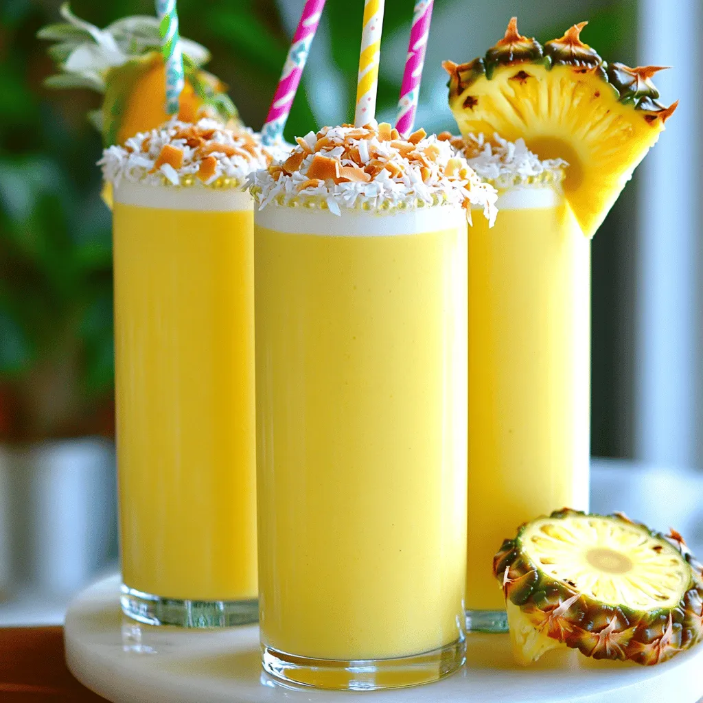 To make this tasty Pineapple Coconut Smoothie, gather these simple ingredients: - 1 cup fresh pineapple chunks - 1 banana, peeled and sliced - 1 cup coconut milk (canned or carton) - 1/2 cup Greek yogurt - 1/2 teaspoon vanilla extract - Ice cubes (optional for a thicker consistency) You can make your smoothie even better with these optional items: - 1 tablespoon honey or maple syrup (for sweetness) - Toasted coconut flakes for garnish This smoothie is not only delicious but also healthy. Each serving has: - Calories: 230 - Protein: 7g - Carbohydrates: 33g - Fat: 9g - Fiber: 3g - Sugars: 20g The fresh pineapple and banana provide vitamins, while Greek yogurt adds protein. Coconut milk gives healthy fats and a creamy texture. Enjoy this smoothie for a refreshing and nutritious treat! First, gather all your ingredients. You will need: - 1 cup fresh pineapple chunks - 1 banana, peeled and sliced - 1 cup coconut milk - 1/2 cup Greek yogurt - 1 tablespoon honey or maple syrup (optional) - 1/2 teaspoon vanilla extract - Ice cubes (optional) - Toasted coconut flakes for garnish Make sure the pineapple is ripe and sweet. This makes the smoothie taste great. Slice the banana into small pieces for easy blending. Measure out the coconut milk and yogurt. If you like it sweeter, grab your honey or maple syrup. Now, it's time to blend! Put all the ingredients into your blender. Start with the pineapple chunks, followed by banana slices, coconut milk, Greek yogurt, honey, and vanilla extract. Blend on high until you get a smooth texture. If you want a thicker smoothie, add some ice cubes and blend again. Don’t forget to taste it! You can add more honey or syrup if you prefer it sweeter. Once blended, pour the smoothie into tall glasses. To make it look nice, sprinkle toasted coconut flakes on top. You can also add a colorful straw or a slice of pineapple on the rim for a fun touch. Enjoy your refreshing and healthy drink! To get the best smoothie texture, start with fresh ingredients. Use ripe pineapple and banana. If you want a thicker drink, add ice cubes. Blend on high until it is smooth and creamy. If it feels too thick, add a splash of coconut milk. This will help blend it better. Taste your smoothie before adding sweeteners. If it needs more sweetness, honey or maple syrup works well. Start with one tablespoon and blend. You can always add more if needed. The ripeness of the banana can also add natural sweetness. So, choose a banana that is just right for your taste. A good blender makes a big difference. Make sure to layer your ingredients right. Add soft items like yogurt and banana first. Then, add the pineapple and coconut milk. This helps everything blend more easily. Always secure the lid tightly. Start blending on low, then increase to high speed. This helps to avoid splashes and ensures a smooth mix. {{image_2}} You can change the fruit in this smoothie. Try mango for a sweet twist. Use strawberries for a berry burst. Blueberries add a nice color and taste. Each option brings new flavors and fun. To make this smoothie dairy-free, swap Greek yogurt for a plant-based yogurt. Almond or soy yogurt works great. For the milk, use almond milk or oat milk. You still get a creamy texture without dairy. Want to boost your smoothie? Add protein powder for extra energy. Chia seeds or flaxseeds are great superfood options. They add fiber and nutrients without changing the flavor much. You can also toss in spinach for a green boost! If you have leftover smoothie, pour it into a jar with a tight lid. This helps keep it fresh. Store it in the fridge and drink it within 24 hours. The smoothie may separate, so give it a good shake before you enjoy it again. To make smoothies easy, freeze your ingredients. Cut pineapple and banana into small chunks. Place them in a freezer bag and seal it tight. You can also freeze coconut milk in ice cube trays. This way, you have ready-made smoothie parts whenever you want a quick drink. You can re-blend leftovers if they’re not thick anymore. Simply pour the smoothie back into your blender. Add a bit of fresh coconut milk or ice to make it creamy again. Blend until smooth, and enjoy your tasty drink! Pineapple is rich in vitamin C and manganese. It helps boost your immune system. This fruit also contains bromelain, which aids digestion. Coconut adds healthy fats and fiber to your diet. It can help keep you full longer. Together, they make a tasty mix that supports health and wellness. You get hydration, energy, and essential nutrients in one drink. Yes, you can make this smoothie ahead of time. Just blend your ingredients and store in the fridge. It will stay fresh for about one day. If you want to keep it longer, freeze it in an airtight container. When you’re ready to drink, just thaw and blend again. This way, you'll have a quick treat ready to enjoy. A good blender for smoothies should have strong blades and a powerful motor. Look for a blender with a high wattage, around 500 watts or more. This power helps blend tough fruits like pineapple and banana. Also, a blender with a large pitcher is great for making multiple servings. Brands like Vitamix and Ninja are popular for smoothie-making. This blog post covered how to make a delicious smoothie. We discussed key ingredients, optional add-ins, and nutrition facts. I shared clear steps for blending and serving. You learned tips for perfect consistency and sweetening. We explored fun variations and how to store smoothies too. In conclusion, making a great smoothie is simple and fun. By following these tips, you can enjoy healthy flavors every day. Keep experimenting for new tastes and textures. Your smoothie journey starts now!