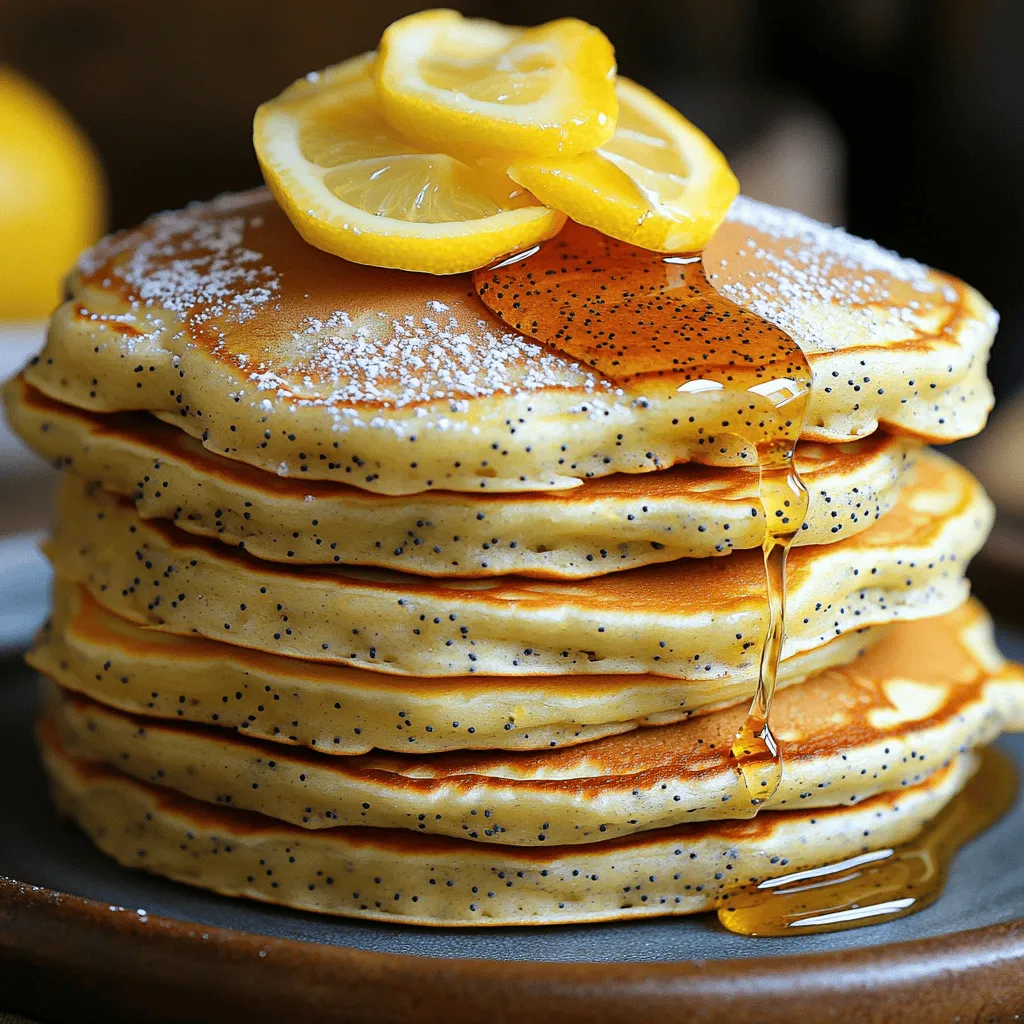 - 1 cup all-purpose flour - 2 tablespoons poppy seeds - 2 teaspoons baking powder - ½ teaspoon baking soda - ¼ teaspoon salt - 1 tablespoon sugar - 1 cup buttermilk - 1 large egg - 2 tablespoons melted butter (plus extra for cooking) - Zest of 1 lemon - 2 tablespoons lemon juice - Butter for cooking - Toppings: maple syrup, fresh berries, powdered sugar For my lemon poppy seed pancakes, I start with dry ingredients. I use all-purpose flour for a soft base. Poppy seeds add a nice crunch and a pop of flavor. Baking powder and baking soda help the pancakes rise. Salt and sugar balance the taste. Then, I mix my wet ingredients. Buttermilk adds creaminess and helps the pancakes stay fluffy. I add a large egg for richness. Melted butter gives a nice flavor, while lemon zest and juice brighten each bite. Lastly, I need butter for cooking. For toppings, I love maple syrup, fresh berries, or a sprinkle of powdered sugar. Each ingredient plays a role in making these pancakes delightful and fluffy. First, grab a large mixing bowl. Whisk together these dry ingredients: - 1 cup all-purpose flour - 2 tablespoons poppy seeds - 2 teaspoons baking powder - ½ teaspoon baking soda - ¼ teaspoon salt - 1 tablespoon sugar Mix these well until you see no lumps. This step sets the base for your pancakes. Next, take another bowl. Combine the following wet ingredients: - 1 cup buttermilk - 1 large egg - 2 tablespoons melted butter - Zest of 1 lemon - 2 tablespoons lemon juice Whisk them together until smooth. The lemon zest adds a bright flavor. Now, pour the wet mixture into the dry ingredients. Stir gently with a spatula. Do not overmix! Small lumps are okay. This keeps your pancakes fluffy. Heat a non-stick skillet over medium heat. Add a small amount of butter. Pour about ¼ cup of batter for each pancake. Cook until bubbles form on the surface, about 2-3 minutes. Flip them over and cook for another 1-2 minutes. Look for a golden brown color. Stack the pancakes high on a plate. You can add toppings like: - Maple syrup - Fresh berries - Powdered sugar For a cheerful look, garnish with lemon slices and a sprinkle of poppy seeds. Enjoy your delightful breakfast! To make your pancakes fluffy, avoid overmixing the batter. Mix until you see small lumps. This keeps the pancakes light and airy. If you mix too much, the gluten in the flour can make them dense. The best toppings for lemon poppy seed pancakes are fresh berries, maple syrup, or whipped cream. You can also add a dusting of powdered sugar for a sweet touch. For a fun twist, drizzle honey on top. For presentation, stack the pancakes high on a plate. Drizzle with syrup and add lemon slices. Sprinkle some poppy seeds on top for color and charm. This makes your breakfast look bright and inviting. For the ideal skillet temperature, heat it over medium. A hot skillet helps create a nice golden crust. Use a little butter to coat the pan. This keeps the pancakes from sticking and adds flavor. If the butter sizzles, it’s ready for the batter. {{image_2}} You can make these pancakes even more fun! Try adding fresh blueberries or strawberries to the batter. These fruits add sweetness and color. You can also mix in other citrus zests. Try orange or lime zest for a new twist. These add bright flavors that pair well with lemon. If you need a gluten-free option, use gluten-free flour instead of all-purpose flour. Many brands work well, so choose your favorite. For a vegan version, swap the buttermilk with plant-based milk mixed with a little vinegar. Instead of an egg, use a flax egg or mashed banana. Both options keep the pancakes soft and tasty. You can serve pancakes in fun ways! Make pancake sandwiches by adding yogurt and fresh fruit between two pancakes. You can also layer pancakes with yogurt and fruit for a beautiful stack. This adds flavor and makes your breakfast look special. Use your creativity to make each serving unique! To keep leftover pancakes fresh, stack them with parchment paper in between. This prevents sticking. Place the stack in an airtight container. Store it in the fridge for up to three days. When ready to eat, check for any off smells. If they smell fine, they are good to go. Freezing pancakes is a great way to enjoy them later. Place cooled pancakes in a single layer on a baking sheet. Freeze them for one hour. Once frozen, transfer them to a freezer bag. Remove as much air as possible before sealing. They can last up to two months in the freezer. To reheat, pull out the number you want, and place them in the fridge overnight. To keep pancakes fluffy when reheating, use a microwave or an oven. For the microwave, place pancakes on a plate and cover with a damp paper towel. Heat them for 20 to 30 seconds. For the oven, preheat it to 350°F (175°C). Place pancakes on a baking sheet and cover with foil. Heat for about 10 minutes. Both methods help keep your pancakes soft and delicious. Yes, you can prepare the pancake batter ahead of time. To do this, mix the dry and wet ingredients separately. Store each in the fridge. When you are ready to cook, combine them and stir gently. This keeps the batter fresh and helps maintain fluffiness. Pancakes are done when you see bubbles forming on the surface. The edges should look set and slightly golden. After flipping, cook until the other side is golden brown. This usually takes about 2 to 3 minutes per side. If you don't have buttermilk, you can use regular milk with a twist. Just add 1 tablespoon of lemon juice or vinegar to 1 cup of milk. Let it sit for about 5 minutes. This makes a quick substitute that works well in pancakes. You can also use yogurt or sour cream, thinned with a little milk. Leftover pancakes can last for about 3 to 4 days in the fridge. Store them in an airtight container. If you want them to last longer, freeze them. They can stay fresh in the freezer for up to 2 months. Just reheat them in a toaster or skillet when you are ready to enjoy! These lemon poppy seed pancakes are a tasty treat. We covered the key ingredients, both dry and wet, and then looked at how to mix and cook them. I shared tips to make your pancakes extra fluffy and ideas for fun toppings. Remember, you can customize the recipe with fruits or dietary options. With proper storage, your leftovers can be enjoyed later. Try making these pancakes for a bright and cheerful breakfast. You'll love how easy and delicious they are!