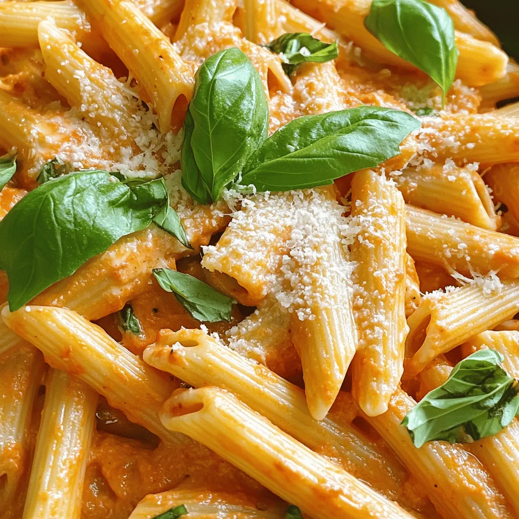 - Pasta type choices: You can use 12 oz of penne or fettuccine. Both work great. - Red bell peppers: Use 2 large red bell peppers. They bring sweetness and color. - Other key ingredients: - 1 cup of heavy cream adds richness. - 1 clove of minced garlic gives flavor. - 1 tablespoon of olive oil for sautéing. - 1 teaspoon of smoked paprika adds depth. - ½ teaspoon of red pepper flakes for a little heat. Adjust to your taste. - Salt and pepper to taste. - Optional ingredients for enhanced flavor: - ¼ cup of grated Parmesan cheese for a savory touch. - Fresh basil leaves for a bright garnish. These ingredients come together to create a creamy and flavorful pasta dish. Each adds a unique taste that balances well. Enjoy mixing and matching to suit your palate! Roasting red peppers brings out their sweet flavor. Start by preheating your oven to 400°F (200°C). Cut the peppers in half and remove the seeds. Place them cut-side down on a baking sheet. Roast for 25 to 30 minutes. Look for skins that are charred and blistered. This adds depth to the flavor. After roasting, let the peppers cool for about 10 minutes. Once cool, peel off the charred skin. Chop the flesh into small pieces. This gives you the base for your sauce. While your peppers roast, it’s time to cook the pasta. Bring a large pot of salted water to a boil. Add your pasta and cook until it is al dente. This usually takes about 8 to 10 minutes. Make sure to check the package for specific times. Remember to save 1 cup of pasta water before draining. This starchy water helps the sauce stick to the pasta. In a large skillet, heat 1 tablespoon of olive oil over medium heat. Add 1 clove of minced garlic and sauté for about 1 minute. You want the garlic to be fragrant but not brown. Next, add the roasted red peppers, 1 teaspoon of smoked paprika, and ½ teaspoon of red pepper flakes. Stir and cook for about 2 to 3 minutes. Then, pour in 1 cup of heavy cream and bring it to a simmer. The cream makes the sauce rich and smooth. For the smoothest sauce, use an immersion blender. Alternatively, transfer the mixture to a regular blender, then blend until smooth. Stir in salt and pepper to taste. Once your sauce is ready, it’s time to combine. Toss the cooked pasta into the skillet with the creamy red pepper sauce. If the sauce is too thick, add a bit of the reserved pasta water. This helps achieve the right creamy consistency. Mix everything well so that the pasta is coated evenly. Serve the pasta warm. Garnish with fresh basil leaves and extra Parmesan cheese if you like. Enjoy every delicious bite! To make your creamy roasted red pepper pasta even better, try adding a few spices. Here are some great ideas: - Italian herbs: Dried oregano or basil can add depth. - Lemon zest: A little zest brightens the dish. - Nuts: Toasted pine nuts or walnuts add crunch. You can also mix in some fresh veggies like spinach or cherry tomatoes. They add color and nutrition! When you roast the red peppers, aim for a nice char to build flavor. Here’s how: - Roasting: Set your oven to 400°F (200°C). Place peppers cut-side down on the baking sheet and roast for 25-30 minutes. - Sautéing: After cooking the garlic, add the chopped roasted peppers. Sauté for a few minutes for flavor meld. If you want to keep it simple, you can also blanch the peppers. Boil them for 2-3 minutes, then soak in ice water. This method keeps the color bright! How you serve your pasta can make it even more inviting. Here are some fun ways to present it: - Garnish: Fresh basil leaves on top add a pop of color. - Cheese: Sprinkle extra Parmesan cheese for a rich touch. - Serving style: Use a large bowl or a platter for a family-style meal. You can also drizzle a bit of olive oil or balsamic glaze for a beautiful finish. Enjoy your dish! {{image_2}} You can make this dish even more colorful and tasty by adding veggies. Try spinach, zucchini, or mushrooms. These will boost the flavor and nutrition. You can also use plant-based cream instead of heavy cream. This keeps the dish creamy and rich without dairy. To make this pasta heartier, consider adding protein. Grilled chicken or shrimp pair well with the creamy sauce. If you're looking for a plant-based option, try adding cubed tofu. Just sauté the protein until cooked and mix it in with the pasta. If you need a gluten-free option, don't worry! Many great pastas work well here. Look for gluten-free penne or fettuccine made from rice or chickpeas. These options keep the dish tasty while meeting your dietary needs. To keep your creamy roasted red pepper pasta fresh, store it in an airtight container. Make sure to cool it down before sealing. This helps prevent moisture buildup. You can keep it in the fridge for up to three days. If you want to keep it longer, consider freezing it. When reheating, you’ll want to maintain the creamy texture. The best way is to use the stovetop. Place the pasta in a pan over low heat. Add a splash of water or cream to help restore the sauce's creaminess. Stir gently until heated through. You can also use the microwave, but cover it loosely to avoid drying out. If you plan to freeze the dish, let it cool completely first. Portion it into smaller containers for easy meals later. Use freezer-safe containers or bags. Label them with the date. To thaw, place the container in the fridge overnight. For a quick option, you can use the microwave. Just remember to stir well after thawing to mix the sauce back in. I recommend using penne or fettuccine. These shapes hold the sauce well. Penne's ridges catch the creamy sauce perfectly. Fettuccine’s flat shape adds a nice texture. You can use any pasta you like, though. Just make sure it cooks to al dente. This gives you a nice bite and helps it mix with the sauce. Yes, you can prep this dish in advance. Cook the pasta and make the sauce separately. Store them in the fridge for up to two days. When you’re ready to eat, heat the sauce and toss it with the pasta. If the sauce thickens, add a bit of reserved pasta water. This keeps the dish creamy and helps the flavors meld. Yes, the sauce freezes well. After blending, let it cool completely. Store it in an airtight container for up to three months. When you want to use it, thaw it in the fridge overnight. Reheat gently on the stove. If the texture changes, stir in a splash of cream or pasta water to restore creaminess. This post covered the delicious Creamy Roasted Red Pepper Pasta. We explored pasta choices, key ingredients, and steps for making this dish. I shared tips on how to boost flavor and suggested variations for different diets. Storing and reheating tips ensure you enjoy leftovers, too. Cooking can be fun and creative. Try this recipe and make it your own! Enjoy every bite of your tasty creation.