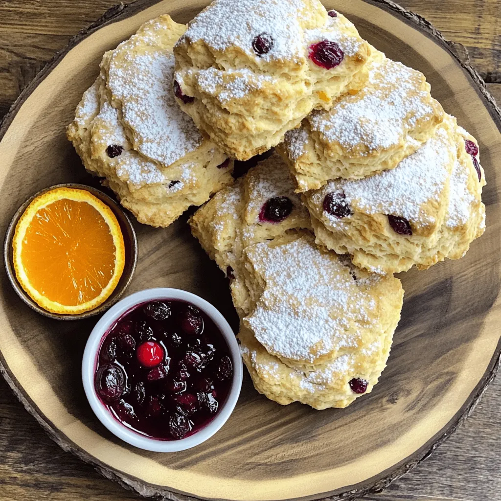 To make these delightful cranberry orange scones, gather: - 2 cups all-purpose flour - 1/3 cup granulated sugar - 1 tablespoon baking powder - 1/2 teaspoon salt - 1/2 cup unsalted butter, cold and cubed - 1/2 cup dried cranberries - Zest of 1 orange - 1/2 cup whole milk - 1 large egg - 1 teaspoon vanilla extract These ingredients blend to create a tasty treat that bursts with flavor. You can boost the taste of your scones with these extras: - 1/2 teaspoon cinnamon for warmth - 1 tablespoon orange juice for extra zing - Chopped nuts, like walnuts or pecans, for crunch Adding these will give your scones a unique twist. If you need to avoid certain ingredients, here are some swaps: - Use gluten-free flour instead of all-purpose flour for a gluten-free option. - Swap unsalted butter for coconut oil or dairy-free butter for a vegan choice. - Choose almond milk or oat milk in place of whole milk for a dairy-free version. These substitutions keep the scones delicious while meeting dietary needs. Start by preheating your oven to 400°F (200°C). This step is key to getting a good rise. While the oven heats up, line a baking sheet with parchment paper. This keeps the scones from sticking and makes cleanup easy. In a large bowl, combine the dry ingredients. You will need 2 cups of all-purpose flour, 1/3 cup of granulated sugar, 1 tablespoon of baking powder, and 1/2 teaspoon of salt. Whisk these together well. This mix is the base of your scones. In another bowl, mix your wet ingredients. You need 1/2 cup of whole milk, 1 large egg, and 1 teaspoon of vanilla extract. Whisk them together until they blend. Keep this mix separate until you’re ready to combine. Now, add the cold, cubed butter. Use your fingers or a pastry cutter to blend it in until the mix looks like coarse crumbs. Then, stir in 1/2 cup of dried cranberries and the zest of one orange. Next, pour in the wet mix, stirring gently. Don’t overmix; a few lumps are fine. Transfer the dough to a floured surface. Knead it just a few times until it holds together. Pat it into a circle about 1 inch thick. Cut this circle into 8 wedges. Place them on your lined baking sheet, leaving space between each piece. Bake your scones for 15-20 minutes. They should turn a light golden color on top. Once done, take them out of the oven. Let them cool on a wire rack for a few minutes. Enjoy your delicious cranberry orange scones warm! To make scones that are soft and flaky, you need to focus on a few things. First, use cold butter. Cold butter helps create those nice layers. Next, do not overmix the dough. Mix just until you see no dry flour. A few lumps are fine. Finally, shape the dough gently. Pat it into a circle instead of rolling it out. This helps keep the scones tender. Many home cooks make a few common mistakes with scones. Here are some to watch for: - Overmixing: This can lead to tough scones. Mix just enough. - Not using cold ingredients: Cold butter and milk help create the right texture. - Skipping the zest: The orange zest adds great flavor. Don’t leave it out. - Incorrect oven temperature: Make sure your oven is preheated to 400°F (200°C) before baking. To keep scones fresh, store them in an airtight container. They can last for up to three days at room temperature. If you want to store them longer, place them in the fridge for up to a week. To reheat, place the scones in a 350°F (175°C) oven for about 5-7 minutes. This warms them up and keeps them soft. You can also microwave them for about 15-20 seconds, but they may not be as crisp. Enjoy your scones warm for the best taste! {{image_2}} You can change the flavor of your scones by adding other fruits or nuts. Try using chopped apples, blueberries, or even peaches. You can use dried fruits like cherries or apricots. For nuts, walnuts or pecans work great. Just keep the total amount of mix-ins similar to the cranberries. This way, you will keep the scone texture the same. Want to try something new? Add chocolate chips to your scones for a sweet twist. Dark or white chocolate both taste amazing. You can also add almond extract instead of vanilla to give a nice nutty flavor. Just use half the amount of almond extract compared to vanilla. This small change can really change the taste. If you need a gluten-free option, you can make simple swaps. Use a gluten-free all-purpose flour blend instead of regular flour. Make sure it has xanthan gum in it. This helps the scones hold together. The taste will still be delicious. Adjust the baking time, as gluten-free scones may bake faster. Keep an eye on them as they cook. Cranberry orange scones taste great with drinks. Here are my top picks: - Tea: A nice cup of black tea works well. It balances the sweet and tart flavors. - Coffee: A light roast coffee can enhance the orange zest. The warmth complements the scones. - Hot Chocolate: If you want a treat, try hot chocolate. It adds a rich touch to your snack. Make your scones shine at any event. Here’s how: - Serve Warm: Warm scones feel cozy and inviting. Enjoy them fresh from the oven. - Dust with Powdered Sugar: A light dusting adds elegance. It gives a sweet touch without being too much. - Use a Nice Platter: Present your scones on a colorful platter. This makes them stand out and look festive. Elevate your scone experience with delicious spreads. Here are some choices: - Orange Marmalade: This spread adds a burst of flavor. It pairs perfectly with the orange zest in the scones. - Cream Cheese: Soft cream cheese gives a rich taste. You can mix in herbs or spices for extra flavor. - Honey or Maple Syrup: A drizzle of honey or syrup adds sweetness. It’s a simple way to enhance the scone. These serving suggestions will make your cranberry orange scones a hit at any gathering! You can tell when scones are done by looking at their color. They should be lightly golden on top. You can also check by tapping the bottom. If it sounds hollow, they are ready. The baking time is usually 15-20 minutes. Keep an eye on them in the last few minutes. Yes, you can freeze cranberry orange scones! After baking, let them cool completely. Wrap each scone tightly in plastic wrap. Place them in a freezer-safe bag or container. They can last up to three months in the freezer. To enjoy, thaw them overnight in the fridge or warm them in the oven. I love serving scones with a few tasty options. Try them with clotted cream or butter. Orange marmalade is a great choice too. You can also pair them with a cup of tea or coffee. Fresh fruit adds a nice touch, making your meal colorful and fun. Cranberry orange scones last about two days at room temperature. For freshness, store them in an airtight container. If you want to keep them longer, refrigerate them for up to a week. Always remember to reheat them before serving for the best taste! Understanding the key ingredients and steps can transform your scone-making skills. Mixing the right flavors and knowing common mistakes helps achieve the perfect texture. Variations let you impress with fun additions, from fruits to gluten-free options. Remember, serving with the right drinks and toppings makes all the difference. With these tips, you can bake scones that delight everyone. Now, gather your ingredients and start your baking adventure! Enjoy every bite.