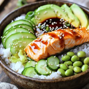 - 2 cups sushi rice - 1 lb salmon fillet, skinless - 1/4 cup soy sauce (low sodium) - 2 tablespoons honey - 1 tablespoon rice vinegar - 1 tablespoon sesame oil - 1 teaspoon grated ginger - 1 avocado, sliced - 1 cucumber, julienned - 1 cup edamame, cooked and shelled - 2 green onions, sliced - 1 tablespoon sesame seeds - Nori sheets, cut into strips - Pickled ginger (for serving) Gather these ingredients for a tasty teriyaki salmon sushi bowl. Sushi rice is key for the base. It gives the bowl its soft and sticky texture. Next, the salmon adds protein and flavor. Opt for skinless fillets for easy cooking. The soy sauce and honey blend creates that sweet and salty teriyaki flavor. Rice vinegar and sesame oil enhance the taste, adding depth. Don’t forget the fresh veggies! Avocado brings creaminess, while cucumber adds crunch. Edamame gives a protein boost. Finally, the garnishes complete your dish. Green onions, sesame seeds, and nori strips add color and texture. Pickled ginger serves as a zesty side. Each ingredient works together to create a healthy and easy meal. - Rinse rice until water is clear. - Combine rice and 2 ½ cups of water in a saucepan. - Cook for 18-20 minutes and let sit after heat. Getting the sushi rice right is key. Rinsing removes excess starch, making the rice less sticky. Once you cook it, keep it covered for ten minutes. This helps the rice finish cooking and become fluffy. - Combine soy sauce, honey, rice vinegar, sesame oil, and ginger. - Heat until simmering, then thicken. - Remove from heat and cool. The teriyaki sauce adds a sweet and savory flavor. Simmering thickens it, which helps it stick to the salmon. Let it cool to enhance the taste. - Preheat oven to 400°F (200°C). - Prepare salmon with teriyaki sauce. - Bake until cooked through. Preheating the oven is important for even cooking. Brush half the teriyaki sauce on the salmon for flavor. Bake for 12-15 minutes until it flakes easily with a fork. - Fluff sushi rice and distribute in bowls. - Add salmon and arrange vegetables. - Garnish and serve. Fluffing the rice makes it light and airy. Place a piece of salmon in the center of each bowl. Add avocado, cucumber, and edamame around the salmon for color and crunch. Finish with green onions, sesame seeds, and nori strips. Enjoy! - Use the right rice-to-water ratio: For sushi rice, a 1:1.25 ratio works best. This means for every cup of rice, use 1.25 cups of water. - Let rice rest covered after cooking: After cooking, keep the rice covered for 10 minutes. This helps it steam and become fluffy. - Check for doneness with a fork: Gently flake the salmon with a fork. If it flakes easily, it is ready to eat. - Use skinless fillet for easier eating: A skinless salmon fillet makes for a cleaner bite and is easier to chop. - Add extra toppings like spicy mayo: Drizzle spicy mayo on top for a kick. It adds creaminess and flavor. - Use seasonings to taste for customization: Feel free to add sesame seeds or seaweed for extra crunch. You can also sprinkle some salt or pepper if you like. {{image_2}} You can easily swap salmon for chicken or tofu. Chicken gives a nice texture and flavor. Tofu is a great option for a vegetarian dish. Grilled shrimp also works as a tasty seafood choice. It cooks quickly and adds a lovely sweetness. If you want to change up the flavor, try a spicy mayo or ponzu sauce. These sauces add a nice kick and tanginess. You can also experiment with homemade teriyaki variations. Adjust the sweetness or add spices to make it your own. Feel free to use quinoa or brown rice instead of sushi rice. Both options give a healthy twist. You can also add mixed vegetables or pickled vegetables for crunch. This adds color and nutrition to your bowl. To keep your teriyaki salmon sushi bowls fresh, store the salmon and rice separately. This helps maintain their flavors and textures. Place each in airtight containers and store them in the fridge. This way, they stay good for about three days. When it's time to enjoy your leftovers, reheat the salmon gently. You want to avoid drying it out. The best methods are the microwave or oven. In the microwave, use short bursts at low power. If you choose the oven, preheat it to 350°F (175°C) and warm the salmon for about 10 minutes. You can freeze cooked salmon and rice if you want to save some for later. Just let everything cool down first. Place the salmon and rice in freezer-safe bags or containers. When you're ready to eat, thaw them in the fridge overnight. Reheat thoroughly before serving to enjoy the best taste. The teriyaki sauce lasts up to one week in an airtight container. This makes it easy to prepare in advance. I often make extra sauce to use in other dishes throughout the week. Yes, you can use brown rice instead of sushi rice. However, keep in mind that the cooking time may vary. Brown rice usually takes longer to cook than sushi rice. Adjust your cooking time to ensure perfect rice. To make this dish gluten-free, use gluten-free soy sauce as an alternative. It's important to check that all other ingredients are gluten-free too. This way, you can enjoy the meal without worry. This article covered how to make delicious teriyaki salmon sushi bowls. You learned about key ingredients like sushi rice and salmon, along with tasty garnishes. I shared step-by-step instructions for perfect rice and salmon. Plus, I offered tips for customizing flavors and storing leftovers. Enjoy creating these bowls at home. They are simple, tasty, and fun to share! Keep experimenting with ingredients to find your favorite combinations. Cooking can bring joy and good health to your table.