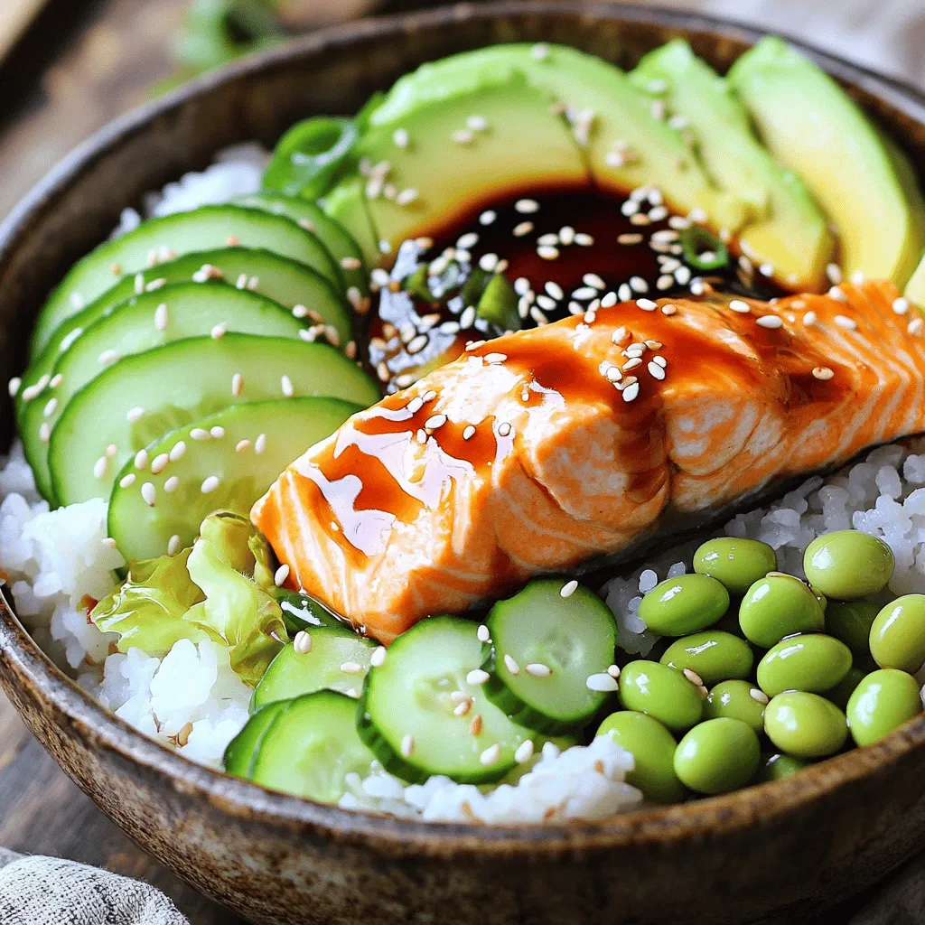 - 2 cups sushi rice - 1 lb salmon fillet, skinless - 1/4 cup soy sauce (low sodium) - 2 tablespoons honey - 1 tablespoon rice vinegar - 1 tablespoon sesame oil - 1 teaspoon grated ginger - 1 avocado, sliced - 1 cucumber, julienned - 1 cup edamame, cooked and shelled - 2 green onions, sliced - 1 tablespoon sesame seeds - Nori sheets, cut into strips - Pickled ginger (for serving) Gather these ingredients for a tasty teriyaki salmon sushi bowl. Sushi rice is key for the base. It gives the bowl its soft and sticky texture. Next, the salmon adds protein and flavor. Opt for skinless fillets for easy cooking. The soy sauce and honey blend creates that sweet and salty teriyaki flavor. Rice vinegar and sesame oil enhance the taste, adding depth. Don’t forget the fresh veggies! Avocado brings creaminess, while cucumber adds crunch. Edamame gives a protein boost. Finally, the garnishes complete your dish. Green onions, sesame seeds, and nori strips add color and texture. Pickled ginger serves as a zesty side. Each ingredient works together to create a healthy and easy meal. - Rinse rice until water is clear. - Combine rice and 2 ½ cups of water in a saucepan. - Cook for 18-20 minutes and let sit after heat. Getting the sushi rice right is key. Rinsing removes excess starch, making the rice less sticky. Once you cook it, keep it covered for ten minutes. This helps the rice finish cooking and become fluffy. - Combine soy sauce, honey, rice vinegar, sesame oil, and ginger. - Heat until simmering, then thicken. - Remove from heat and cool. The teriyaki sauce adds a sweet and savory flavor. Simmering thickens it, which helps it stick to the salmon. Let it cool to enhance the taste. - Preheat oven to 400°F (200°C). - Prepare salmon with teriyaki sauce. - Bake until cooked through. Preheating the oven is important for even cooking. Brush half the teriyaki sauce on the salmon for flavor. Bake for 12-15 minutes until it flakes easily with a fork. - Fluff sushi rice and distribute in bowls. - Add salmon and arrange vegetables. - Garnish and serve. Fluffing the rice makes it light and airy. Place a piece of salmon in the center of each bowl. Add avocado, cucumber, and edamame around the salmon for color and crunch. Finish with green onions, sesame seeds, and nori strips. Enjoy! - Use the right rice-to-water ratio: For sushi rice, a 1:1.25 ratio works best. This means for every cup of rice, use 1.25 cups of water. - Let rice rest covered after cooking: After cooking, keep the rice covered for 10 minutes. This helps it steam and become fluffy. - Check for doneness with a fork: Gently flake the salmon with a fork. If it flakes easily, it is ready to eat. - Use skinless fillet for easier eating: A skinless salmon fillet makes for a cleaner bite and is easier to chop. - Add extra toppings like spicy mayo: Drizzle spicy mayo on top for a kick. It adds creaminess and flavor. - Use seasonings to taste for customization: Feel free to add sesame seeds or seaweed for extra crunch. You can also sprinkle some salt or pepper if you like. {{image_2}} You can easily swap salmon for chicken or tofu. Chicken gives a nice texture and flavor. Tofu is a great option for a vegetarian dish. Grilled shrimp also works as a tasty seafood choice. It cooks quickly and adds a lovely sweetness. If you want to change up the flavor, try a spicy mayo or ponzu sauce. These sauces add a nice kick and tanginess. You can also experiment with homemade teriyaki variations. Adjust the sweetness or add spices to make it your own. Feel free to use quinoa or brown rice instead of sushi rice. Both options give a healthy twist. You can also add mixed vegetables or pickled vegetables for crunch. This adds color and nutrition to your bowl. To keep your teriyaki salmon sushi bowls fresh, store the salmon and rice separately. This helps maintain their flavors and textures. Place each in airtight containers and store them in the fridge. This way, they stay good for about three days. When it's time to enjoy your leftovers, reheat the salmon gently. You want to avoid drying it out. The best methods are the microwave or oven. In the microwave, use short bursts at low power. If you choose the oven, preheat it to 350°F (175°C) and warm the salmon for about 10 minutes. You can freeze cooked salmon and rice if you want to save some for later. Just let everything cool down first. Place the salmon and rice in freezer-safe bags or containers. When you're ready to eat, thaw them in the fridge overnight. Reheat thoroughly before serving to enjoy the best taste. The teriyaki sauce lasts up to one week in an airtight container. This makes it easy to prepare in advance. I often make extra sauce to use in other dishes throughout the week. Yes, you can use brown rice instead of sushi rice. However, keep in mind that the cooking time may vary. Brown rice usually takes longer to cook than sushi rice. Adjust your cooking time to ensure perfect rice. To make this dish gluten-free, use gluten-free soy sauce as an alternative. It's important to check that all other ingredients are gluten-free too. This way, you can enjoy the meal without worry. This article covered how to make delicious teriyaki salmon sushi bowls. You learned about key ingredients like sushi rice and salmon, along with tasty garnishes. I shared step-by-step instructions for perfect rice and salmon. Plus, I offered tips for customizing flavors and storing leftovers. Enjoy creating these bowls at home. They are simple, tasty, and fun to share! Keep experimenting with ingredients to find your favorite combinations. Cooking can bring joy and good health to your table.