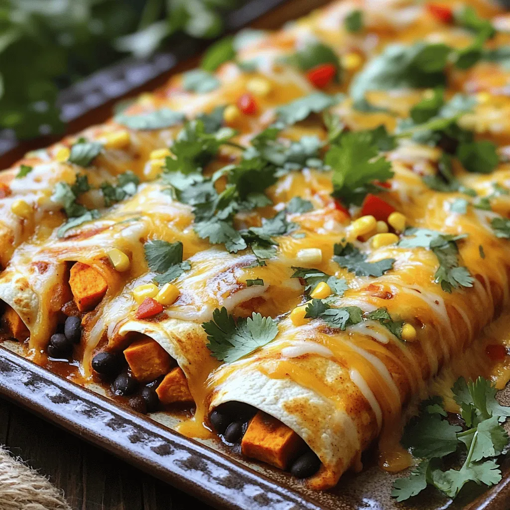 To make savory sweet potato black bean enchiladas, gather these simple ingredients: - 2 large sweet potatoes, peeled and diced - 1 can (15 oz) black beans, rinsed and drained - 1 cup corn kernels (fresh, frozen, or canned) - 1 red bell pepper, diced - 1 small red onion, chopped - 2 cloves garlic, minced - 1 teaspoon cumin - 1 teaspoon smoked paprika - Salt and pepper to taste - 8-10 corn tortillas - 2 cups enchilada sauce (store-bought or homemade) - 1 cup shredded cheese (cheddar or Monterey Jack) - Fresh cilantro, for garnish These ingredients bring a great mix of flavors and textures. The sweet potatoes add a nice sweetness. Black beans give protein and fiber. Corn adds crunch, making each bite satisfying. The spices, like cumin and smoked paprika, elevate the taste. When selecting sweet potatoes, look for firm ones without any bruises. Fresh corn can be sweet and juicy, but frozen or canned works perfectly too. This recipe is flexible. You can swap out veggies or cheese based on what you have. With these ingredients ready, you’ll be set to create a delicious meal that is both filling and healthy. - Prepping the sweet potatoes Start by peeling and dicing two large sweet potatoes. Place them in a pot with water. Bring the water to a boil and cook the sweet potatoes for 10-12 minutes. They should be fork-tender. Drain and set them aside. - Sautéing the vegetables In a skillet over medium heat, add a drizzle of olive oil. Toss in one chopped red onion and one diced red bell pepper. Sauté for about five minutes until they soften. Then, add two minced garlic cloves, one teaspoon of cumin, and one teaspoon of smoked paprika. Cook for two more minutes to blend the flavors. - Mixing the filling In a large bowl, combine the cooked sweet potatoes, one can of rinsed and drained black beans, and one cup of corn. Add the sautéed veggies to the bowl. Season with salt and pepper to taste. Mix everything well until combined. - Warming the tortillas Take eight to ten corn tortillas and warm them. You can use the microwave or a dry skillet. This step makes the tortillas easier to roll. - Layering the enchiladas in the baking dish Spread a thin layer of enchilada sauce on the bottom of a 9x13 inch baking dish. For each tortilla, place a generous amount of the sweet potato filling in the center. Roll the tortilla and place it seam-side down in the dish. Repeat this until you use all the filling. Pour the remaining enchilada sauce over the rolled tortillas. Sprinkle one cup of shredded cheese on top. - Initial baking with foil Cover the baking dish with foil. Bake in a preheated oven at 375°F (190°C) for 20 minutes. This step keeps the enchiladas moist. - Final baking without foil After 20 minutes, remove the foil. Bake for an additional 10 minutes until the cheese is bubbly and golden. Let the enchiladas cool slightly before serving. To make your sweet potatoes sweeter, roast them instead of boiling. Roasting brings out their natural sugars. Cut the sweet potatoes into small pieces. This helps them cook faster and become tender. For the filling, mix the ingredients well. You want a nice, thick texture. If it’s too runny, add more sweet potatoes or beans. These enchiladas pair well with a side of fresh avocado. A crunchy salad adds a nice touch too. For a pretty plate, drizzle extra enchilada sauce on top. Sprinkle some cilantro for color. Serve on a big platter to impress your guests. To make these enchiladas vegan, skip the cheese or use a vegan option. For a gluten-free version, choose corn tortillas. Want more heat? Add jalapeños or chipotle powder to the filling. For a milder dish, reduce the spices. You can also adjust the beans or veggies to your taste. {{image_2}} You can change up your sweet potato black bean enchiladas with different fillings. Adding proteins like chicken or beef makes the dish heartier. Simply cook and shred the meat, then add it to the sweet potato mixture. You can also try adding different vegetables. Spinach, zucchini, or mushrooms can offer new flavors and textures. Just make sure the vegetables are cooked before mixing them in. Instead of store-bought enchilada sauce, consider making your own. You can blend tomatoes, chili powder, and garlic for a fresh taste. This homemade version lets you control the heat level. If you want a creamier sauce, try a white sauce using sour cream or cream cheese. You can also switch up the cheese. Cheddar adds a sharp flavor, while Monterey Jack gives a more mild taste. Corn tortillas are classic, but you can use flour tortillas for a softer bite. If you're looking for a low-carb option, lettuce wraps work well. You can also experiment with grains. Use quinoa or brown rice as a base. This adds a unique texture and extra nutrients. Just remember to adjust cooking times as needed. To store leftovers, let the enchiladas cool completely. Place them in an airtight container. Store in the fridge for up to five days. For reheating, use an oven set to 350°F (175°C). Cover the dish with foil to keep the enchiladas moist. Heat for about 15 to 20 minutes. You can also use a microwave if you’re in a rush. To freeze enchiladas, wrap them tightly in plastic wrap. Then, place them in a freezer-safe bag or container. They can last for up to three months in the freezer. For thawing, transfer the enchiladas to the fridge overnight. Bake them at 375°F (190°C) for about 25 to 30 minutes after thawing. In the fridge, expect the enchiladas to last for five days. Signs of spoilage include an off smell or mold. If they look dry or discolored, it’s best to toss them. Always trust your senses to ensure your food is safe to eat. How to make sweet potato black bean enchiladas gluten-free? To make these enchiladas gluten-free, use corn tortillas. Ensure that all sauces are gluten-free. Check labels on canned ingredients for any hidden gluten. Can I use other beans instead of black beans? Yes, you can use pinto beans, kidney beans, or chickpeas. Each type brings its own flavor and texture. Choose what you enjoy most or what you have on hand. How do I know when the enchiladas are fully cooked? The enchiladas are done when the cheese is bubbly and golden. You can also check the center; it should be hot. If you have a thermometer, aim for 165°F (74°C) in the center. Dietary considerations These enchiladas are rich in fiber and vitamins from sweet potatoes and beans. They are vegetarian and can be made vegan by using non-dairy cheese and no cheese at all. Caloric breakdown of ingredients Each serving (about one enchilada) has roughly 300-350 calories. Sweet potatoes and black beans provide healthy carbs and protein. The cheese adds some extra calories, but you can adjust the amount to fit your needs. Suggestions for portion control For a balanced meal, serve one to two enchiladas per person. Add a side salad or some avocado for extra health benefits. This helps keep portions in check while being satisfying. Scaling the recipe for larger groups To serve more people, simply double or triple the ingredients. Use a larger baking dish and adjust baking time as needed. Make sure the center heats through for best results. You now know how to make delicious sweet potato black bean enchiladas. We covered the best ingredients, preparation, and baking steps. The tips will help you perfect your dish and the variations keep it exciting. Remember, you can customize these enchiladas for your tastes. Whether you want to add protein or think about storage, you have options. Enjoy your cooking and share this tasty dish with others. You’ll impress everyone with your skills.
