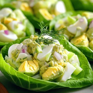 - 4 hard-boiled eggs, peeled and chopped - 1 ripe avocado, mashed - 2 tablespoons plain Greek yogurt - 1 tablespoon Dijon mustard - 1 tablespoon lemon juice - 1/4 cup red onion, finely chopped - 1/4 cup celery, finely chopped - Salt and pepper to taste - 8 large leafy romaine or butter lettuce leaves - Fresh dill or parsley for garnish (optional) The core of this dish lies in simple, fresh ingredients. The hard-boiled eggs and ripe avocado blend perfectly. The Greek yogurt adds creaminess while keeping it light. Dijon mustard gives a nice kick, and lemon juice brightens the flavors. Red onion and celery add crunch. - Chopped pickles - Sriracha or hot sauce - Chopped bell peppers - Green onions - A sprinkle of paprika Feel free to mix in any of these extras. Chopped pickles add tang, while Sriracha boosts heat. Bell peppers offer sweetness and color. Green onions give a fresh bite, and paprika adds depth. - For a dairy-free version, skip the Greek yogurt. Use mashed avocado instead. - If you want fewer carbs, skip the lettuce and serve in a bowl. - For a vegan option, replace eggs with chickpeas. Mash them well and mix with avocado. These swaps help fit different diets without losing taste. Enjoy making this dish your own! To make this tasty salad, start with four hard-boiled eggs. Peel and chop them into small pieces. Next, take one ripe avocado and mash it in a medium bowl. Add the chopped eggs to the bowl. Then, stir in two tablespoons of plain Greek yogurt and one tablespoon of Dijon mustard. Next, squeeze in one tablespoon of lemon juice for some zing. Chop up a quarter cup of red onion and a quarter cup of celery. Add these to your bowl as well. Mix everything gently. Be careful not to mash the eggs too much; you want some nice chunks. Finally, season your salad with salt and pepper to taste. Now, it's time to wrap up your salad! Rinse eight large leafy romaine or butter lettuce leaves. Pat them dry with a paper towel. Take a spoonful of the avocado egg salad and place it in the center of each leaf. Fold the sides of the leaf over the filling to create a wrap. For a pretty touch, garnish each wrap with fresh dill or parsley. This adds both flavor and color. Serve the wraps right away for the best taste. If you need to make them ahead of time, you can refrigerate them for up to one hour. Enjoy your fresh and simple meal! To get the best texture for your egg salad, you need to handle the eggs gently. Start by chopping the hard-boiled eggs into small pieces. You want some chunks, not mush. Next, when you mix in the mashed avocado, do it slowly. Use a spatula to fold the ingredients together. This keeps the eggs from getting too broken down. The mix should be creamy but still have some bite. A good texture makes every bite enjoyable. If you have extra avocado egg salad, store it in an airtight container. This keeps it fresh and safe to eat. Place a piece of plastic wrap directly on the salad before sealing the lid. This helps prevent browning. You can keep it in the fridge for up to a day. After that, the salad may not taste as good. Always check for any off smells or colors before eating leftovers. These wraps are great on their own, but you can make them even better. Try adding sliced cucumbers or cherry tomatoes for crunch. A sprinkle of fresh dill or parsley adds flavor and looks nice. You could also serve them with a side of fresh fruit for sweetness. For a little heat, add sliced jalapeños or a dash of hot sauce. These pairings can boost the taste and make your meal more fun. {{image_2}} If you want to cut carbs, use fewer eggs. You can swap one egg for extra avocado. This keeps the creaminess and flavor. Also, choose butter lettuce. It has fewer carbs than traditional wraps. You can even skip the yogurt for a lighter version. This still tastes great and feels fresh. For a vegan option, replace the eggs with chickpeas. Mash the chickpeas just like you would with eggs. You can also use tahini instead of yogurt. This gives a nice nutty flavor. Add in some diced cucumbers for crunch. This keeps it light but filling. Spices can change the whole dish! Try adding a pinch of paprika for a smoky flavor. You can also mix in some chopped jalapeños for heat. Want more herbs? Fresh cilantro or chives work well too. Adding fruit like diced apples brings a sweet twist. This makes the salad fun and interesting. To store avocado egg salad, place it in an airtight container. Use a lid that seals well. This will keep the salad fresh and prevent it from drying out. If you want to keep it greener, press plastic wrap against the top surface of the salad before sealing. For lettuce wraps, store the salad and lettuce separately. Wrap the lettuce in damp paper towels. Place it in a plastic bag. This keeps the leaves crisp. Store the avocado egg salad in its container. When ready to eat, simply fill the lettuce leaves with the salad. Leftovers can last for about 2 to 3 days in the fridge. Check for any signs of browning or spoilage. If the salad looks fine, it is safe to eat. Always remember to store it properly to maintain its freshness. Yes, you can use mashed avocado instead of Greek yogurt. This swap will make your egg salad creamy and rich. The flavor will change a bit, but it will still taste great. You can skip the yogurt if you want a dairy-free option too. Just remember to adjust the seasoning for the best taste. You can add many fillings to your lettuce wraps. Some great options are: - Cherry tomatoes, halved - Cucumber, diced - Bell peppers, chopped - Cooked bacon bits - Shredded carrots - Fresh herbs like basil or cilantro Feel free to mix and match based on your taste. Adding crunch and color makes each wrap fun and tasty. Making this recipe in advance is easy. You can prepare the avocado egg salad a few hours before serving. Just store it in an airtight container in the fridge. Wait to assemble the lettuce wraps until you are ready to serve. This keeps the lettuce crisp. You can make it up to a day ahead, but I suggest using it within a few hours for the best flavor and texture. In this blog post, we explored how to make a tasty avocado egg salad. We covered the key ingredients, including optional and substitute options for any diet. The step-by-step instructions made it simple to prepare and serve the salad in lettuce wraps. I shared tips for texture, storage, and great pairings. You can even find tasty variations to keep it fresh. Overall, this dish is healthy, fun, and easy to make. Enjoy creating your perfect avocado egg salad!