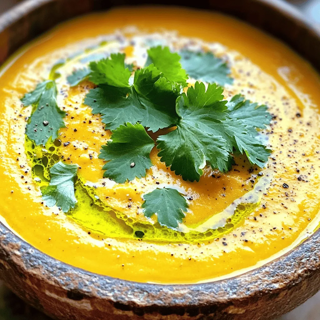To make Coconut Curry Sweet Potato Soup, gather these key items: - 2 medium sweet potatoes, peeled and diced - 1 can (14 oz) coconut milk - 1 tablespoon coconut oil - 1 medium onion, diced - 2 cloves garlic, minced - 1 tablespoon ginger, grated - 2 tablespoons yellow curry powder - 4 cups vegetable broth - 1 tablespoon lime juice - Salt and pepper to taste - Fresh cilantro for garnish Each ingredient plays a vital role in creating flavor and texture. The sweet potatoes add creaminess and natural sweetness. Coconut milk brings a rich, velvety feel. The onion, garlic, and ginger create a fragrant base. Yellow curry powder gives a warm, spicy kick. You will need a few tools to prepare this soup: - A large pot - An immersion blender or regular blender - A cutting board - A sharp knife The large pot is perfect for cooking and simmering. An immersion blender makes it easy to puree the soup. A cutting board and knife help you prep your ingredients. This soup is not only tasty but also healthy. Here’s a quick look at its nutritional benefits: - Calories: 250 per serving - Protein: 4g - Carbohydrates: 40g - Fat: 10g - Fiber: 6g Sweet potatoes are rich in vitamins and fiber. Coconut milk provides healthy fats. This soup is great for a filling meal or a starter. Enjoy the balance of flavors and nutrients! To make this soup, start with a large pot. Heat the coconut oil over medium heat. Add the diced onion and sauté for 4-5 minutes. You want the onion to turn soft and clear. Next, stir in the minced garlic and grated ginger. Cook for another 1-2 minutes until you smell the aroma. Now, sprinkle in the yellow curry powder. Mix it well with the onion, garlic, and ginger. Add the diced sweet potatoes and vegetable broth. Bring everything to a boil. Once it boils, lower the heat and let it simmer. Cook for 15-20 minutes until the sweet potatoes are soft. After that, remove the pot from heat. Use an immersion blender to puree the soup until it is smooth. If you do not have one, carefully blend in batches using a regular blender. Return the soup to low heat. Stir in the coconut milk and lime juice. Season with salt and pepper to taste. Warm it through for another 5 minutes. Now your soup is ready to serve. When blending, always let the soup cool a little first. Hot soup can splatter and make a mess. If using a regular blender, fill it halfway. This lets steam escape while blending. Cover the lid with a kitchen towel to catch any splashes. Blend until you have a creamy texture. If you want it super smooth, blend it longer. Serve the soup hot in bowls. For garnish, sprinkle fresh cilantro on top. This adds a splash of color and flavor. You can also serve it with lime wedges on the side. A slice of crusty bread pairs well too. Enjoy this warm, comforting soup! To really boost the flavor, consider adding fresh herbs. Cilantro adds a fresh taste. You can also use basil or mint for a twist. If you like heat, add red pepper flakes or diced chili peppers. A splash of soy sauce or tamari can deepen the taste. Finally, a squeeze of lime juice brightens the soup. For a thicker soup, use less broth. You can also add more coconut milk. If you want extra creaminess, try blending in some cashews. Soak cashews in water before blending for a smooth texture. Another option is to stir in a dollop of plain yogurt or sour cream just before serving. One mistake is not cooking the onions long enough. Make sure they are soft before adding other ingredients. Another mistake is overcooking the sweet potatoes. They should be tender but not mushy. Lastly, be careful with salt. Always taste before adding more. Adjusting flavors at the end is easier than fixing an over-seasoned soup. {{image_2}} This soup is already vegan and gluten-free. The coconut milk gives it creaminess without dairy. Ensure your broth is gluten-free. Most vegetable broths are safe, but check the label. You can boost the soup with proteins. Chickpeas or lentils work well and add fiber. If you want meat, cooked chicken or shrimp can be tasty options. You can also add veggies like spinach or kale for more nutrition. Just toss them in during the last few minutes of cooking. If you like it spicy, add red pepper flakes or fresh chili. Start with a small amount, then taste it. You can always add more spice if you want it hotter. For a milder soup, skip the extra spices and enjoy the sweet flavor of the sweet potatoes. After cooking your soup, let it cool. This step keeps it safe. Pour the soup into a shallow container. This helps it cool quickly. Cover it with a lid or plastic wrap. Store it in the fridge if you plan to eat it within three days. To reheat, pour the soup into a pot. Warm it over low heat. Stir often to keep it from sticking. You can also use a microwave. Heat in a microwave-safe bowl for 1-2 minutes. Check that it is hot all the way through. If you want to save it for later, freezing is perfect. Cool the soup completely before freezing. Pour it into airtight containers or freezer bags. Leave some space at the top for expansion. The soup can last up to three months in the freezer. Thaw it overnight in the fridge before reheating. To add heat, you can use red pepper flakes or fresh chili peppers. You can also add more yellow curry powder for an extra kick. For a unique twist, try stirring in a dash of sriracha or chili paste just before serving. Start with a small amount and taste as you go. This way, you can control the spice level to your liking. Yes, you can use other potatoes like Yukon Gold or russet. However, sweet potatoes add a natural sweetness that balances the curry flavor. If you choose different potatoes, keep in mind their cooking time may vary. Make sure to adjust the boil time until they are tender and creamy. Coconut Curry Sweet Potato Soup lasts about 4 to 5 days in the fridge. Store it in an airtight container to keep it fresh. If you want to eat it later, make sure it cools down before putting it in the fridge. This helps the soup stay tasty and keeps it safe to eat. This soup pairs well with crusty bread or naan for dipping. You can also serve it with a side salad for a light meal. If you feel adventurous, try adding cooked shrimp or chicken on top for extra protein. Fresh cilantro adds a nice touch and enhances the flavors! This blog post covered key elements for making Coconut Curry Sweet Potato Soup. We explored essential ingredients and the special equipment needed. I shared clear instructions for cooking and blending, along with serving tips. You learned about flavor enhancements and common mistakes to avoid. We also discussed variations for dietary needs and proper storage techniques. In conclusion, this soup is versatile and easy to make. With the right ingredients and methods, you can create a dish that is both tasty and satisfying. Enjoy experimenting and make it your own!
