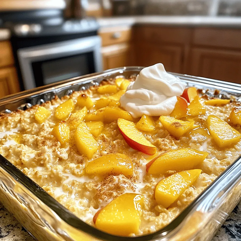 - 2 cups rolled oats - 2 cups milk (dairy or non-dairy) - 1 ripe peach, diced - 1/2 cup Greek yogurt - 1/4 cup honey or maple syrup - 2 teaspoons baking powder - 1 teaspoon vanilla extract - 1/2 teaspoon cinnamon - 1/4 teaspoon salt - 1/4 cup chopped walnuts or pecans (optional) - Fresh peach slices for topping - Whipped cream for serving (optional) This dish starts with rolled oats. They give a hearty base. Use any milk you like, dairy or non-dairy. A ripe peach adds natural sweetness and flavor. Greek yogurt gives creaminess and protein. Honey or maple syrup sweetens the dish, so choose what you love. Baking powder helps it rise, while vanilla extract adds warmth. Cinnamon gives a hint of spice. Salt enhances all the flavors. If you want a crunch, add walnuts or pecans. Fresh peach slices on top make it pretty. A dollop of whipped cream is a nice touch if you want extra creaminess. Each ingredient plays a role in making this dish tasty and nutritious. 1. Preheat your oven to 350°F (175°C). This step is key for even baking. 2. Lightly grease a 9x9 inch baking dish so the bake won’t stick. 3. In a large bowl, combine the rolled oats, baking powder, cinnamon, and salt. Mix them well to ensure even flavor. 1. In another bowl, whisk together the milk, Greek yogurt, honey or maple syrup, and vanilla extract. This mixture adds creaminess and sweetness. 2. Whisk until smooth; this ensures you don’t have lumps in your bake. 1. Pour the wet ingredients into the dry ingredients. Mix until everything is well combined. 2. Fold in the diced peach and nuts if you are using them. Make sure they are evenly spread throughout the mix. 3. Transfer the mixture to the prepared baking dish. Spread it evenly across the dish. 4. Top with additional peach slices for a beautiful look and extra flavor. 5. Bake in the preheated oven for 30-35 minutes. You want the top to be golden and the center set. 6. Allow the bake to cool for a few minutes. Slice into squares and serve warm. Enjoy with a dollop of whipped cream if you like! To achieve the ideal texture in your Peaches & Cream Oatmeal Bake, you need to watch the bake time closely. You want the top to turn golden brown. The center should be set but still moist. Bake at 350°F (175°C) for 30 to 35 minutes. If you find the top browning too fast, you can cover it with foil. This will help prevent burning while the inside cooks. This dish shines with fresh toppings. Try adding more peach slices on top for a bright look. A sprinkle of cinnamon can enhance the flavor too. If you want a creamier bite, a dollop of whipped cream is a great choice. You could also add nuts for a crunch. Pair with a side of yogurt or fresh berries for extra nutrition. You can make a few swaps to make this dish even healthier. Use almond milk or oat milk instead of regular milk for a dairy-free option. Instead of honey, try using mashed bananas for sweetness. You can also skip the nuts if you want to reduce calories. Using whole grain oats can add more fiber too. These simple changes can keep the great taste while boosting nutrition. {{image_2}} You can easily change the flavors in your peaches & cream oatmeal bake. Swapping peaches for other fruits is a fun way to mix it up. Try using diced apples or berries like blueberries or raspberries. Each fruit brings its own taste. Apples add a crisp bite, while berries give a nice tartness. You can also add spices or extracts. For a warm flavor, try adding nutmeg. A splash of almond extract can give a lovely twist. These small changes can make your bake feel new and exciting. If you need gluten-free options, using alternative grains works well. Quinoa flakes or gluten-free oats can replace regular oats. Just make sure they are labeled gluten-free. This keeps your dish safe for those with gluten issues. For vegan substitutions, you can use plant-based milk instead of dairy milk. Almond, soy, or oat milk are great choices. You can swap Greek yogurt for coconut yogurt too. This way, everyone can enjoy this tasty dish, no matter their diet. To keep your Peaches & Cream Oatmeal Bake fresh, store leftovers in the fridge. Place the cooled squares in an airtight container. This helps keep them moist and tasty. They last for about 3 to 5 days in the refrigerator. For longer storage, you can freeze the oatmeal bake. Cut it into individual portions and wrap each piece in plastic wrap. Then, place the wrapped pieces in a freezer-safe bag. This way, you can enjoy them for up to 3 months! When you're ready to enjoy your leftovers, reheating is easy. For best results, use a microwave. Place a square on a microwave-safe plate. Heat it for about 30 seconds to 1 minute. Check that it's warm all the way through. If you prefer the oven, preheat it to 350°F (175°C). Place the oatmeal bake on a baking sheet and cover it with foil. Heat it for about 10-15 minutes until warm. This keeps the texture nice and soft. Enjoy your delicious meal! Can I use canned peaches instead of fresh? Yes, you can use canned peaches. Make sure to drain them well. Fresh peaches give a great taste, but canned ones work too. How long does the baked oatmeal last in the fridge? The baked oatmeal lasts about 4 to 5 days in the fridge. Store it in an airtight container to keep it fresh. Can I make this recipe ahead of time? Yes, you can prepare it the night before. Just mix the ingredients and store them in the fridge. Bake it in the morning for a warm breakfast. What can I use instead of Greek yogurt? You can use regular yogurt or a dairy-free yogurt. These options will still keep the dish creamy and tasty. In this blog post, we covered how to make a delicious peaches and cream oatmeal bake. You learned about the key ingredients, step-by-step instructions, and useful tips to perfect your dish. We also explored variations and proper storage methods to keep your leftovers fresh. Baking should be fun and rewarding. Enjoy trying different fruits and flavors. With the right ingredients, you can make a healthy treat for everyone. You now have the tools to create a delightful dish that’s both tasty and satisfying.
