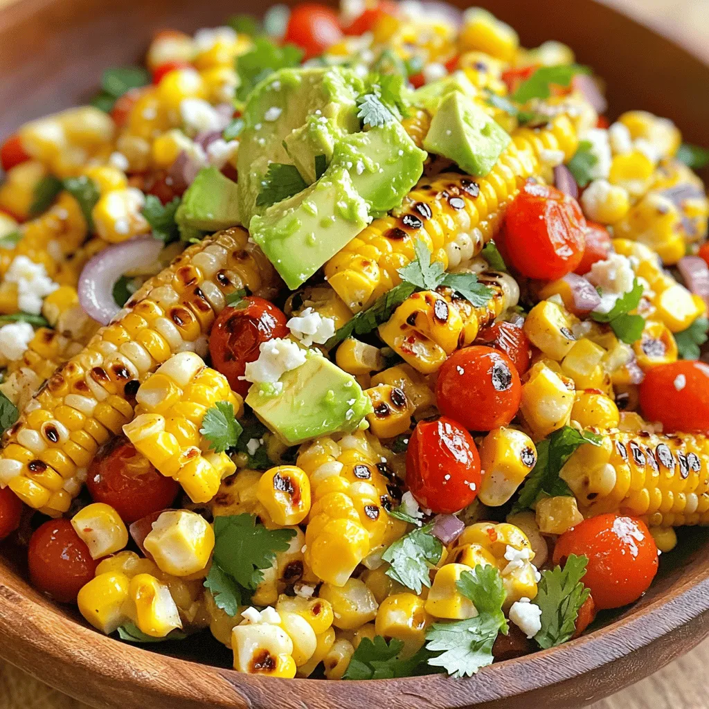- 4 ears of fresh corn, husked - 1 red bell pepper, diced - 1 cup cherry tomatoes, halved - 1 avocado, diced Fresh corn is key for this salad. It adds a sweet crunch that makes every bite special. Red bell pepper brings color and a sweet flavor. Cherry tomatoes add juicy bursts of freshness. The creamy avocado gives the salad a rich texture. - 2 tablespoons olive oil - 2 tablespoons lime juice - 1 teaspoon chili powder - Salt and pepper to taste For the dressing, I use olive oil and lime juice. They create a bright, zesty flavor that pairs well with the corn. Chili powder adds a warm kick. Don't forget to season with salt and pepper to enhance the taste. - Crumbled feta cheese - Fresh cilantro Toppings can elevate your dish. Crumbled feta cheese adds a salty, creamy note. Fresh cilantro brings a burst of herbaceous flavor. These toppings are not necessary, but they make the salad even more delicious. To start, heat your grill to medium-high. This step is important to get good char on the corn. A hot grill helps lock in moisture and flavor. Make sure the grates are clean for best results. Place the husked corn directly on the grill. Cook the corn for about 10 to 12 minutes. Turn the corn every few minutes. You want all sides to get a nice char. Once done, remove it from the grill and let it cool for a bit. The char adds a smoky flavor that makes this salad special. Once the corn is cool, use a sharp knife to cut the kernels off the cob. In a large mixing bowl, combine the grilled corn, diced red bell pepper, finely chopped red onion, halved cherry tomatoes, chopped cilantro, and diced avocado. These fresh ingredients create a colorful and tasty mix. Pour the prepared dressing over the salad. Gently toss everything together to coat it evenly. Taste the salad and adjust the seasoning if needed. You can add more salt, pepper, or lime juice to match your taste. Finally, transfer the salad to a serving bowl. If you like, sprinkle crumbled feta cheese on top for extra flavor. Enjoy this vibrant dish! To get the perfect char on your corn, start with a hot grill. Grill the husked corn for about 10-12 minutes. Turn the corn every few minutes. This helps it cook evenly and char nicely. Look for a nice golden brown color on all sides. When done, let it cool before cutting the kernels off the cob. Add a twist to your salad with extra spices. Consider using smoked paprika for a deeper flavor. A pinch of cayenne can add heat if you like spice. Fresh herbs like basil or mint can also brighten the dish. Experiment with what you have on hand to find your favorite mix. This salad pairs well with grilled meats or fish. Serve it alongside steak or chicken for a complete meal. You can also enjoy it as a stand-alone dish. For an extra kick, serve it with lime wedges. They add freshness and zing to every bite. {{image_2}} You can switch up the veggies in this salad for a fresh twist. Try adding: - Zucchini, diced - Cucumbers, sliced - Red or yellow bell peppers These swaps keep the salad colorful and tasty. Each vegetable adds its own flavor and crunch. You might even try adding some black beans for protein. This makes the salad heartier while keeping it light and fresh. If you want a different flavor, consider these dressings: - Creamy avocado dressing - Cilantro lime dressing - Honey mustard vinaigrette These dressings bring new tastes that pair well with corn. Each adds its own zing to the dish. For a creamy touch, the avocado dressing makes it rich and smooth. On the other hand, honey mustard vinaigrette brings a sweet and tangy contrast. Want some heat? Adding jalapeños or hot sauce can spice things up! - Dice fresh jalapeños and mix them in. - Drizzle your favorite hot sauce over the salad. Both options give the salad a nice kick. Adjust the amount to fit your heat level. This adds excitement and flavor, making each bite more enjoyable. To keep your chili lime grilled corn salad fresh, store it in an airtight container. Make sure the salad is cool before sealing it. This helps prevent moisture build-up. Place the container in the fridge. It will stay fresh for a few days. Freezing this salad is not the best option due to the avocados and tomatoes. If you want to freeze it, leave out those ingredients. You can freeze the corn, bell pepper, and onion mixture. Use a freezer-safe bag or container. Squeeze out as much air as possible before sealing. When ready to eat, thaw in the fridge overnight and add fresh ingredients. In the fridge, the chili lime grilled corn salad lasts about 3 to 4 days. After that, it may lose its crispness and flavor. Always check for any signs of spoilage before eating. If it smells bad or looks off, it’s best to toss it. If you cannot find corn, try using roasted zucchini or grilled bell peppers. Both add great taste and texture. You can also use canned or frozen corn if fresh corn is not an option. Just rinse the canned corn well and thaw frozen corn before using. Yes, you can make this salad a few hours in advance. Just keep the dressing separate until you are ready to serve. This way, the salad stays fresh and crisp. If you want to prepare it the night before, store it in the fridge in an airtight container. Yes, this dish is gluten-free. All the ingredients are naturally gluten-free. Just ensure any toppings or additional ingredients you add are also gluten-free. This makes it a great choice for those with gluten sensitivities or celiac disease. This blog post covered a fresh corn salad, from ingredients to variations. We explored the key components and how to grill corn properly. We shared tips on flavor boosts and serving ideas. Lastly, we discussed storage tips and answered common questions. Try this salad at your next gathering. It’s easy, vibrant, and tasty. You can make it your own with different toppings or spice. Enjoy every bite!