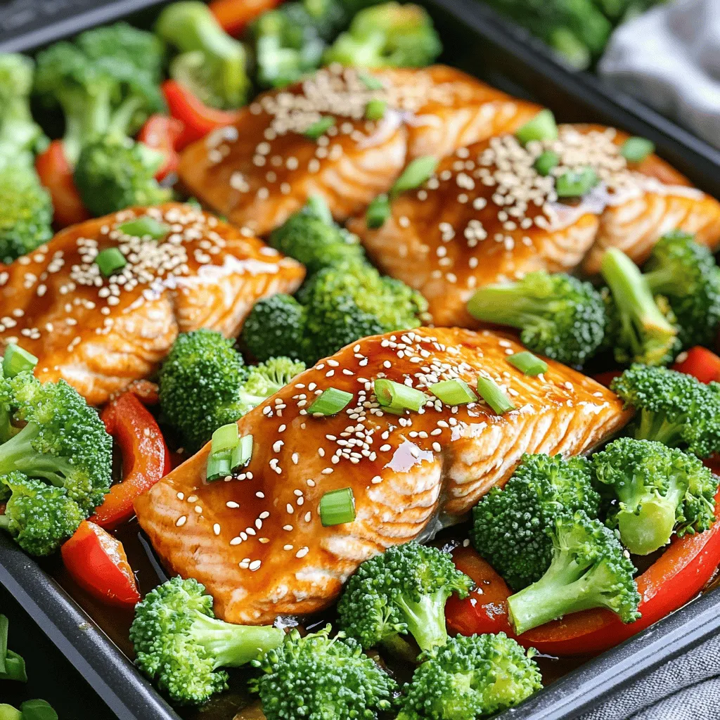 - 4 salmon fillets - 2 cups broccoli florets - 1 red bell pepper, sliced - 1/4 cup teriyaki sauce These main ingredients form the heart of the dish. Salmon fillets provide healthy fats and protein. Broccoli florets add crunch and nutrition. The red bell pepper brings a sweet, colorful touch. Teriyaki sauce ties the flavors together with its sweet and savory notes. - 1 tablespoon olive oil - Salt and pepper to taste - 1 tablespoon sesame seeds - 2 green onions, sliced The seasoning ingredients are key to enhancing taste. Olive oil helps the veggies roast perfectly. Salt and pepper boost the natural flavors of the salmon and vegetables. Sesame seeds add a nice crunch and nutty flavor. Green onions work as a fresh garnish, adding color and a light bite. Using fresh, quality ingredients is vital for the best results. When you gather these items, look for bright colors and firm textures. This will ensure your dish shines on the plate. First, preheat your oven to 400°F (200°C). This is crucial for even cooking. Line a large baking sheet with parchment paper. It helps with cleanup later. Next, prepare the vegetables. In a big bowl, combine 2 cups of broccoli florets and 1 sliced red bell pepper. Drizzle 1 tablespoon of olive oil over them. Add salt and pepper to taste. Toss everything so the veggies are well coated. This step enhances the flavor. Now it's time to arrange the ingredients. Spread the seasoned vegetables on one side of the baking sheet. Make sure they are in a single layer for even cooking. For the salmon, place 4 salmon fillets on the other side of the sheet. Brush them well with 1/4 cup of teriyaki sauce. This gives the salmon a delicious glaze. Place the baking sheet in the oven and bake for 12-15 minutes. The salmon should be cooked through and flake easily with a fork. The vegetables should be tender-crisp. To finish, sprinkle 1 tablespoon of sesame seeds over the salmon and veggies. Return the sheet to the oven for another 1-2 minutes. This toasts the seeds lightly, adding a nice crunch. To check if your salmon is done, use a fork. Gently poke the fish. If it flakes easily, it's ready. The center should look moist but not raw. This method works well every time. Let your salmon rest for a few minutes after baking. Resting helps the juices stay inside the fish. This makes each bite tender and flavorful. A simple step can elevate your meal. For a richer taste, try making your own teriyaki sauce. Combine soy sauce, honey, garlic, and ginger. This mix gives your dish a fresh twist. You can control the sweetness and saltiness too. Consider adding toppings for extra flavor. Thinly sliced green onions add freshness. Sesame seeds provide a nice crunch. You can also sprinkle some red pepper flakes for heat. These small changes make a big difference. {{image_2}} You can change up the veggies in this dish. Asparagus is a great choice. It cooks fast and adds a nice crunch. You can also use Brussels sprouts. Just halve them and toss them in with the other veggies. Both options will soak up the teriyaki flavor well. If you want to switch proteins, chicken works beautifully. Use boneless chicken thighs or breasts. Just adjust the cooking time to ensure they cook fully. Tofu is another great option for a plant-based meal. Firm tofu absorbs the teriyaki sauce nicely. Cut it into cubes and treat it just like the salmon. You have choices when it comes to teriyaki sauce. You can make your own at home. Mixing soy sauce, honey, and ginger gives you a fresh taste. Or, you can grab a store-bought option for quick prep. Both choices can make your meal tasty. Just remember to check the label for added sugars if you choose store-bought. To keep your sheet pan teriyaki salmon and broccoli fresh, follow these tips. First, let the dish cool to room temperature. Then, place it in an airtight container. Use it within three days for the best taste. For longer storage, you can freeze it. Just wrap the salmon and broccoli tightly in plastic wrap, then place them in a freezer bag. This way, they will stay good for up to three months. When it’s time to enjoy leftovers, you have two great options: the oven or the microwave. - Oven: Preheat your oven to 350°F (175°C). Place the salmon and broccoli on a baking sheet. Cover it with foil to keep it moist. Bake for about 10-15 minutes or until heated through. - Microwave: If you’re short on time, use the microwave. Place the salmon and broccoli on a microwave-safe plate. Cover it with a damp paper towel. Heat on medium power for 1-2 minutes. Check to see if it’s warm enough. If not, heat in short bursts until hot. Both methods work well, but the oven keeps the salmon crispy. Bake salmon at 400°F for 12-15 minutes. The salmon should be cooked through. It will flake easily with a fork. This cooking time works well for salmon fillets that are about 1 inch thick. Always check for doneness to avoid overcooking. Yes, you can use frozen salmon. However, you need to adjust the cooking time. Frozen salmon typically takes about 15-20 minutes to bake. Make sure to check that it is fully cooked. The salmon should reach an internal temperature of 145°F. You can make many meals on a sheet pan. Try chicken with vegetables or roasted shrimp. You can also make a veggie medley with potatoes and carrots. Sheet pan meals are easy and fun. They save time on cooking and cleanup. This dish combines salmon, veggies, and teriyaki sauce for a tasty meal. We explored ingredients, cooking steps, and tips to ensure success. You can even switch up the veggies, proteins, or sauces for new flavors. Remember to store leftovers properly to enjoy later. This recipe is simple and flexible, perfect for any cook. Enjoy making it your own!