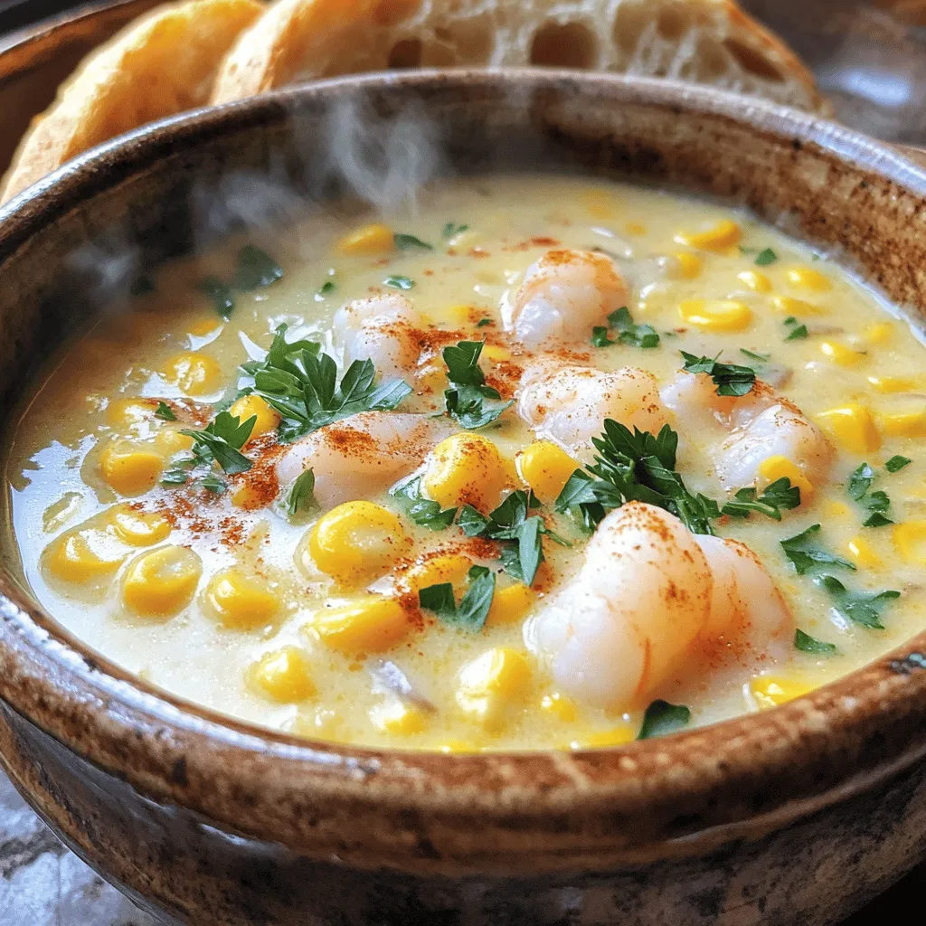 - 1 lb large shrimp, peeled and deveined - 2 cups fresh or frozen corn kernels - 1 medium onion, finely chopped - 2 cloves garlic, minced - 2 medium potatoes, peeled and diced - 4 cups vegetable broth - 1 cup heavy cream - 1 teaspoon smoked paprika - 1 teaspoon Old Bay seasoning - Salt and pepper to taste - 2 tablespoons olive oil - Fresh parsley, for garnish To create a perfect shrimp and corn chowder, gathering the right ingredients is key. The large shrimp add a sweet and tender bite. You can use fresh corn or frozen corn kernels, which bring a burst of flavor. The onion and garlic form a strong base, giving depth to the chowder. Using potatoes makes the chowder hearty and creamy. Vegetable broth adds flavor, while heavy cream provides richness. Smoked paprika and Old Bay seasoning bring warmth and a hint of spice. Salt and pepper enhance all the flavors. Finally, olive oil is essential for sautéing, and fresh parsley adds a pop of color on top. By using high-quality ingredients, you ensure a delightful chowder that comforts and satisfies. 1. Heat 2 tablespoons of olive oil in a large pot over medium heat. 2. Add 1 chopped onion and sauté for about 5 minutes. Wait until it looks clear. 3. Stir in 2 minced garlic cloves. Cook for 1 more minute until the smell is strong. 4. Add 2 diced potatoes to the pot. Pour in 4 cups of vegetable broth. 5. Turn up the heat until the mix boils, then lower it to simmer. Cook for 10-12 minutes until the potatoes are soft. 6. Once the potatoes are tender, stir in 2 cups of corn. Add 1 teaspoon of smoked paprika, 1 teaspoon of Old Bay seasoning, salt, and pepper. Let it simmer for another 5 minutes. 1. Gently fold in 1 pound of shrimp into the pot. Make sure they are peeled and deveined. 2. Cook the shrimp for about 3-4 minutes. Watch them turn pink and opaque. 3. Don’t overcook the shrimp. They can become tough if cooked too long. 1. Pour in 1 cup of heavy cream and stir well. Allow the chowder to heat for 2-3 minutes while stirring. 2. Taste the chowder and adjust the seasoning if needed. 3. Ladle the chowder into bowls and garnish with fresh parsley. 4. Serve with crusty bread on the side to complete your meal. To make your shrimp and corn chowder shine, consider these tips: - Seasoning Variations: You can swap smoked paprika for cayenne pepper for heat. Try adding fresh herbs like thyme or dill for brightness. A splash of lemon juice at the end brightens the flavors. - Selecting Fresh Shrimp and Corn: Look for shrimp that smell like the sea, not fishy. Fresh shrimp should be firm and have a nice sheen. For corn, choose ears with bright green husks and plump kernels. If using frozen corn, ensure it’s sweet and not too mushy. Achieving a creamy texture is simple: - Best Practices: Make sure to add the heavy cream at the end to keep it rich. Stir gently to avoid breaking up the shrimp. If you want extra creaminess, use a potato masher to lightly mash some potatoes in the chowder. - Avoiding Common Mistakes: Don’t rush the cooking process. If you cook the shrimp too long, they will turn rubbery. Always add the shrimp last, and keep an eye on the heat to prevent boiling the cream. {{image_2}} You can change the shrimp in this chowder. Try using crab or scallops instead. These options give a different taste and texture. If you want a plant-based meal, use tofu or chickpeas. Both add protein and make the chowder hearty. You can also explore different vegetables. Try adding bell peppers or zucchini. These add color and nutrition. Spinach or kale works well too for a fresh touch. Just remember to adjust the cooking time based on what you use. Want a spicy kick? Add diced jalapeños or a splash of hot sauce. This gives your chowder a fun twist. You can also mix in red pepper flakes for heat. Using different broth types can change the flavor, too. Chicken broth adds depth, while seafood broth enhances the shrimp taste. If you want a lighter flavor, stick with vegetable broth. Each choice brings a new layer to your chowder. To store your shrimp and corn chowder, let it cool first. Place the chowder in an airtight container. You can keep it in the fridge for up to three days. If you want to save it longer, freezing is a great option. Use freezer-safe containers or heavy-duty freezer bags. This helps keep it fresh. Remember to label the containers with the date. When you are ready to enjoy the chowder again, there are a few good ways to reheat it. The best method is on the stove. Pour the chowder into a pot and heat it over medium heat. Stir it often to prevent sticking. You can also use the microwave. Place it in a microwave-safe bowl and cover it loosely. Heat it in short intervals, stirring in between. To keep the flavor and texture, add a splash of water or broth if it seems too thick. Always check the temperature before serving. You want it hot but not boiling. Enjoy every warm, creamy bite! Is it possible to make this chowder dairy-free? Yes, you can make this chowder dairy-free. Use coconut milk instead of heavy cream. It adds a nice flavor and keeps it creamy. You can also use almond or oat milk. Just adjust the seasoning to balance the taste. How do you know when shrimp are cooked? You can tell shrimp are cooked when they turn pink and opaque. They should curl into a C shape. If they stay gray or become tough, they are overcooked. Cooking shrimp takes just a few minutes, so keep an eye on them. Can this be made ahead of time? Yes, you can make this chowder ahead of time. Cook it fully and let it cool. Store it in the fridge for up to three days. When ready to eat, reheat it gently on the stove. Add a splash of cream if needed to refresh the flavor. This blog post covers all the key steps to make shrimp and corn chowder. We discussed the important ingredients like shrimp, corn, and potatoes, and how to prepare and cook them. I shared tips on flavor enhancements and variations to try. Plus, we explored storage and reheating methods to keep leftovers fresh. By following these steps, you can create a delicious chowder that suits your taste. Enjoy your cooking adventure!