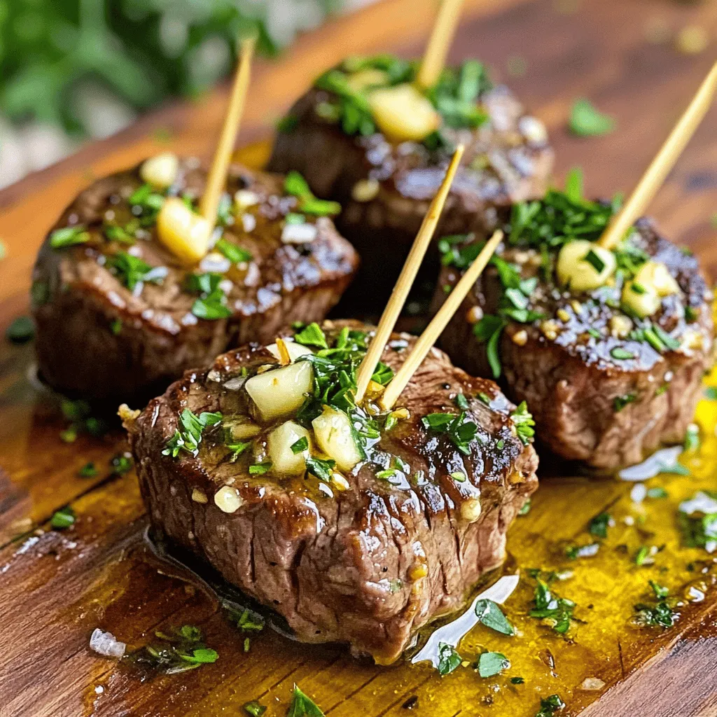 For delicious garlic butter steak bites, you need these simple ingredients: - 1 lb sirloin steak, cut into bite-sized pieces - 4 tablespoons unsalted butter - 4 cloves garlic, minced - 1 tablespoon fresh rosemary, chopped - 1 tablespoon fresh thyme, chopped - Salt and pepper to taste - 1 teaspoon smoked paprika - 1 tablespoon olive oil - Fresh parsley, chopped (for garnish) You can swap some ingredients if you need to. Here are a few ideas: - Use ribeye or tenderloin instead of sirloin for a richer flavor. - Swap unsalted butter for ghee for a dairy-free option. - If you don’t have fresh herbs, dried herbs work too, but use less. - Garlic powder can replace fresh garlic, but adjust to taste. - Any neutral oil, like canola or avocado oil, can replace olive oil. For the best flavor, choose quality steak. Look for: - Freshness: Buy from a trusted butcher or market. - Marbling: Look for streaks of fat within the meat for tenderness. - Color: A rich red color signifies freshness. - Thickness: A cut about 1 inch thick cooks evenly and stays juicy. The better the quality, the more tasty your garlic butter steak bites will be! Start by patting the steak pieces dry with paper towels. This step is key for a nice sear. Next, season the steak bites with salt, pepper, and smoked paprika. Make sure every bite gets a good amount of flavor. In a large skillet, heat the olive oil over medium-high heat until it shimmers. Add the steak bites in a single layer. Avoid crowding the pan. Sear them for about 2-3 minutes without moving. This helps form a nice crust. Flip the steak bites and sear for another 2-3 minutes for medium-rare. If you like it more cooked, adjust the time. Once done, remove the steak from the pan and set it aside. Lower the heat to medium. In the same skillet, add the butter, minced garlic, rosemary, and thyme. Let the butter melt and the garlic cook for about 1-2 minutes. Be careful not to let the garlic burn; it should smell amazing but not darken. Return the steak bites to the skillet. Toss them in the garlic butter mixture until they are well coated. Let the flavors meld for about 1 minute. Remove from heat and transfer the steak bites to a serving dish. Drizzle any leftover garlic butter on top. Finish by garnishing with freshly chopped parsley. Enjoy! To get a good sear, start with dry steak pieces. Pat them with paper towels. This keeps moisture away. A dry surface helps the steak brown well. Use a hot skillet with olive oil. Place the steak bites in a single layer. Make sure not to crowd the pan. This helps them cook evenly. Let them sear for 2-3 minutes before flipping. Then, cook the other side for 2-3 minutes. You can boost the flavor of your steak bites easily. Use fresh herbs like rosemary and thyme. They add a nice aroma and taste. Smoked paprika gives a subtle smoky flavor. You can also add a splash of balsamic vinegar for depth. For a kick, try a pinch of red pepper flakes. This will make your dish stand out even more. Avoid overcrowding the pan when cooking. This can lead to steaming instead of searing. Always let the steak rest after cooking. This helps the juices spread evenly. Don’t let the garlic burn when making the sauce. Burnt garlic can ruin the taste. Lastly, remember to season the steak well. A little salt and pepper go a long way in enhancing flavor. {{image_2}} You can use many cuts for garlic butter steak bites. Sirloin is great, but you can also try ribeye for more fat and flavor. Tenderloin offers a leaner bite, while flank steak gives a nice chew. Each cut brings its own taste and texture to the dish. Just remember to adjust the cooking time based on the thickness of the steak pieces. Herbs can change the flavor of your steak bites. If you want a fresh twist, try using fresh basil or oregano instead of rosemary and thyme. You can also add some red pepper flakes for heat. If you love citrus, a touch of lemon zest can brighten up the garlic butter. Feel free to mix and match to create your perfect blend! Garlic butter steak bites are tasty alone, but they shine with sides. Serve them with a fresh salad or roasted vegetables for a complete meal. Crusty bread is perfect to soak up the rich garlic butter. You can also pair the bites with a creamy dip or spicy sauce for extra flavor. Consider a glass of red wine to elevate your dining experience! To store your garlic butter steak bites, let them cool first. Use an airtight container. Place the steak bites in the container and cover it tightly. You can keep them in the fridge for up to three days. Make sure to label the container with the date. This way, you’ll know how fresh they are. When you want to eat the leftovers, reheating is easy. You can use a skillet or microwave. For the skillet, heat it over low heat. Add the steak bites and a small amount of butter. Stir them gently until warm. If you use a microwave, place the steak bites in a safe dish. Cover them with a damp paper towel. Heat them for 30 seconds at a time until warm. If you want to freeze the steak bites, follow these steps. First, let them cool completely. Next, place them in a freezer-safe bag or container. Remove as much air as you can. Label the bag with the date. You can freeze them for up to three months. When ready to eat, thaw in the fridge overnight before reheating. This keeps them tasty and fresh. Yes, you can use flavored butter. Garlic herb butter adds extra taste. You might try using a compound butter with herbs or spices. Just remember, the taste may change slightly. Unsalted butter is best for this recipe, but you can swap if needed. The best way to check steak doneness is by using a meat thermometer. For medium-rare, aim for 130°F to 135°F. If you prefer more doneness, here are some key temps: - Medium: 140°F to 145°F - Medium-well: 150°F to 155°F - Well-done: 160°F and above If you don't have a thermometer, use the touch test. Press the steak with your finger. The firmer it feels, the more cooked it is. Garlic butter steak bites go great with many sides. Here are some tasty options: - Garlic mashed potatoes - Roasted vegetables - Fresh salad - Crusty bread - Rice or quinoa These sides help balance the rich flavors of the steak and butter. They also make for a complete meal. You can prep the steak in advance. Cut and season it, then store it in the fridge for a few hours. But cooking it fresh is best for taste. If you have leftovers, you can store them in the fridge for up to three days. Reheat gently to keep the steak tender. This blog outlined the key ingredients, steps, tips, and variations for garlic butter steak bites. You learned about essential ingredients, how to sear the steak perfectly, and make a tasty garlic butter sauce. I shared substitutions and storage tips to help you enjoy this dish. Remember, great cooking combines good methods and fresh ingredients. You can create your own unique version by mixing flavors. Now, get cooking and enjoy your delicious steak bites!