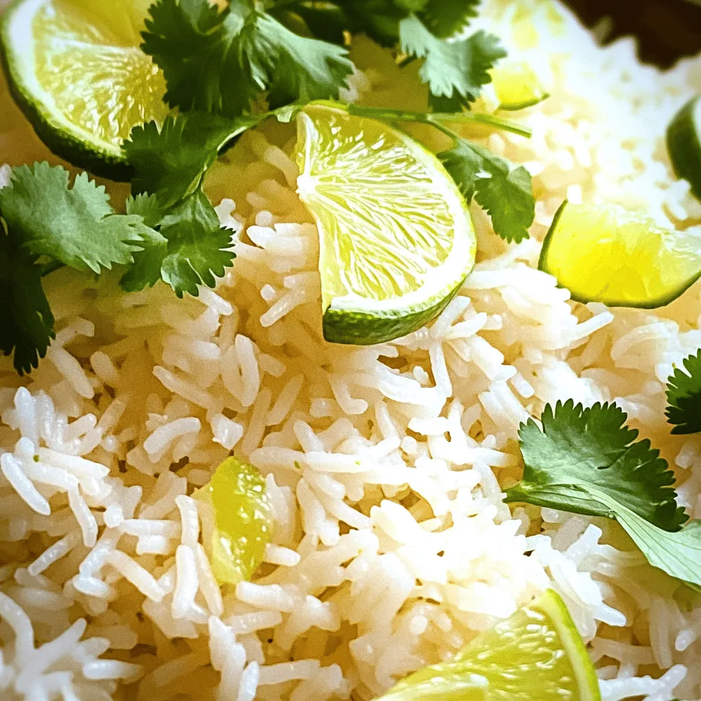 - 2 cups jasmine rice - 1 can (14 oz) coconut milk - 1 cup water - Zest of 1 lime - Juice of 2 limes - 1 tablespoon brown sugar - 1 teaspoon salt - Fresh cilantro leaves for garnish - Sliced lime for garnish To make coconut lime rice, you need a few simple items. Each ingredient adds its own flavor. Jasmine rice gives a soft, fluffy base. Coconut milk adds rich creaminess that you will love. You will also need water to cook the rice. The lime zest and juice bring a bright, zesty taste. Brown sugar adds a hint of sweetness to balance the flavors. Salt enhances everything. Finally, garnishes like cilantro and lime make each bite pop. This dish is easy to prepare and pairs well with many meals. It adds a tropical twist to your dinner plate. You can enjoy it with grilled fish, spicy shrimp, or even a fresh salad. Grab your ingredients, and let's get cooking! - First, rinse the jasmine rice under cold water. This step removes excess starch. Rinse until the water runs clear. - Next, in a medium saucepan, combine the rinsed rice, coconut milk, and water. This mix creates a creamy base. - Bring the mixture to a boil over medium-high heat. Watch for bubbles to form. - Once boiling, stir in salt and brown sugar. Reduce heat to low, cover the pot, and simmer. Cook for about 15 minutes until the rice is tender. The liquid should absorb completely. - Turn off the heat. Add lime zest and lime juice to the rice. Gently fluff with a fork to mix well. - Cover the pot again and let it sit for 5 minutes. This resting time helps flavors meld together. Rinsing Technique Rinsing jasmine rice is key for great texture. It removes excess starch. Rinse until water runs clear. This step helps keep your rice fluffy. Cooking on Low Heat After boiling, lower the heat. Simmer gently to let the rice cook through. This keeps the grains from becoming mushy. Cover the pot to trap steam and flavor. Use of Fresh Ingredients Always opt for fresh lime zest and juice. They add bright flavor to the rice. Fresh cilantro brings a nice pop of color and taste. Substitution Options for Coconut Milk If you want a lighter option, use light coconut milk. Almond milk can also work but may change the flavor. Just keep in mind that coconut milk gives the best taste. Garnishing Tips For a beautiful touch, sprinkle fresh cilantro on top. Add lime slices for color and zest. This makes the dish look vibrant and inviting. Serving Suggestions Serve the rice warm as a side dish. It pairs well with grilled chicken or fish. It can also complement spicy dishes nicely, balancing the heat. {{image_2}} You can add fresh herbs to your coconut lime rice. Basil or mint work great. These herbs add a nice twist. They bring fresh flavors that brighten each bite. Just chop them finely and mix them in at the end. You’ll love how they lift the dish. If you want some heat, try spicy coconut lime rice. Add red pepper flakes or diced jalapeños. This will give the rice a zesty kick. Start with a small amount and taste as you go. Spice lovers will enjoy this version. Want to make your coconut lime rice a full meal? You can add proteins like chicken or shrimp. Cook the proteins separately and mix them in at the end. Grilled or sautéed shrimp pairs well. Chicken thighs or breasts add heartiness. If you prefer vegetarian options, try black beans or chickpeas. They add protein and texture. You can also use tofu for a plant-based choice. Make sure to season them well to match the rice. Coconut lime rice pairs well with many dishes. It complements grilled meats and fish. You can serve it alongside tacos or stir-fries. The zesty flavor balances rich sauces nicely. For meal prep, this rice is perfect. Prepare a big batch and store it. You can enjoy it with different meals all week. Just reheat and serve with your favorite proteins and veggies. To keep your coconut lime rice fresh, you should store it right. First, let the rice cool down to room temperature. This helps prevent moisture buildup. Then, place it in an airtight container. You can store it in the fridge for up to four days. If you want to keep it longer, freezing is a great option. Transfer the rice to a freezer-safe bag. Make sure to remove as much air as possible before sealing. You can keep it in the freezer for up to three months. The best way to reheat coconut lime rice is using the stovetop. Add a splash of water or coconut milk to prevent it from drying out. Heat it on low, stirring gently until warm. You can also use the microwave. Place the rice in a bowl, add a little water, and cover it. Heat it in short intervals, stirring in between to ensure even warming. To keep the flavors bright, add a bit of fresh lime juice or cilantro when reheating. This will make the rice taste fresh and zesty like when you first made it. Yes, you can use brown rice. Brown rice has more fiber and nutrients. It takes longer to cook, so adjust the time. Brown rice also has a nuttier taste. Keep in mind that the texture will be different. Jasmine rice is softer and fluffier. If you prefer a chewy texture, brown rice is great. You can store Coconut Lime Rice for about 4 to 5 days in the fridge. Make sure to put it in an airtight container. This keeps it fresh and safe to eat. If you want to keep it longer, you can freeze it. Frozen rice can last up to 3 months. Just remember to thaw it properly before reheating. Yes, Coconut Lime Rice is perfect for meal prep. It pairs well with many dishes. You can make a big batch and portion it out. This makes it easy to grab for lunch or dinner. The flavors improve after a day in the fridge. It adds a tasty twist to your meals. If your rice is too sticky, rinse it again. Rinsing helps remove excess starch. You can also cook it with a little less liquid next time. Use a fork to fluff the rice gently. This helps separate the grains. If it’s already cooked, let it cool for a bit. Cooling can help reduce stickiness, too. In this article, you learned how to make delicious Coconut Lime Rice. We covered the key ingredients like jasmine rice, coconut milk, and lime. I shared step-by-step cooking instructions and helpful tips for perfect texture. You also discovered ways to enhance flavors, make variations, and present your dish nicely. Remember, this rice pairs well with many meals and stores easily. Enjoy making this dish your own! Make it fresh and flavorful every time.