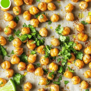 - 1 can (15 oz) chickpeas, drained and rinsed - 2 tablespoons olive oil - 1 teaspoon chili powder - 1/2 teaspoon cumin - 1/2 teaspoon smoked paprika - Juice of 1 lime - Zest of 1 lime - Salt to taste - Fresh cilantro, chopped (for garnish) Each serving has about 150 calories. You get 6 grams of protein and 24 grams of carbs. The dish has 5 grams of fat. The fiber content is high, with about 6 grams per serving. Chickpeas are a great source of protein and fiber. They help keep you full and satisfied. The spices add flavor and health benefits too. - Chili powder may boost metabolism. - Cumin aids digestion. - Smoked paprika has antioxidants. - Lime is high in vitamin C, great for your immune system. These ingredients come together for a snack that is tasty and good for you. 1. Preheat your oven to 400°F (200°C). This step helps cook the chickpeas evenly. 2. Dry the chickpeas well. Use a clean kitchen towel or paper towels. Removing moisture is key for crispiness. 1. In a large bowl, add the dried chickpeas. 2. Pour in 2 tablespoons of olive oil. 3. Add 1 teaspoon of chili powder, 1/2 teaspoon of cumin, and 1/2 teaspoon of smoked paprika. 4. Squeeze the juice of 1 lime and add the lime zest. 5. Sprinkle salt to taste. 6. Toss everything together until the chickpeas are well-coated. 1. Spread the chickpeas out on a baking sheet lined with parchment paper. Make sure they are in one layer. 2. Roast them in the preheated oven for 25-30 minutes. 3. Shake the baking sheet halfway through. This action helps them cook evenly. 4. You want the chickpeas to be golden brown and crispy. 5. Once they are done, take them out and let them cool slightly. Adjust salt if needed. 6. Garnish with fresh chopped cilantro before serving. Enjoy your crunchy snack! To get the best crunch, drying the chickpeas is key. Start by draining and rinsing them well. After that, use a clean towel to pat them dry. This step removes moisture, which helps them crisp up in the oven. You can also use an air fryer or stovetop for a faster option. If you choose an air fryer, set it to 400°F and cook for about 15-20 minutes. Shake the basket halfway through for even cooking. On the stovetop, heat a pan over medium heat and stir often until crispy. Feeling adventurous? You can customize the spice levels to fit your taste. If you like more heat, add extra chili powder or cayenne pepper. For a milder option, reduce the chili powder. Don’t be afraid to mix in other spices like garlic powder or onion powder for added flavor. These roasted chickpeas make a great snack on their own. You can also toss them into salads for extra crunch. Try adding them to grain bowls or as a topping for soups. They pair well with fresh veggies and dips too. Enjoy them at parties for a fun, healthy bite! {{image_2}} You can make your chili lime roasted chickpeas even better by adding different flavors. Here are some ideas: - Garlic Powder: Adds a warm, savory flavor. - Onion Powder: Gives a nice depth to the taste. - Paprika: Try sweet or hot paprika for extra flavor. - Herbs: Fresh or dried parsley, oregano, or thyme can bring freshness. - Cayenne Pepper: For those who like more heat, add this spice. Mix and match these to find your favorite combo. Chickpeas are already vegan and gluten-free. You can keep them that way easily. Here are some diet-specific tips: - Vegan: The recipe is vegan as is, so enjoy it without changes! - Gluten-Free: All ingredients are gluten-free. Just ensure your spices are certified gluten-free. These chickpeas fit many diets, making them a great snack for everyone. To keep your roasted chickpeas crispy, store them properly. Follow these tips: - Airtight Container: Place leftover chickpeas in an airtight container. This keeps them fresh. - Room Temperature: Store them at room temperature for the best crunch. - Avoid Moisture: Keep them away from moisture, as this can make them soft. If you follow these steps, your chickpeas will stay tasty and crispy longer! To keep your chili lime roasted chickpeas fresh, store them in airtight containers. This helps keep moisture out. You can use glass jars or plastic containers with tight lids. Make sure they are completely cool before sealing. This way, they stay crispy and tasty. When stored properly, these chickpeas last up to one week in the refrigerator. If you want to save them longer, freeze them. In the freezer, they can last up to three months. For the best flavor, use them within the first month after freezing. To reheat your chickpeas, use an oven or an air fryer. Preheat the oven to 400°F (200°C). Spread the chickpeas on a baking sheet. Heat them for about 10 minutes. Check to make sure they become crispy again. Avoid using the microwave, as it can make them soft. To make chickpeas crispy, start by patting them dry. Use a clean towel to remove moisture. This helps them roast well. Next, toss the chickpeas with olive oil and spices. The oil helps them brown and crisp up. Spread them out in a single layer on a baking sheet. Roasting them at 400°F for 25-30 minutes gives the best results. Shake the pan halfway through to ensure even cooking. This method creates a crunchy snack that you'll love. Yes, you can use dried chickpeas! First, soak them overnight in water. This softens them and helps with cooking. After soaking, boil them for 1-2 hours until tender. Drain and rinse the chickpeas before seasoning. The process takes longer than using canned, but it can enhance flavor and texture. Just make sure to dry them well before roasting for the best crunch. Chili lime roasted chickpeas make a tasty snack on their own. You can also serve them as a side with salads or grain bowls. They add a nice crunch to meals. Try pairing them with avocado, fresh veggies, or yogurt dips. You can also sprinkle them on top of soups for extra flavor. The options are endless! Chili lime roasted chickpeas are a tasty and healthy snack. This recipe is simple and fun. You learned the key ingredients, health benefits, and storage tips. The steps to prepare and roast chickpeas ensure you get that perfect crunch. You can also customize the flavors to suit your taste. Remember to store leftovers well to keep them crispy. Enjoy making this dish and sharing it with friends or family! Your kitchen will smell great, and your taste buds will thank you.