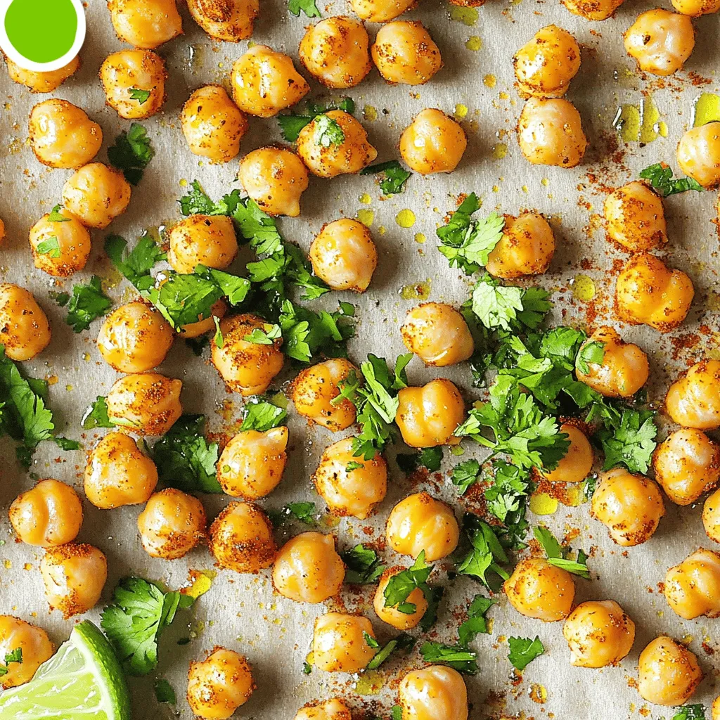 - 1 can (15 oz) chickpeas, drained and rinsed - 2 tablespoons olive oil - 1 teaspoon chili powder - 1/2 teaspoon cumin - 1/2 teaspoon smoked paprika - Juice of 1 lime - Zest of 1 lime - Salt to taste - Fresh cilantro, chopped (for garnish) Each serving has about 150 calories. You get 6 grams of protein and 24 grams of carbs. The dish has 5 grams of fat. The fiber content is high, with about 6 grams per serving. Chickpeas are a great source of protein and fiber. They help keep you full and satisfied. The spices add flavor and health benefits too. - Chili powder may boost metabolism. - Cumin aids digestion. - Smoked paprika has antioxidants. - Lime is high in vitamin C, great for your immune system. These ingredients come together for a snack that is tasty and good for you. 1. Preheat your oven to 400°F (200°C). This step helps cook the chickpeas evenly. 2. Dry the chickpeas well. Use a clean kitchen towel or paper towels. Removing moisture is key for crispiness. 1. In a large bowl, add the dried chickpeas. 2. Pour in 2 tablespoons of olive oil. 3. Add 1 teaspoon of chili powder, 1/2 teaspoon of cumin, and 1/2 teaspoon of smoked paprika. 4. Squeeze the juice of 1 lime and add the lime zest. 5. Sprinkle salt to taste. 6. Toss everything together until the chickpeas are well-coated. 1. Spread the chickpeas out on a baking sheet lined with parchment paper. Make sure they are in one layer. 2. Roast them in the preheated oven for 25-30 minutes. 3. Shake the baking sheet halfway through. This action helps them cook evenly. 4. You want the chickpeas to be golden brown and crispy. 5. Once they are done, take them out and let them cool slightly. Adjust salt if needed. 6. Garnish with fresh chopped cilantro before serving. Enjoy your crunchy snack! To get the best crunch, drying the chickpeas is key. Start by draining and rinsing them well. After that, use a clean towel to pat them dry. This step removes moisture, which helps them crisp up in the oven. You can also use an air fryer or stovetop for a faster option. If you choose an air fryer, set it to 400°F and cook for about 15-20 minutes. Shake the basket halfway through for even cooking. On the stovetop, heat a pan over medium heat and stir often until crispy. Feeling adventurous? You can customize the spice levels to fit your taste. If you like more heat, add extra chili powder or cayenne pepper. For a milder option, reduce the chili powder. Don’t be afraid to mix in other spices like garlic powder or onion powder for added flavor. These roasted chickpeas make a great snack on their own. You can also toss them into salads for extra crunch. Try adding them to grain bowls or as a topping for soups. They pair well with fresh veggies and dips too. Enjoy them at parties for a fun, healthy bite! {{image_2}} You can make your chili lime roasted chickpeas even better by adding different flavors. Here are some ideas: - Garlic Powder: Adds a warm, savory flavor. - Onion Powder: Gives a nice depth to the taste. - Paprika: Try sweet or hot paprika for extra flavor. - Herbs: Fresh or dried parsley, oregano, or thyme can bring freshness. - Cayenne Pepper: For those who like more heat, add this spice. Mix and match these to find your favorite combo. Chickpeas are already vegan and gluten-free. You can keep them that way easily. Here are some diet-specific tips: - Vegan: The recipe is vegan as is, so enjoy it without changes! - Gluten-Free: All ingredients are gluten-free. Just ensure your spices are certified gluten-free. These chickpeas fit many diets, making them a great snack for everyone. To keep your roasted chickpeas crispy, store them properly. Follow these tips: - Airtight Container: Place leftover chickpeas in an airtight container. This keeps them fresh. - Room Temperature: Store them at room temperature for the best crunch. - Avoid Moisture: Keep them away from moisture, as this can make them soft. If you follow these steps, your chickpeas will stay tasty and crispy longer! To keep your chili lime roasted chickpeas fresh, store them in airtight containers. This helps keep moisture out. You can use glass jars or plastic containers with tight lids. Make sure they are completely cool before sealing. This way, they stay crispy and tasty. When stored properly, these chickpeas last up to one week in the refrigerator. If you want to save them longer, freeze them. In the freezer, they can last up to three months. For the best flavor, use them within the first month after freezing. To reheat your chickpeas, use an oven or an air fryer. Preheat the oven to 400°F (200°C). Spread the chickpeas on a baking sheet. Heat them for about 10 minutes. Check to make sure they become crispy again. Avoid using the microwave, as it can make them soft. To make chickpeas crispy, start by patting them dry. Use a clean towel to remove moisture. This helps them roast well. Next, toss the chickpeas with olive oil and spices. The oil helps them brown and crisp up. Spread them out in a single layer on a baking sheet. Roasting them at 400°F for 25-30 minutes gives the best results. Shake the pan halfway through to ensure even cooking. This method creates a crunchy snack that you'll love. Yes, you can use dried chickpeas! First, soak them overnight in water. This softens them and helps with cooking. After soaking, boil them for 1-2 hours until tender. Drain and rinse the chickpeas before seasoning. The process takes longer than using canned, but it can enhance flavor and texture. Just make sure to dry them well before roasting for the best crunch. Chili lime roasted chickpeas make a tasty snack on their own. You can also serve them as a side with salads or grain bowls. They add a nice crunch to meals. Try pairing them with avocado, fresh veggies, or yogurt dips. You can also sprinkle them on top of soups for extra flavor. The options are endless! Chili lime roasted chickpeas are a tasty and healthy snack. This recipe is simple and fun. You learned the key ingredients, health benefits, and storage tips. The steps to prepare and roast chickpeas ensure you get that perfect crunch. You can also customize the flavors to suit your taste. Remember to store leftovers well to keep them crispy. Enjoy making this dish and sharing it with friends or family! Your kitchen will smell great, and your taste buds will thank you.