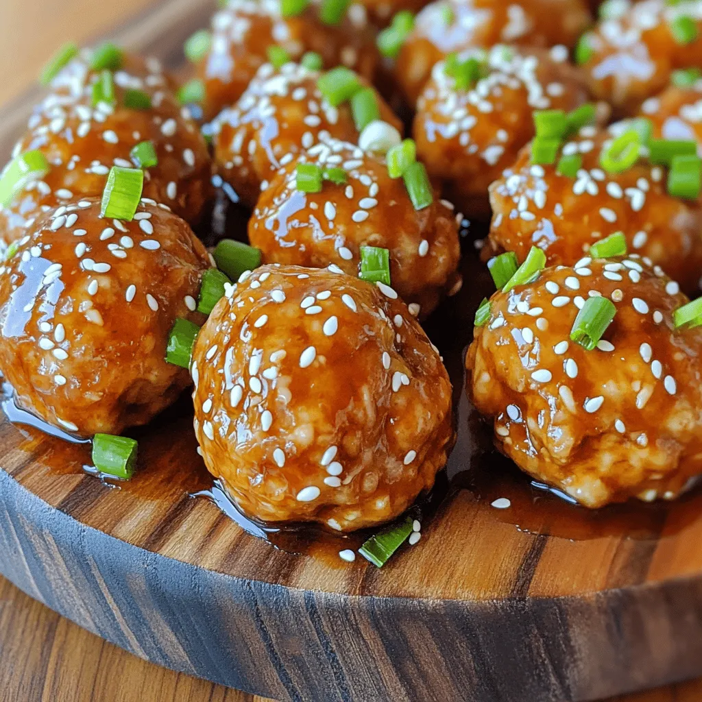 - 1 lb ground chicken - 1/2 cup breadcrumbs - 1/4 cup green onions, finely chopped - 1 egg - 2 cloves garlic, minced - 1 tsp grated ginger - 1/4 cup soy sauce (low sodium) - 1/4 cup honey - 2 tbsp rice vinegar - 1 tbsp sesame oil - 1 tsp cornstarch mixed with 1 tbsp water (for thickening) - Sesame seeds - Extra green onions Gather these ingredients before you start. Using ground chicken makes these meatballs juicy and tender. Breadcrumbs hold everything together. Green onions add a nice crunch and fresh flavor. The egg binds the mixture well. Garlic gives a strong taste, while grated ginger adds warmth. For the teriyaki glaze, low-sodium soy sauce keeps it salty but not too salty. Honey provides sweetness. Rice vinegar adds a tangy note, and sesame oil gives a nutty taste. Cornstarch thickens the glaze, making it sticky and perfect for coating. Finally, don’t forget your garnish! Sesame seeds add a nice crunch, and extra green onions offer a pop of color. This combination makes your dish look and taste great. To make the meatball mixture, start by gathering your ingredients. In a large bowl, combine: - 1 lb ground chicken - 1/2 cup breadcrumbs - 1/4 cup green onions, finely chopped - 1 egg - 2 cloves garlic, minced - 1 tsp grated ginger Mix these ingredients well until they form a uniform mixture. You want to ensure that everything blends nicely, so take your time. Now, shape this mixture into small meatballs. Aim for about 1 inch in diameter. This size helps them cook evenly. Place the meatballs on a plate or tray as you shape them. Next, we need to bake the meatballs. Preheat your oven to 400°F (200°C). While the oven heats up, line a baking sheet with parchment paper. This will help prevent sticking and make cleanup easier. Once the oven is ready, arrange the meatballs on the prepared baking sheet. Make sure to leave a bit of space between them. This helps them brown nicely. Bake the meatballs for about 20-25 minutes. They should be golden brown and cooked through. While the meatballs bake, let’s prepare the teriyaki glaze. In a small saucepan, combine: - 1/4 cup soy sauce (low sodium) - 1/4 cup honey - 2 tbsp rice vinegar - 1 tbsp sesame oil Place the pan over medium heat. Keep stirring until it starts to simmer. This should take just a few minutes. Now, to thicken the glaze, stir in the cornstarch mixed with 1 tbsp water. Continue to cook for about 2-3 minutes. You’ll notice the glaze getting thicker. Once it’s ready, remove it from the heat. Now, when the meatballs finish baking, transfer them to a mixing bowl. Pour the teriyaki glaze over the meatballs and toss gently. Make sure every meatball gets coated with that delicious glaze. Serve them hot, and enjoy your flavorful creation! To make great meatballs, timing is key. Bake them for 20-25 minutes. This makes them golden and juicy. Check their inside temperature; it should reach 165°F (74°C). To avoid dry meatballs, don’t overmix the meat. Keep the mixture gentle. Adding breadcrumbs helps retain moisture. Your teriyaki glaze needs the right thickness. Cook it until it coats the back of a spoon. If it’s too thin, add more cornstarch mixed with water. For extra flavor, try adding garlic or a pinch of red pepper flakes. These small tweaks can enhance the taste a lot. Garnishing makes meals look special. Use sesame seeds and green onions for a bright touch. Serve the meatballs on a white plate for contrast. You can also pair them with steamed rice or a colorful salad. This makes the dish pop and adds nutrition. {{image_2}} You can swap proteins in this recipe. Turkey or tofu works great. Both options offer different flavors and textures. If you use tofu, make sure to press it first to remove extra water. This helps it hold shape. For gluten-free options, use gluten-free breadcrumbs. There are many kinds available. You can also use crushed rice crackers or almond flour as a substitute. Want to spice things up? Add sriracha for heat. This adds a nice kick to the glaze. You can also use hoisin sauce for a sweeter, thicker flavor. Mixing in a little garlic powder or onion powder can add depth. For sweeteners, try using maple syrup or agave instead of honey. Each sweetener gives a unique flavor to the glaze. Experimenting can lead to fun new tastes. You can cook these meatballs in various ways. A skillet or grill works well for a nice sear. Simply heat some oil and cook the meatballs until golden brown. If you prefer a slow cooker, you can cook the meatballs in the sauce. Just shape the meatballs and place them directly in the slow cooker. Cook on low for several hours for tender meatballs. This method allows the flavors to blend beautifully. To keep your teriyaki glazed chicken meatballs fresh, store them in the fridge. Place them in an airtight container. They will last for about 3 to 4 days. If you want to save them for longer, freeze the meatballs. To freeze, let them cool completely. Then, place them in a freezer-safe bag or container. They can last up to 3 months in the freezer. When it’s time to eat, reheating the meatballs is easy. You can use the oven, microwave, or stovetop. For the oven, preheat it to 350°F. Place the meatballs on a baking sheet for about 10 minutes. If using a microwave, heat them for 1-2 minutes. Check to make sure they are warm throughout. On the stovetop, heat them in a pan over low heat. Add a splash of water to keep them moist and flavorful. You can keep cooked meatballs in the fridge for 3 to 4 days. If frozen, they can last for 3 months. Always check for signs of spoilage. Look for changes in color, smell, or texture. If they smell off or look strange, it's best to throw them away. Yes, you can make these meatballs ahead of time. Form the meatballs and place them on a tray. Cover them and chill in the fridge for up to 24 hours. You can also freeze the meatballs before baking. Just thaw them in the fridge overnight before cooking. These meatballs pair well with many sides. Here are some ideas: - Steamed white rice - Brown rice or quinoa - Stir-fried vegetables - A fresh green salad - Noodles with sesame sauce These sides balance the sweet and savory flavors of the meatballs. Yes, you can use store-bought teriyaki sauce. It saves time and adds flavor. Just make sure to check the ingredients. Some sauces have added sugar or sodium. You might want to adjust the honey in your meatball mix if using a sweet sauce. To check if the meatballs are done, use a meat thermometer. The center should reach 165°F (74°C). You can also cut one open; it should no longer be pink inside. The outside should be golden brown. If they meet these signs, they are ready to enjoy. We covered a lot in this post about Teriyaki Glazed Chicken Meatballs. You learned about the key ingredients, from ground chicken to the flavorful glaze. We walked through the step-by-step instructions for preparing and baking those tasty meatballs. Tips on perfecting flavor and presentation help you impress guests. Don’t forget to explore variations and storage ideas for your meals. With this guide, you now have the tools to create a delicious dish. Enjoy your cooking journey and savor every bite!