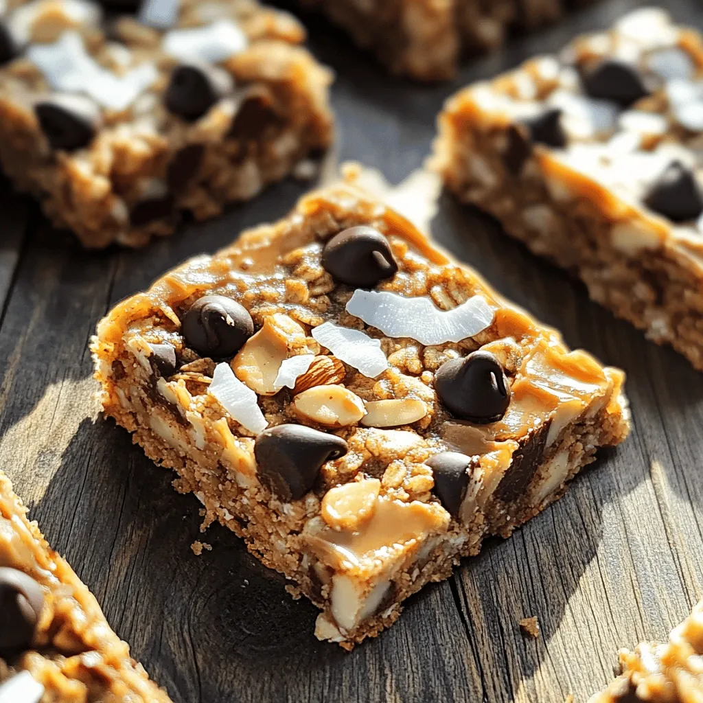 To make Peanut Butter Chocolate Chip Granola Bars, you will need: - 1 cup rolled oats - 1/2 cup peanut butter (smooth or crunchy) - 1/4 cup honey or maple syrup - 1/2 cup chocolate chips (semi-sweet or dark) - 1/4 cup almond or coconut flakes - 1/4 cup chopped nuts (almonds, walnuts, or pecans) - 1/2 teaspoon vanilla extract - Pinch of salt You can customize your granola bars easily. Here are some ideas: - Use almond butter instead of peanut butter for a different taste. - Swap honey for agave syrup for a vegan option. - Add dried fruits like cranberries or raisins for extra sweetness. - Replace chocolate chips with carob chips for a healthier choice. - Use sunflower seeds or pumpkin seeds instead of nuts for nut-free bars. These swaps help tailor the bars to your taste and dietary needs. These granola bars offer a good balance of nutrients. Here’s a quick look: - Calories: About 150 per bar - Protein: Around 4 grams - Carbohydrates: About 20 grams - Fat: Roughly 7 grams - Fiber: Approximately 2 grams These bars are a healthy snack option. They provide energy without added junk. Enjoy them as a quick breakfast or a post-workout treat! First, set your oven to 350°F (175°C). This is the perfect temperature for baking. Next, grab an 8x8 inch baking pan. Line the pan with parchment paper. Leave some paper hanging over the sides. This will help you lift the bars out later. In a large mixing bowl, add 1 cup of rolled oats. Then, mix in 1/4 cup of almond or coconut flakes. Finally, add 1/4 cup of chopped nuts. You can use almonds, walnuts, or pecans. Stir everything together well. This helps the flavors blend nicely. Take a small saucepan and set it on low heat. Add 1/2 cup of peanut butter and 1/4 cup of honey or maple syrup. Stir until everything melts and mixes smoothly. Once it's mixed, remove the pan from heat. Now, stir in 1/2 teaspoon of vanilla extract and a pinch of salt. This adds flavor and depth to your bars. Pour the melted peanut butter mixture over the oats and nuts. Mix everything together well. You want all the dry ingredients to be coated evenly. This step is key for great flavor in every bite. Now, transfer the mixture to your lined baking pan. Press it down firmly. This helps the bars hold their shape. Bake in your preheated oven for about 15-20 minutes. Keep an eye on them. They should turn golden brown around the edges. Once done, remove the pan from the oven and let it cool completely. Use the parchment paper to lift the bars out. Cut them into squares or rectangles. Enjoy your homemade granola bars! To get the best texture, use fresh oats. Old oats can make the bars dry. Press the mixture firmly into the pan. This helps the bars hold together. Bake until the edges are golden brown. This gives a nice crunch. Let them cool completely before cutting. This step makes a big difference. One common mistake is not measuring ingredients correctly. Use measuring cups for accuracy. Skipping the salt can make the bars taste bland. Another mistake is not pressing the mixture down. If it’s loose, the bars might crumble. Overbaking can also lead to dry bars. Keep an eye on them as they bake. These bars are great on their own. You can also pair them with yogurt or fruit. For a fun twist, dip them in melted chocolate. Serve them with a glass of milk for a filling snack. They are perfect for lunchboxes or hikes. Share them with friends or family for a tasty treat! {{image_2}} You can change the taste of your granola bars easily. Try adding dried fruits like cranberries or raisins. They add sweetness and chewiness. You can also use different nut butters like almond or cashew. Each nut butter brings its own flavor. Consider adding spices like cinnamon or nutmeg for warmth. You can even try mixing in seeds like chia or flax for extra crunch and nutrition. If you want to make these bars even healthier, switch the honey for agave syrup or brown rice syrup. Both are great options. You can also use mashed bananas or applesauce for natural sweetness. These swaps can help cut down on added sugars. If you're looking for a low-carb option, try using stevia or monk fruit sweetener. These sweeteners work well too. To make these bars vegan, just use maple syrup instead of honey. All the other ingredients are vegan-friendly. If you need gluten-free bars, make sure to use certified gluten-free oats. You can also choose gluten-free nuts and nut butters. Always check labels to ensure everything is safe for your diet. These small changes keep the bars tasty and fit for everyone! Store your granola bars in an airtight container. This helps keep them fresh. If you leave them out, they may become stale. I recommend placing parchment paper between layers. This prevents sticking. Freezing is a great option for long-term storage. Wrap each bar in plastic wrap, then place them in a freezer bag. When you’re ready to eat one, take it out and let it thaw at room temperature. This usually takes about 30 minutes. You can also warm them in the microwave for a few seconds. Homemade granola bars last about a week at room temperature. If you store them in the fridge, they can last up to two weeks. Freezing extends their life to about three months. Just remember to check for any signs of spoilage before eating. Enjoy your tasty snacks! Yes, you can make these bars without oats. Try using puffed rice or quinoa instead. These options give a similar texture and crunch. You may need to adjust the binding ingredients if you change the base. To make nut-free granola bars, swap peanut butter for sunflower seed butter. You can also skip the nuts entirely. Use seeds, like pumpkin or sunflower, to add crunch without nuts. The ingredients in these bars offer many health benefits. Oats provide fiber, which helps digestion. Peanut butter adds protein and healthy fats. Honey or maple syrup offers natural sweetness with some vitamins. Chocolate chips bring joy, and nuts add more healthy fats and protein. Yes, you can customize your sweetener. Use agave syrup or coconut sugar for a different flavor. Just keep the amount similar to the honey or maple syrup. This ensures the bars hold together well. Look for golden brown edges to know the bars are done. They should be firm but slightly soft in the center when you take them out. Let them cool in the pan to set before cutting. These Peanut Butter Chocolate Chip Granola Bars are easy to make and delicious. We covered key ingredients, step-by-step instructions, and tips for success. You can even try cool variations and learn storage tricks to keep them fresh. Remember, customizing the recipe can make it your own. Enjoy your homemade treat, knowing it's both healthy and tasty!