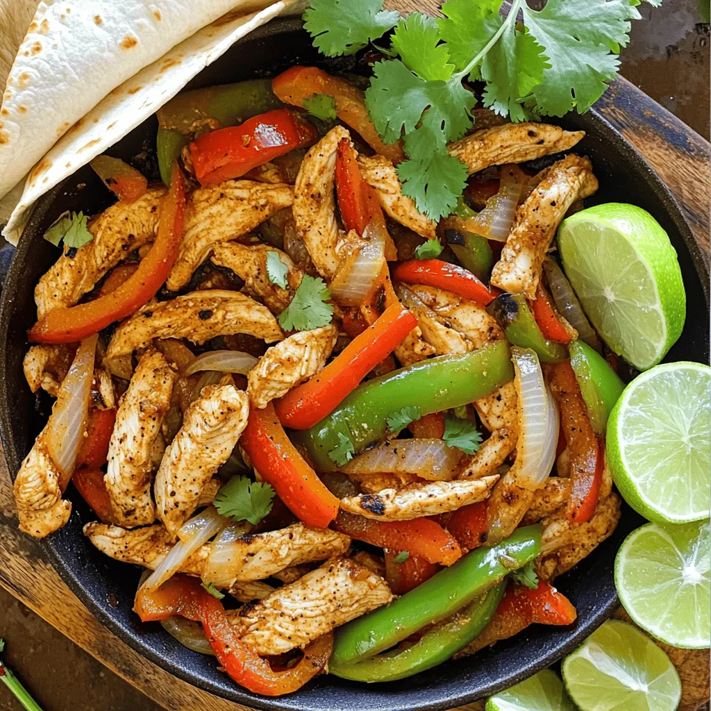 - 1 lb chicken breast, sliced into thin strips - 2 tablespoons olive oil - 1 red bell pepper, sliced - 1 green bell pepper, sliced - 1 medium onion, sliced - 3 cloves garlic, minced These main ingredients form the base of your quick chicken fajita skillet. The sliced chicken breast cooks fast and takes on flavors well. The bell peppers and onion add crunch and sweetness. Garlic gives a nice aroma and depth to the dish. - 2 teaspoons chili powder - 1 teaspoon cumin - 1 teaspoon smoked paprika - Salt and pepper to taste Seasonings bring the dish to life. Chili powder adds heat, while cumin gives warmth. Smoked paprika enhances the flavor with a subtle smokiness. Don't forget to add salt and pepper to balance the tastes. - Juice of 1 lime - Fresh cilantro, chopped (for garnish) - Tortillas (for serving) Garnishes make the meal pop. Lime juice adds freshness and brightness. Cilantro gives a burst of flavor. Warm tortillas serve as the perfect vessel for your fajita mix. Serve everything together for a colorful and tasty meal. - Heat olive oil in a large skillet over medium-high heat. - Add the sliced chicken breast and cook for about 5-7 minutes until browned. To start, get your skillet nice and hot. I usually pour in the olive oil and let it shimmer. This helps the chicken cook evenly. When the oil is hot, toss in the sliced chicken. Make sure to stir it often. You want it to turn golden brown and cook through completely. - Incorporate sliced bell peppers, onion, and minced garlic; sauté for 4-5 minutes. - Sprinkle in chili powder, cumin, and smoked paprika, tossing to coat. Once the chicken is browned, it's time for the fun part. Add the sliced bell peppers, onion, and minced garlic. Stir everything together and let it cook for about 4-5 minutes. You want the veggies to be tender and just a bit charred. Then, sprinkle in the chili powder, cumin, and smoked paprika. Toss it all so every bite is full of flavor. - Squeeze lime juice over the mixture and stir well. - Remove from heat and prepare for serving. Now, for a burst of freshness, squeeze lime juice over your skillet mixture. Give it a good stir. This adds a nice zing that brightens the dish. Once everything is mixed, turn off the heat. You're ready to serve this colorful and tasty meal! To get that perfect chicken texture, I recommend slicing the chicken breast into thin strips. Thin pieces cook faster and become tender. When you heat the olive oil, make sure it’s hot before adding the chicken. This helps seal in the juices and gives a nice brown color. Cook the chicken for about 5-7 minutes, stirring often. Don’t overcrowd the skillet; this ensures even cooking. For sautéing vegetables, cut them into similar sizes. This way, they cook evenly. Add the bell peppers and onion after the chicken is done. Sauté them for 4-5 minutes until they are tender but not mushy. Don’t forget the minced garlic; add it in the last minute of cooking to keep its flavor fresh. You can adjust the spice levels to fit your taste. If you like it hotter, add more chili powder or a diced jalapeño. For a milder flavor, reduce the chili powder. You can also experiment with smoked paprika for a deeper taste. When serving, consider adding toppings like sour cream, sliced avocado, or a sprinkle of cheese. These toppings add creaminess and contrast to the spicy fajitas. Fresh lime wedges on the side can also enhance the flavor with a zesty kick. To make your meal look great, arrange the tortillas on a large platter. Place the warm fajita mix in the center. Garnish with fresh cilantro and lime wedges around the dish. This colorful display makes the meal inviting and fun. You can also serve the tortillas in a basket lined with a cloth to keep them warm. {{image_2}} You can easily swap chicken for beef or shrimp. Beef adds a rich taste, while shrimp cooks fast. Try using thin slices of flank steak or shrimp for a quick meal. For veggies, bell peppers are great, but you can also use zucchini or mushrooms. Each choice adds a unique flavor. Mix and match until you find your favorite! To make this dish gluten-free, use corn tortillas. You can also skip cheese for a dairy-free option. Want to add more fiber? Toss in black beans or corn. These ingredients boost health and flavor, making the meal more filling. You can also use whole grain tortillas for added nutrients. Serve your Chicken Fajitas in bowls or wraps. This lets everyone build their own meal. You can also prep them in advance for quick lunches. Just pack the fajita mix and tortillas separately. This way, you keep everything fresh and tasty. Enjoy your meal however you like! To keep your Chicken Fajita Skillet fresh, store it in an airtight container. Let it cool first. This helps prevent moisture build-up. Place the container in the fridge. It will stay fresh for a few days. If you want to freeze it, use freezer-safe bags. Remove as much air as you can. This keeps the flavors intact. Refrigerated leftovers last about three to four days. Ensure your fridge is set below 40°F (4°C). For food safety, check for any off smells or unusual textures before eating. Cooked chicken can be safe for up to four days when stored correctly. If you freeze it, it can last up to three months. To reheat, use a skillet over medium heat for the best results. Add a splash of water or broth to keep it moist. Stir occasionally, heating until warm. You can also use a microwave. Cover the dish to trap steam and heat for short bursts. This helps maintain flavor and texture. Enjoy your fajitas just as delicious as the first time! This dish takes about 10 minutes to prep and 15 minutes to cook. In total, you need around 25 minutes to have a delicious meal ready to serve. Yes, you can use frozen chicken, but it needs extra time to cook. Frozen chicken may not brown as well as fresh chicken. You should thaw it first for best results. Chicken fajitas pair great with: - Mexican rice - Refried beans - Guacamole - Sour cream - Corn salad These sides add flavor and make your meal more filling. Chicken fajitas can be a healthy choice. They are high in protein and packed with veggies. You can control the amount of oil and salt. Each serving is about 300 calories, making it a balanced meal option. This blog post covers a simple and tasty Chicken Fajita Skillet recipe. We discussed the key ingredients, cooking steps, and tips for making it perfectly. You learned about variations and how to store leftovers. Overall, this dish is healthy, flavorful, and versatile. Try it for a quick dinner or meal prep. Enjoy your cooking and experiment with different ingredients. This recipe is a great way to satisfy your hunger and impress your family.