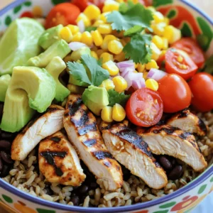 - 2 boneless, skinless chicken breasts - 2 tablespoons chipotle peppers in adobo sauce, minced - 1 tablespoon olive oil - 1 teaspoon ground cumin - 1 teaspoon garlic powder - 1 teaspoon smoked paprika - 1 cup cooked brown rice or quinoa - 1 cup black beans, drained and rinsed - 1 cup corn kernels (fresh, frozen, or canned) - 1 medium avocado, diced - 1 cup cherry tomatoes, halved - 1/2 cup red onion, finely chopped - 1/4 cup fresh cilantro, chopped - Juice of 1 lime - Optional toppings: shredded cheese, Greek yogurt or sour cream, hot sauce The chicken is the star of this dish. I love using boneless, skinless chicken breasts because they are lean and cook quickly. For flavor, I use chipotle peppers in adobo sauce. They give a nice smoky heat. Olive oil helps the spices stick to the chicken and adds richness. Spices like ground cumin, garlic powder, and smoked paprika create depth. They blend together to form a tasty marinade. Brown rice or quinoa serves as a hearty base. Black beans and corn add protein and sweetness, which balance the heat. Fresh vegetables like diced avocado and cherry tomatoes bring color and crunch. Red onion adds a bit of bite. Fresh cilantro brightens the dish, while lime juice adds a zesty finish. You can add cheese or Greek yogurt for creaminess. Hot sauce gives an extra kick if you like spice. This burrito bowl has about 450 calories per serving. It offers a balanced mix of protein, carbs, and fats. Each serving has about 30 grams of protein and 50 grams of carbs. The fiber from beans and veggies helps with digestion. Key ingredients like chicken provide lean protein, while beans add fiber and iron. Avocado gives healthy fats, and tomatoes offer vitamins A and C. The dish is not just tasty; it’s good for you, too! To make a great chipotle marinade, mix these ingredients in a bowl: - 2 tablespoons chipotle peppers in adobo sauce, minced - 1 tablespoon olive oil - 1 teaspoon ground cumin - 1 teaspoon garlic powder - 1 teaspoon smoked paprika - Salt and pepper to taste Coat the chicken breasts in this mixture. Cover them fully. For the best flavor, let the chicken marinate for at least 30 minutes. For even more taste, marinate overnight in the fridge. You can cook the chicken on a grill or in a skillet. Preheat your grill or skillet over medium-high heat. Cook the marinated chicken for 6-7 minutes on each side. The chicken is done when the juices run clear. After cooking, let the chicken rest for 5 minutes before slicing. Start by layering the bowl with cooked brown rice or quinoa. Next, add black beans and corn. Slice the grilled chicken into strips. Place the chicken on top of the rice. Then, add diced avocado, halved cherry tomatoes, and chopped red onion. Finish with fresh cilantro and a drizzle of lime juice. For extra toppings, consider shredded cheese, Greek yogurt, or hot sauce. This bowl is perfect for serving right away or for meal prep. To avoid dry chicken, use the marinade well. The chipotle marinade adds flavor and moisture. I suggest marinating for at least 30 minutes. If you have time, let it sit overnight in the fridge. This step boosts the taste and keeps the chicken juicy. You can change the flavors to fit your taste. For a milder dish, use less chipotle sauce. If you want more heat, add extra peppers or a dash of hot sauce. For a healthy twist, swap brown rice for quinoa. You can also add more veggies like bell peppers or spinach. Make your bowl look great with a few tips. Layer the ingredients neatly for a colorful display. Use a clear bowl to show off the layers. For garnish, sprinkle fresh cilantro or diced avocado on top. You can also add a lime wedge for a pop of color and freshness. {{image_2}} You can make a tasty burrito bowl without chicken. Use plant-based proteins like tofu, tempeh, or jackfruit. These options soak up flavors well. For extra taste, marinate them like you would chicken. Adjust spices too, ensuring they match your bowl's flavor. Get creative by adding global flavors to your burrito bowl. For a Korean twist, use kimchi and gochujang. For a Mediterranean vibe, try olives and feta cheese. Mix and match spices for unique tastes. Don't be afraid to experiment with flavors you love. Fresh ingredients make every bite better. In spring, use bright veggies like asparagus and peas. Summer is perfect for ripe tomatoes and corn. Fall calls for squash and kale. In winter, root veggies shine. Adjust the recipe each season for a new experience. To keep your Chipotle Chicken Burrito Bowl fresh, store it in an airtight container. Place it in the fridge right after it cools. This helps maintain its taste and texture. You can keep it for about 3 to 4 days. If you want to save it longer, freeze it! Use freezer-safe containers or bags. The bowl can last for up to 3 months in the freezer. Just remember to label the bags with the date. When you're ready to enjoy your leftovers, reheating is easy. You can use a microwave or stovetop. For the microwave, place the bowl in for 1 to 2 minutes. Stir halfway to heat evenly. If using the stovetop, warm it in a pan over low heat. Add a splash of water to keep things moist. This helps maintain the quality of the chicken, rice, and veggies. Enjoy your tasty meal as if it was freshly made! To add heat, try these tips: - Use more chipotle peppers in the marinade. - Add diced jalapeños to your bowl. - Top with hot sauce or spicy salsa. If you want to adjust the chipotle level, start with one tablespoon. Test it, then add more if you like. This way, you control the heat and suit your taste. Yes, you can use other proteins! Some great options are: - Beef: Use flank steak or ground beef. - Shrimp: Cook shrimp for a quick option. - Tofu: Use firm tofu for a plant-based choice. Make sure to adjust cooking times. Beef needs about 8-10 minutes, shrimp takes 3-5 minutes, and tofu needs 5-7 minutes to brown. This recipe works great for meal prep! Here are some best practices: - Cook all ingredients in advance. - Store each part in airtight containers. For storage tips, keep the rice and beans separate from the chicken and veggies. This keeps everything fresh and tasty. You can find similar dishes at these places: - Chipotle: They serve customizable burrito bowls. - Qdoba: Another option for burrito bowls with varied toppings. Comparing homemade to restaurant versions, you can adjust flavors and ingredients better at home. Plus, it's often healthier and more cost-effective. This blog post guides you through making a tasty burrito bowl. We covered the key ingredients, from chicken to veggies, and the health benefits they offer. You learned how to marinate and cook chicken for the best taste. Plus, we explored ways to customize your bowl and present it well. With storage tips and variations for different diets, you can enjoy this meal anytime. Try adding your twist and make it your own! Enjoy your cooking journey!