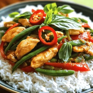 To make a great Thai basil chicken stir fry, you need some key ingredients. Here’s what you will need: - 1 lb (450g) boneless, skinless chicken breast, thinly sliced - 2 cups fresh Thai basil leaves - 3 cloves garlic, minced - 2-3 Thai bird's eye chilies, finely sliced (adjust for spice level) - 1 red bell pepper, thinly sliced - 1 cup green beans, trimmed and cut in half - 2 tablespoons vegetable oil - 3 tablespoons soy sauce - 1 tablespoon fish sauce - 1 tablespoon brown sugar - Salt and pepper to taste These fresh ingredients give the dish its amazing taste and aroma. You can add some extra ingredients to enhance the flavor. Here are a few options: - Chopped onion for sweetness - A splash of lime juice for brightness - Cashews for crunch - Extra vegetables like carrots or snow peas These additions can make your dish even more exciting. To cook this dish, you’ll need some basic kitchen tools. Gather these items before you start: - A large skillet or wok for stir-frying - A sharp knife for slicing - A cutting board for prep work - Small bowls for mixing sauce and holding ingredients Having the right tools makes cooking easier and more fun. To start, grab a small bowl. In this bowl, mix together three simple ingredients: soy sauce, fish sauce, and brown sugar. Add a pinch of salt and some black pepper. Stir it all until the sugar dissolves. This sauce will bring the dish to life. Next, heat two tablespoons of vegetable oil in a large skillet or wok. Turn the heat to medium-high. Once the oil is hot, add three minced garlic cloves and two to three finely sliced bird's eye chilies. Sauté for about 30 seconds. The smell will be amazing! Now, increase the heat to high. Add one pound of thinly sliced chicken breast to the pan. Stir-fry for four to five minutes. Make sure the chicken is no longer pink. It's important to cook it all the way through. After the chicken is cooked, add a thinly sliced red bell pepper and one cup of trimmed green beans. Stir-fry for another two to three minutes. You want the veggies to stay bright and crisp. Once the chicken and vegetables are cooked, pour the sauce over them. Toss everything well to coat. This step is key for flavor. Next, add two cups of fresh Thai basil leaves. Stir-fry for one more minute. The basil will soften, but it should stay bright green. Now, remove the stir-fry from heat. Serve it right away! I love to serve it over jasmine rice or noodles. For a nice touch, garnish with extra basil leaves. You can also add a few slices of chili for color. Enjoy your flavorful meal! To get the best flavor in your Thai basil chicken stir fry, use fresh ingredients. Fresh Thai basil adds a unique taste that dried herbs cannot match. Always choose bright green leaves without any browning. Use good-quality soy and fish sauces for depth. Mixing the sauces before cooking helps blend flavors well. Adding brown sugar balances the saltiness and enhances the dish's overall taste. Spice levels can change a dish's impact. If you enjoy heat, add more Thai bird's eye chilies. Slice them finely, and remember, the smaller the piece, the stronger the heat. If you prefer milder flavors, use fewer chilies or remove the seeds. You can also serve chili flakes on the side for those who want an extra kick. For tender chicken, slice it thinly against the grain. This helps keep it juicy. Make sure your pan is hot before adding the chicken. Stir-fry quickly to avoid overcooking. Cook it just until it's no longer pink, about 4-5 minutes. Adding vegetables later keeps them crisp and colorful. This way, you get a perfect balance of tender chicken and crunchy veggies in every bite. {{image_2}} You can easily make this dish vegetarian or vegan. Replace the chicken with tofu or tempeh. Use firm tofu for the best texture. Cube it, then sauté until golden. For a vegan sauce, skip the fish sauce. Use soy sauce or mushroom soy sauce instead. This keeps the rich flavor without meat. If you want to switch proteins, consider shrimp or beef. Shrimp cooks quickly and adds a nice taste. Beef should be thinly sliced. Cook it just like the chicken, until it's done. You can also try seitan for a plant-based option. It has a chewy texture similar to meat. Feel free to mix in various vegetables. Broccoli, snap peas, or carrots work well. You can even add mushrooms for more umami. The key is to keep your veggies colorful and crisp. This adds nutrition and makes the dish more appealing. Remember to stir-fry them just until tender, to maintain their crunch. After enjoying your Thai basil chicken stir fry, let it cool down. Place the leftovers in an airtight container. This helps keep the flavors fresh. Store the container in the fridge. It will last for up to three days. If you notice any signs of spoilage, discard it. To reheat, use a skillet over medium heat. Add a splash of water or oil to keep it moist. Stir occasionally until it’s hot throughout. You can also use the microwave. Heat it in 30-second intervals, stirring in between. This way, you avoid uneven heating. For long-term storage, you can freeze the stir fry. Use freezer-safe containers or bags. Make sure to remove as much air as possible. Label the bags with the date. It will keep well for up to three months. When ready to eat, thaw overnight in the fridge. Reheat as mentioned earlier. Enjoy the flavors even after freezing! Thai Basil Chicken Stir Fry comes from Thailand. It is a popular dish in Thai cuisine. Thai basil adds a unique flavor that makes this dish special. The stir fry is quick to make and very tasty. It often features chicken, vegetables, and a savory sauce. Yes, you can make this dish gluten-free easily. Just use gluten-free soy sauce instead of regular soy sauce. Check the fish sauce too, as some brands may contain gluten. By making these swaps, you can enjoy the same great taste without the gluten. If you cannot find Thai basil, you can use regular basil. It will not taste the same but will still work. You can also try using mint or a mix of basil and mint. These herbs will give you a fresh flavor. This stir fry pairs well with jasmine rice or noodles. You can also serve it with a side of fresh vegetables. A simple salad would complement the dish nicely. If you like spice, add some fresh chili slices on top. This recipe is quick! It takes about 10 minutes to prep and 10 minutes to cook. You can have a delicious meal ready in just 20 minutes. Perfect for a busy weeknight dinner! This blog covered how to make Thai Basil Chicken Stir Fry. We explored key ingredients and the equipment needed. I shared step-by-step cooking instructions for great results. You learned helpful tips to boost flavor and adjust spice levels. We even discussed tasty variations for different diets. Lastly, we reviewed storage tips to keep your meals fresh. Make this dish your own. Enjoy the vibrant flavors and ease of cooking!