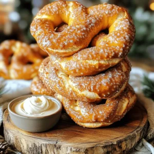 - Warm water (1 ½ cups) - Instant yeast (1 packet, 2 ¼ teaspoons) - Granulated sugar (3 tablespoons + 1/2 cup for coating) - All-purpose flour (4 cups) - Salt (1 teaspoon) - Baking soda (1/2 cup) - Large egg (beaten, for egg wash) - Unsalted butter (1/4 cup, melted) - Ground cinnamon (1 tablespoon) To make cinnamon sugar soft pretzels, you need simple and fresh ingredients. Start with 1 ½ cups of warm water. The water should feel warm to your touch, around 110°F to 115°F. This warmth helps activate the yeast. Next, grab one packet of instant yeast. This is about 2 ¼ teaspoons. Yeast is the magic that makes the dough rise. You will also need 3 tablespoons of granulated sugar to feed the yeast. It helps the yeast do its job. For the dough, you will use 4 cups of all-purpose flour. This is the base for your pretzels. Don’t forget the salt! You will need 1 teaspoon for flavor. Now, we need to make that lovely pretzel crust. Add 1/2 cup of baking soda to boiling water later in the recipe. This step gives pretzels their classic texture and flavor. You’ll also need one large egg, beaten, to brush on top of the pretzels. This egg wash gives them a beautiful shine. Finally, for the sweet cinnamon sugar topping, gather 1/2 cup of granulated sugar and 1 tablespoon of ground cinnamon. This will make your pretzels irresistible. With these ingredients, you're ready to create soft, warm, and sweet cinnamon sugar pretzels! 1. Combine water, yeast, and sugar: Start by taking 1 ½ cups of warm water. Add 1 packet of instant yeast and 3 tablespoons of granulated sugar. Let this sit for about 5 minutes. You want it to look foamy. 2. Mix flour and salt into the yeast mixture: Next, add 4 cups of all-purpose flour and 1 teaspoon of salt into the yeast mix. Stir until a dough starts to form. 3. Knead the dough: Place the dough on a floured surface. Knead it for about 5 to 7 minutes. The dough should feel smooth and elastic when you’re done. 1. Place dough in a greased bowl: Put your kneaded dough in a bowl that you greased lightly. This helps it not stick. 2. Cover and let rise: Cover the bowl with a damp cloth. Set it in a warm spot for about 1 hour. The dough should double in size during this time. 1. Preheat the oven and prepare baking sheets: While the dough rises, preheat your oven to 450°F (230°C). Line two baking sheets with parchment paper to prevent sticking. 2. Shape the dough into pretzels: Once the dough has risen, punch it down. Divide it into 10 equal pieces. Roll each piece into a long rope, about 24 inches long. Shape each rope into a pretzel. 3. Boil pretzels in baking soda solution: In a large pot, bring 10 cups of water to a boil. Carefully add ½ cup of baking soda to the boiling water. It will bubble up, so watch out! Boil each pretzel for about 30 seconds. Use a slotted spoon to remove them and place them on the baking sheets. 1. Brush with egg wash and sprinkle cinnamon sugar: Take 1 large beaten egg and brush it over each pretzel. Mix ½ cup of granulated sugar with 1 tablespoon of ground cinnamon. Sprinkle this mixture generously on each pretzel. 2. Bake until golden brown: Bake the pretzels in your preheated oven for 12 to 15 minutes. They should turn golden brown and smell amazing when done. To make soft pretzels, kneading is key. Knead the dough for 5-7 minutes. This helps develop gluten, making the pretzels chewy. Use warm water, about 110°F to 115°F. This temperature activates the yeast. If the water is too hot, it can kill the yeast. If it's too cold, the yeast won't activate well. Boiling the pretzels is important for texture. Boil each pretzel in a baking soda solution for 30 seconds. This step gives the pretzels their nice crust. After boiling, place them on parchment-lined sheets. Bake at 450°F (230°C) for 12-15 minutes. Keep an eye on them until they turn golden brown. For a fun presentation, stack warm pretzels on a wooden board. Add a small bowl of creamy frosting or chocolate sauce for dipping. Dust extra cinnamon sugar on top to make them look even better! These tips make your pretzels not only tasty but also beautiful for serving. {{image_2}} You can add fun flavors to your pretzels. Try mixing chocolate or caramel into the dough. These sweet tastes make your pretzels even better! You can also sprinkle some chocolate chips on top before baking. This twist adds a rich flavor. Another option is to experiment with spices. Instead of just cinnamon, try nutmeg or vanilla. You can mix them with the cinnamon for a warm, cozy taste. Each spice gives a special touch to the pretzels. If cinnamon isn’t your thing, don’t worry! You can make classic salt pretzels. Just skip the cinnamon sugar and top them with coarse salt. This gives them a nice crunch and salty flavor. Another tasty choice is cheese-stuffed pretzels. After you shape the dough, add a small amount of cheese inside before sealing. When baked, the cheese melts and adds a gooey center. It’s a delightful surprise! For those who need gluten-free options, you can use gluten-free flour. Look for a blend that works well in baking. Just follow the same steps in the recipe. Your pretzels will still turn out soft and delicious. If you're looking for vegan substitutions, replace the egg wash with a mixture of plant milk and a bit of oil. You can also use vegan butter instead of regular butter for the topping. These changes keep the flavor without dairy products. To keep your pretzels fresh, store them at room temperature in a sealed bag. This helps keep them soft for about two days. If you want to keep them longer, you can refrigerate them. Just make sure to wrap each pretzel in plastic wrap before placing them in a container. This keeps moisture in and prevents them from getting hard. When you want to enjoy your pretzels again, reheating is key. The best way is to use an oven. Preheat it to 350°F. Place the pretzels on a baking sheet and heat for about 5-10 minutes. This method keeps them soft and warm. You can also use a microwave, but they may not stay as soft. If you use the microwave, heat them for about 15-20 seconds, but eat them right away! If you have extra pretzels, freezing is a great option. First, let them cool completely. Then, wrap each pretzel in plastic wrap. Place the wrapped pretzels in a freezer bag. They can last up to three months in the freezer. When you're ready to eat them, take them out and let them thaw in the fridge overnight. After thawing, reheat them in the oven to restore their softness. Enjoy your tasty treat anytime! Yes, you can! Active dry yeast and instant yeast are both great for baking. The main difference is how you use them. Active dry yeast needs to be dissolved in warm water before mixing with other ingredients. Instant yeast can mix right in with your dry ingredients. If you use active dry yeast, just add it to warm water with a bit of sugar and let it sit for 5-10 minutes until it bubbles. This helps wake it up! If you want to skip the egg wash, there are good options. You can use milk or cream to brush on the pretzels. This will give them a nice shine. Another choice is to use a mixture of water and cornstarch. This mix helps create a golden color, too. Try using melted vegan butter if you're looking for a dairy-free option. You can make pretzels without boiling, but they may taste different. One method is to brush them with baking soda mixed with water instead of boiling. After shaping the pretzels, you can soak them in this mixture for a few minutes. This helps give them a nice flavor and color. The texture will be softer than boiled pretzels, but still tasty! Absolutely! Making the dough ahead is a great idea. You can prepare the dough and let it rise. After it rises, shape it into pretzels but don't bake them yet. Instead, pop them in the fridge for up to 24 hours. When you're ready, take them out, let them warm up for 30 minutes, then bake. This way, you can enjoy fresh pretzels any time! You learned how to make pretzels using simple ingredients and steps. From preparing the dough to baking, it’s all about practice. Remember to knead well and let the dough rise. Experiment with flavors and try different toppings. Store your pretzels properly and enjoy them later. You can even make variations to fit your taste. With these tips, you can create delicious pretzels at home every time. Enjoy the fun of baking and share your tasty treats!