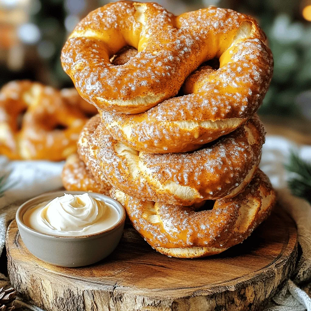 - Warm water (1 ½ cups) - Instant yeast (1 packet, 2 ¼ teaspoons) - Granulated sugar (3 tablespoons + 1/2 cup for coating) - All-purpose flour (4 cups) - Salt (1 teaspoon) - Baking soda (1/2 cup) - Large egg (beaten, for egg wash) - Unsalted butter (1/4 cup, melted) - Ground cinnamon (1 tablespoon) To make cinnamon sugar soft pretzels, you need simple and fresh ingredients. Start with 1 ½ cups of warm water. The water should feel warm to your touch, around 110°F to 115°F. This warmth helps activate the yeast. Next, grab one packet of instant yeast. This is about 2 ¼ teaspoons. Yeast is the magic that makes the dough rise. You will also need 3 tablespoons of granulated sugar to feed the yeast. It helps the yeast do its job. For the dough, you will use 4 cups of all-purpose flour. This is the base for your pretzels. Don’t forget the salt! You will need 1 teaspoon for flavor. Now, we need to make that lovely pretzel crust. Add 1/2 cup of baking soda to boiling water later in the recipe. This step gives pretzels their classic texture and flavor. You’ll also need one large egg, beaten, to brush on top of the pretzels. This egg wash gives them a beautiful shine. Finally, for the sweet cinnamon sugar topping, gather 1/2 cup of granulated sugar and 1 tablespoon of ground cinnamon. This will make your pretzels irresistible. With these ingredients, you're ready to create soft, warm, and sweet cinnamon sugar pretzels! 1. Combine water, yeast, and sugar: Start by taking 1 ½ cups of warm water. Add 1 packet of instant yeast and 3 tablespoons of granulated sugar. Let this sit for about 5 minutes. You want it to look foamy. 2. Mix flour and salt into the yeast mixture: Next, add 4 cups of all-purpose flour and 1 teaspoon of salt into the yeast mix. Stir until a dough starts to form. 3. Knead the dough: Place the dough on a floured surface. Knead it for about 5 to 7 minutes. The dough should feel smooth and elastic when you’re done. 1. Place dough in a greased bowl: Put your kneaded dough in a bowl that you greased lightly. This helps it not stick. 2. Cover and let rise: Cover the bowl with a damp cloth. Set it in a warm spot for about 1 hour. The dough should double in size during this time. 1. Preheat the oven and prepare baking sheets: While the dough rises, preheat your oven to 450°F (230°C). Line two baking sheets with parchment paper to prevent sticking. 2. Shape the dough into pretzels: Once the dough has risen, punch it down. Divide it into 10 equal pieces. Roll each piece into a long rope, about 24 inches long. Shape each rope into a pretzel. 3. Boil pretzels in baking soda solution: In a large pot, bring 10 cups of water to a boil. Carefully add ½ cup of baking soda to the boiling water. It will bubble up, so watch out! Boil each pretzel for about 30 seconds. Use a slotted spoon to remove them and place them on the baking sheets. 1. Brush with egg wash and sprinkle cinnamon sugar: Take 1 large beaten egg and brush it over each pretzel. Mix ½ cup of granulated sugar with 1 tablespoon of ground cinnamon. Sprinkle this mixture generously on each pretzel. 2. Bake until golden brown: Bake the pretzels in your preheated oven for 12 to 15 minutes. They should turn golden brown and smell amazing when done. To make soft pretzels, kneading is key. Knead the dough for 5-7 minutes. This helps develop gluten, making the pretzels chewy. Use warm water, about 110°F to 115°F. This temperature activates the yeast. If the water is too hot, it can kill the yeast. If it's too cold, the yeast won't activate well. Boiling the pretzels is important for texture. Boil each pretzel in a baking soda solution for 30 seconds. This step gives the pretzels their nice crust. After boiling, place them on parchment-lined sheets. Bake at 450°F (230°C) for 12-15 minutes. Keep an eye on them until they turn golden brown. For a fun presentation, stack warm pretzels on a wooden board. Add a small bowl of creamy frosting or chocolate sauce for dipping. Dust extra cinnamon sugar on top to make them look even better! These tips make your pretzels not only tasty but also beautiful for serving. {{image_2}} You can add fun flavors to your pretzels. Try mixing chocolate or caramel into the dough. These sweet tastes make your pretzels even better! You can also sprinkle some chocolate chips on top before baking. This twist adds a rich flavor. Another option is to experiment with spices. Instead of just cinnamon, try nutmeg or vanilla. You can mix them with the cinnamon for a warm, cozy taste. Each spice gives a special touch to the pretzels. If cinnamon isn’t your thing, don’t worry! You can make classic salt pretzels. Just skip the cinnamon sugar and top them with coarse salt. This gives them a nice crunch and salty flavor. Another tasty choice is cheese-stuffed pretzels. After you shape the dough, add a small amount of cheese inside before sealing. When baked, the cheese melts and adds a gooey center. It’s a delightful surprise! For those who need gluten-free options, you can use gluten-free flour. Look for a blend that works well in baking. Just follow the same steps in the recipe. Your pretzels will still turn out soft and delicious. If you're looking for vegan substitutions, replace the egg wash with a mixture of plant milk and a bit of oil. You can also use vegan butter instead of regular butter for the topping. These changes keep the flavor without dairy products. To keep your pretzels fresh, store them at room temperature in a sealed bag. This helps keep them soft for about two days. If you want to keep them longer, you can refrigerate them. Just make sure to wrap each pretzel in plastic wrap before placing them in a container. This keeps moisture in and prevents them from getting hard. When you want to enjoy your pretzels again, reheating is key. The best way is to use an oven. Preheat it to 350°F. Place the pretzels on a baking sheet and heat for about 5-10 minutes. This method keeps them soft and warm. You can also use a microwave, but they may not stay as soft. If you use the microwave, heat them for about 15-20 seconds, but eat them right away! If you have extra pretzels, freezing is a great option. First, let them cool completely. Then, wrap each pretzel in plastic wrap. Place the wrapped pretzels in a freezer bag. They can last up to three months in the freezer. When you're ready to eat them, take them out and let them thaw in the fridge overnight. After thawing, reheat them in the oven to restore their softness. Enjoy your tasty treat anytime! Yes, you can! Active dry yeast and instant yeast are both great for baking. The main difference is how you use them. Active dry yeast needs to be dissolved in warm water before mixing with other ingredients. Instant yeast can mix right in with your dry ingredients. If you use active dry yeast, just add it to warm water with a bit of sugar and let it sit for 5-10 minutes until it bubbles. This helps wake it up! If you want to skip the egg wash, there are good options. You can use milk or cream to brush on the pretzels. This will give them a nice shine. Another choice is to use a mixture of water and cornstarch. This mix helps create a golden color, too. Try using melted vegan butter if you're looking for a dairy-free option. You can make pretzels without boiling, but they may taste different. One method is to brush them with baking soda mixed with water instead of boiling. After shaping the pretzels, you can soak them in this mixture for a few minutes. This helps give them a nice flavor and color. The texture will be softer than boiled pretzels, but still tasty! Absolutely! Making the dough ahead is a great idea. You can prepare the dough and let it rise. After it rises, shape it into pretzels but don't bake them yet. Instead, pop them in the fridge for up to 24 hours. When you're ready, take them out, let them warm up for 30 minutes, then bake. This way, you can enjoy fresh pretzels any time! You learned how to make pretzels using simple ingredients and steps. From preparing the dough to baking, it’s all about practice. Remember to knead well and let the dough rise. Experiment with flavors and try different toppings. Store your pretzels properly and enjoy them later. You can even make variations to fit your taste. With these tips, you can create delicious pretzels at home every time. Enjoy the fun of baking and share your tasty treats!